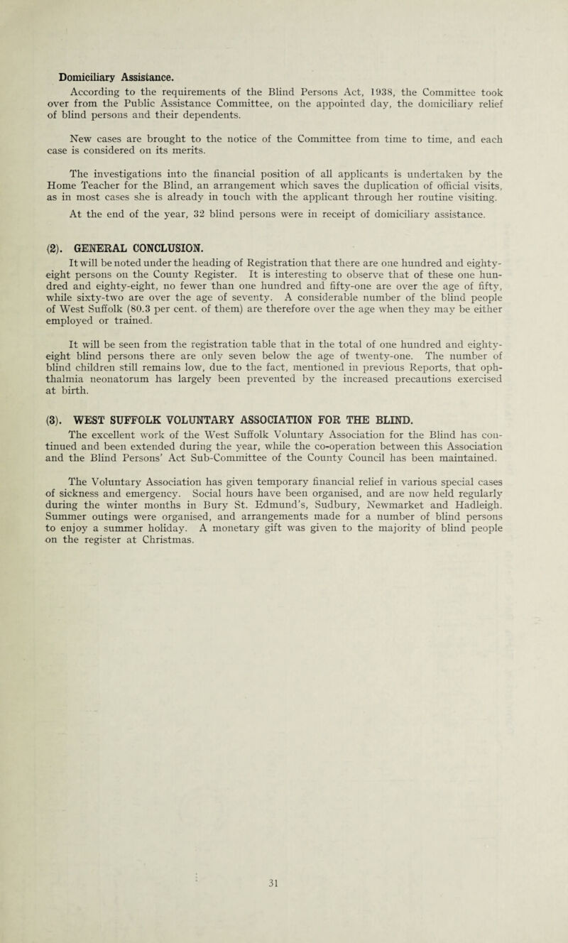 Domiciliary Assistance. According to the requirements of the Blind Persons Act, 1038, the Committee took over from the Public Assistance Committee, on the appointed day, the domiciliary relief of blind persons and their dependents. New cases are brought to the notice of the Committee from time to time, and each case is considered on its merits. The investigations into the financial position of all applicants is undertaken by the Home Teacher for the Blind, an arrangement which saves the duplication of official visits, as in most cases she is already in touch with the applicant through her routine visiting. At the end of the year, 32 blind persons were in receipt of domiciliary assistance. (2) . GENERAL CONCLUSION. It will be noted under the heading of Registration that there are one hundred and eighty- eight persons on the County Register. It is interesting to observe that of these one hun¬ dred and eighty-eight, no fewer than one hundred and fifty-one are over the age of fifty, while sixty-two are over the age of seventy. A considerable number of the blind people of West Suffolk (80.3 per cent, of them) are therefore over the age when they may be either employed or trained. It will be seen from the registration table that in the total of one hundred and eighty- eight blind persons there are only seven below the age of twenty-one. The number of blind children still remains low, due to the fact, mentioned in previous Reports, that oph¬ thalmia neonatorum has largely been prevented by the increased precautions exercised at birth. (3) . WEST SUFFOLK VOLUNTARY ASSOCIATION FOR THE BLIND. The excellent work of the West Suffolk Voluntary Association for the Blind has con¬ tinued and been extended during the year, while the co-operation between this Association and the Blind Persons’ Act Sub-Committee of the County Council has been maintained. The Voluntary Association has given temporary financial relief in various special cases of sickness and emergency. Social hours have been organised, and are now held regularly during the winter months in Bury St. Edmund’s, Sudbury, Newmarket and Hadleigh. Summer outings were organised, and arrangements made for a number of blind persons to enjoy a summer holiday. A monetary gift was given to the majority of blind people on the register at Christmas.