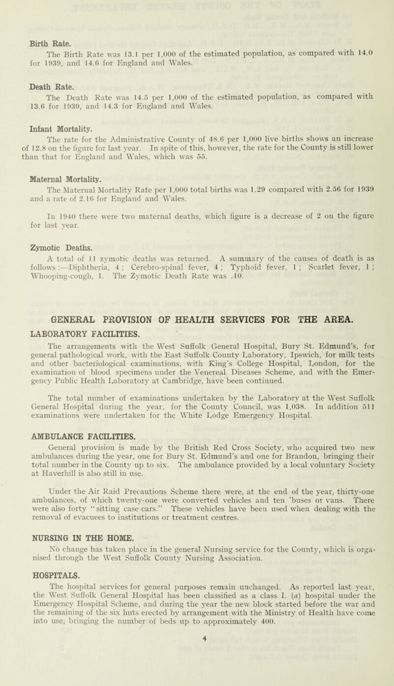 Birth Rate. The Birth Rate was 13.1 per 1,000 of the estimated population, as compared with 14.0 for 1039, and 14.G for England and Wales. Death Rate. The Death Rate was 14.5 per 1,000 of the estimated population, as compared with 13.6 for 1939, and 14.3 for England and Wales. Infant Mortality. The rate for the Administrative County of 48.6 per 1,000 live births shows an increase of 12.8 on the figure for last year. In spite of this, however, the rate for the County is still lower than that for England and Wales, which was 55. Maternal Mortality. The Maternal Mortality Rate per 1,000 total births was 1.29 compared with 2.56 for 1939 and a rate of 2.16 for England and Wales. In 1940 there were two maternal deaths, which figure is a decrease of 2 on the figure for last year. Zymotic Deaths. A total of 11 zymotic deaths was returned. A summary of the causes of death is as follows :—Diphtheria, 4 ; Cerebro-spinal fever, 4 ; Typhoid fever, 1 ; Scarlet fever, 1 ; Whooping-cough, 1. The Zymotic Death Rate was .10. GENERAL PROVISION OF HEALTH SERVICES FOR THE AREA. LABORATORY FACILITIES. The arrangements with the West Suffolk General Hospital, Bury St. Edmund’s, for general pathological work, with the East Suffolk County Laboratory, Ipswich, for milk tests and other bacteriological examinations, with King’s College Hospital, London, for the examination of blood specimens under the Venereal Diseases .Scheme, and with the Emer¬ gency Public Health Laboratory at Cambridge, have been continued. The total number of examinations undertaken by the Laboratory at the West Suffolk General Hospital during the year, for the County Council, was 1,038. In addition 511 examinations were undertaken for the White Lodge Emergency Hospital. AMBULANCE FACILITIES. General provision is made by the British Red Cross Society, who acquired two new ambulances during the year, one for Bury St. Edmund’s and one for Brandon, bringing their total number in the County up to six. The ambulance provided by a local voluntary Society at Haverhill is also still in use. Under the Air Raid Precautions Scheme there were, at the end of the year, thirty-one ambulances, of which twenty-one were converted vehicles and ten ’buses or vans. There were also forty “sitting case cars.” These vehicles have been used when dealing with the removal of evacuees to institutions or treatment centres. NURSING IN THE HOME. No change has taken place in the general Nursing service for the County, which is orga¬ nised through the West Suffolk County Nursing Association. HOSPITALS. The hospital services for general purposes remain unchanged. As reported last year, the West Suffolk General Hospital has been classified as a class I. (a) hospital under the Emergency Hospital Scheme, and during the year the new block started before the war and the remaining of the six huts erected by arrangement with the Ministry of Health have come into use, bringing the number of beds up to approximately 400.