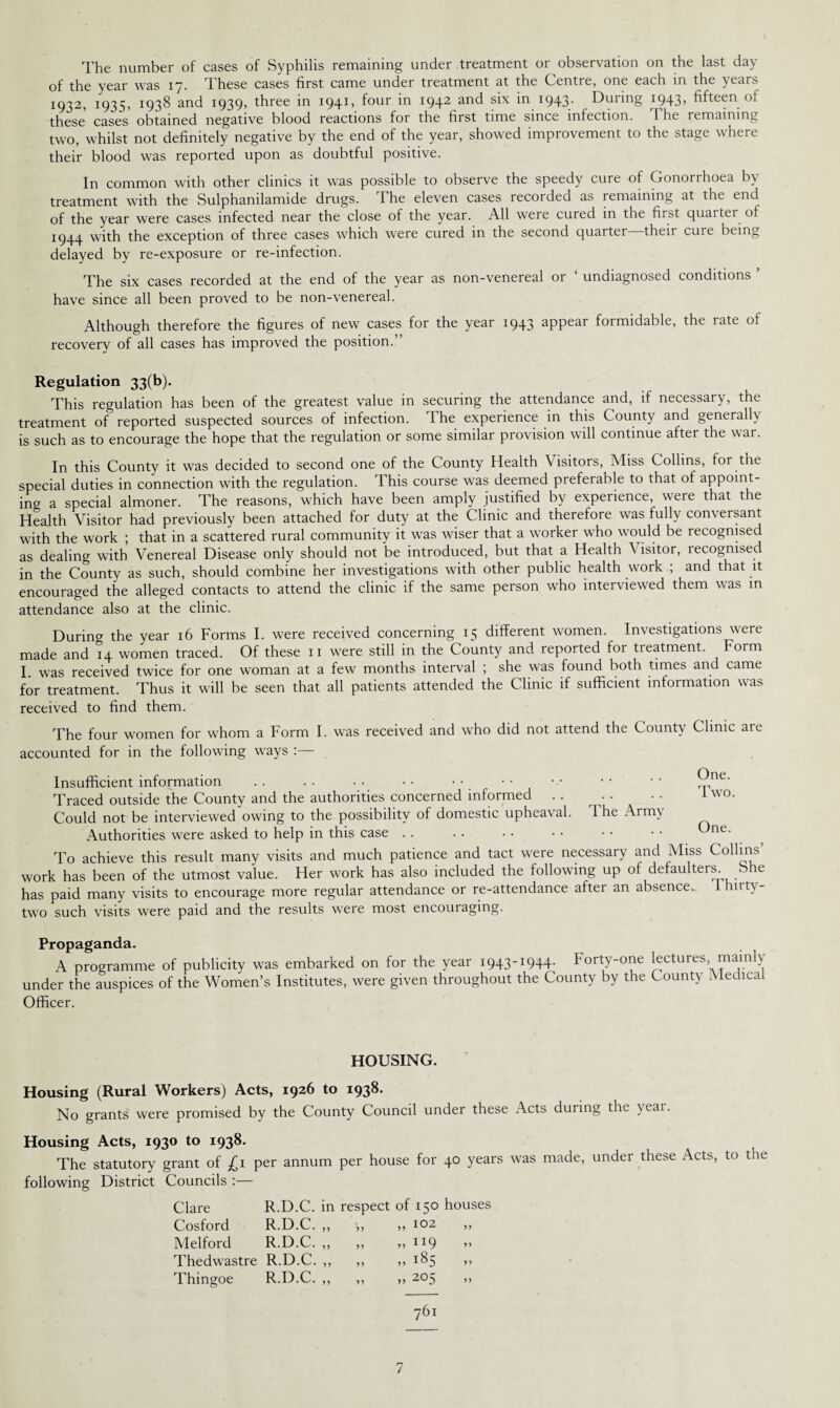 The number of cases of Syphilis remaining under treatment or observation on the last day of the year was 17. These cases first came under treatment at the Centre, one each in the years 1932, 1935, 1938 and 1939, three in 1941, four in 1942 and six in 1943. During 1943, fifteen of these cases obtained negative blood reactions for the first time since infection. The remaining two, whilst not definitely negative by the end of the year, showed improvement to the stage where their blood was reported upon as doubtful positive. In common with other clinics it was possible to observe the speedy cure of Gonorrhoea by treatment with the Sulphanilamide drugs. The eleven cases recorded as remaining at the end of the year were cases infected near the close of the year. All weie cured in the first quarter of 1944 with the exception of three cases which were cured in the second quarter their cure being delayed by re-exposure or re-infection. The six cases recorded at the end of the year as non-venereal or ‘ undiagnosed conditions ’ have since all been proved to be non-venereal. Although therefore the figures of new cases for the year 1943 appear formidable, the rate of recovery of all cases has improved the position. Regulation 33(b). This regulation has been of the greatest value in securing the attendance and, if necessary, the treatment of reported suspected sources of infection. The experience in this County and generally is such as to encourage the hope that the regulation or some similar provision will continue after the war. In this County it was decided to second one of the County Health Visitors, Miss Collins, for the special duties in connection with the regulation. This course was deemed preferable to that of appoint¬ ing a special almoner. The reasons, which have been amply justified by experience, were that the Health Visitor had previously been attached for duty at the Clinic and therefore was fully conversant with the work ; that in a scattered rural community it was wiser that a worker who would be recognised as dealing with Venereal Disease only should not be introduced, but that a Health \ isitor, recognised in the County as such, should combine her investigations with other public health work ; and that it encouraged the alleged contacts to attend the clinic if the same person who interviewed them was in attendance also at the clinic. During the year 16 Forms I. were received concerning 15 different women. Investigations were made and 14 women traced. Of these 11 were still in the County and reported for treatment. Form I. was received twice for one woman at a few months interval ; she was found both times and came for treatment. Thus it will be seen that all patients attended the Clinic if sufficient information was received to find them. The four women for whom a Form I. was received and who did not attend the County Clinic are accounted for in the following ways :— Insufficient information . . . . • • • • ■ • • • • • • • • ' f^ne' Traced outside the County and the authorities concerned informed .. .. • • I wo. Could not be interviewed owing to the possibility of domestic upheaval. The Army Authorities were asked to help in this case. °ne- To achieve this result many visits and much patience and tact were necessary and Miss Collins work has been of the utmost value. Her work has also included the following up of defaulters. She has paid many visits to encourage more regular attendance or re-attendance after an absence. I lrtv- two such visits were paid and the results were most encouraging. Propaganda. A programme of publicity was embarked on for the year 1943-1944. Forty-one lectures, mainly under the auspices of the Women’s Institutes, were given throughout the County by the County Medical Officer. HOUSING. Housing (Rural Workers) Acts, 1926 to 1938. No grants were promised by the County Council under these Acts duiing the \eai. Housing Acts, 1930 to 1938. The statutory grant of £1 per annum per house for 40 years was made, under these Acts, to the following District Councils :— Clare Cosford Melford Thedwastre Thingoe R.D.C. in respect of 150 houses R.D.C. „ „ 102 >> R.D.C. „ >> „ 119 yy R.D.C. „ yy » i85 R.D.C. „ >> „ 205 yy