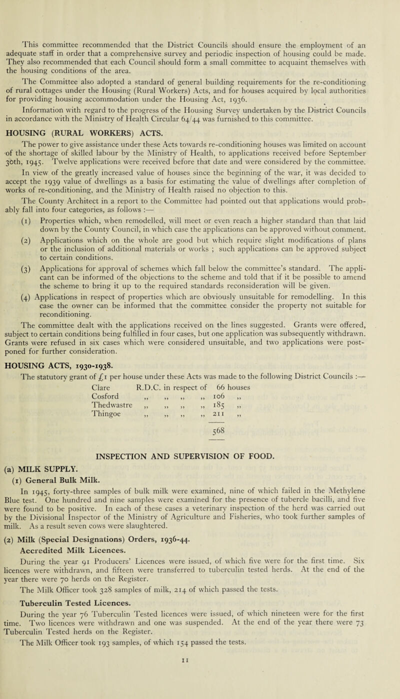 This committee recommended that the District Councils should ensure the employment of an adequate staff in order that a comprehensive survey and periodic inspection of housing could be made. They also recommended that each Council should form a small committee to acquaint themselves with the housing conditions of the area. The Committee also adopted a standard of general building requirements for the re-conditioning of rural cottages under the Housing (Rural Workers) Acts, and for houses acquired by local authorities for providing housing accommodation under the Housing Act, 1936. Information with regard to the progress of the Housing Survey undertaken by the District Councils in accordance with the Ministry of Health Circular 64/44 was furnished to this committee. HOUSING (RURAL WORKERS) ACTS. The power to give assistance under these Acts towards re-conditioning houses was limited on account of the shortage of skilled labour by the Ministry of Health, to applications received before September 36th, 1945. Twelve applications were received before that date and were considered by the committee. In view of the greatly increased value of houses since the beginning of the war, it was decided to accept the 1939 value of dwellings as a basis for estimating the value of dwellings after completion of works of re-conditioning, and the Ministry of Health raised no objection to this. The County Architect in a report to the Committee had pointed out that applications would prob¬ ably fall into four categories, as follows :—- (1) Properties which, when remodelled, will meet or even reach a higher standard than that laid down by the County Council, in which case the applications can be approved without comment. (2) Applications which on the whole are good but which require slight modifications of plans or the inclusion of additional materials or works ; such applications can be approved subject to certain conditions. (3) Applications for approval of schemes which fall below the committee’s standard. The appli¬ cant can be informed of the objections to the scheme and told that if it be possible to amend the scheme to bring it up to the required standards reconsideration will be given. (4) Applications in respect of properties which are obviously unsuitable for remodelling. In this case the owner can be informed that the committee consider the property not suitable for reconditioning. The committee dealt with the applications received on the lines suggested. Grants were offered, subject to certain conditions being fulfilled in four cases, but one application was subsequently withdrawn. Grants were refused in six cases which were considered unsuitable, and two applications were post¬ poned for further consideration. HOUSING ACTS, 1930-1938. The statutory grant of £1 per house under these Acts was made to the following District Councils :— Clare R.D.C. in respect, of 66 houses Cosford >> yy yy yy 106 Thedwastre >> yy yy yy 185 Thingoe yy yy yy yy 211 568 INSPECTION AND SUPERVISION OF FOOD. (a) MILK SUPPLY. (1) General Bulk Milk. In 1945, forty-three samples of bulk milk were examined, nine of which failed in the Methylene Blue test. One hundred and nine samples were examined for the presence of tubercle bacilli, and five were found to be positive. In each of these cases a veterinary inspection of the herd was carried out by the Divisional Inspector of the Ministry of Agriculture and Fisheries, who took further samples of milk. As a result seven cows were slaughtered. (2) Milk (Special Designations) Orders, 1936-44. Accredited Milk Licences. During the year 91 Producers’ Licences were issued, of which five were for the first time. Six licences were withdrawn, and fifteen were transferred to tuberculin tested herds. At the end of the year there were 70 herds on the Register. The Milk Officer took 328 samples of milk, 214 of which passed the tests. Tuberculin Tested Licences. During the year 76 Tuberculin Tested licences were issued, of which nineteen were for the first time. Two licences wrere withdrawn and one was suspended. At the end of the year there were 73 Tuberculin Tested herds on the Register. The Milk Officer took 193 samples, of which 154 passed the tests.