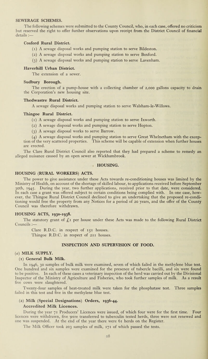 SEWERAGE SCHEMES. The following schemes were submitted to the County Council, who, in each case, offered no criticism but reserved the right to offer further observations upon receipt from the District Council of financial details :— Cosford Rural District. (1) A sewage disposal works and pumping station to serve Bildeston. (2) A sewage disposal works and pumping station to serve Boxford. (3) A sewage disposal works and pumping station to serve Lavenham. Haverhill Urban District. The extension of a sewer. Sudbury Borough. The erection of a pump-house with a collecting chamber of 2,000 gallons capacity to drain the Corporation’s new housing site. Thedwastre Rural District. A sewage disposal works and pumping station to serve Walsham-le-Willows. Thingoe Rural District. (1) A sewage disposal works and pumping station to serve Ixworth. (2) A sewage disposal works and pumping station to serve Hopton. (3) A sewage disposal works to serve Barrow. (4) A sewage disposal works and pumping station to serve Great Whelnetham with the excep¬ tion of the very scattered properties. This scheme will be capable of extension when further houses are erected. The Clare Rural District Council also reported that they had prepared a scheme to remedy an alleged nuisance caused by an open sewer at Wickhambrook. HOUSING. HOUSING (RURAL WORKERS) ACTS. The power to give assistance under these Acts towards re-conditioning houses was limited by the Ministry of Health, on account of the shortage of skilled labour, to applications received before September 30th, 1945. During the year, two further applications, received prior to that date, were considered. In each case a grant was offered subject to certain conditions being complied with. In one case, how¬ ever, the Thingoe Rural District Council declined to give an undertaking that the proposed re-condi¬ tioning would free the property from any Notices for a period of 20 years, and the offer of the County Council was therefore withdrawn. HOUSING ACTS, 1930-1938. The statutory grant of £1 per house under these Acts was made to the following Rural District Councils :— Clare R.D.C. in respect of 151 houses. Thingoe R.D.C. in respect of 211 houses. INSPECTION AND SUPERVISION OF FOOD. (a) MILK SUPPLY. (1) General Bulk Milk. In 1946, 30 samples of bulk milk were examined, seven of which failed in the methylene blue test. One hundred and six samples were examined for the presence of tubercle bacilli, and six were found to be positive. In each of these cases a veterinary inspection of the herd was carried out by the Divisional Inspector of the Ministry of Agriculture and Fisheries, who took further samples of milk. As a result five cows were slaughtered. Twenty-four samples of heat-treated milk were taken for the phosphatase test. Three samples failed in this test and five in the methylene blue test. (2) Milk (Special Designations) Orders, 1936-44. Accredited Milk Licences. During the year 71 Producers’ Licences were issued, of which four were for the first time. Four licences were withdrawn, five were transferred to tuberculin tested herds, three were not renewed and one was suspended. At the end of the year there were 61 herds on the Register. The Milk Officer took 203 samples of milk, 171 of which passed the tests.