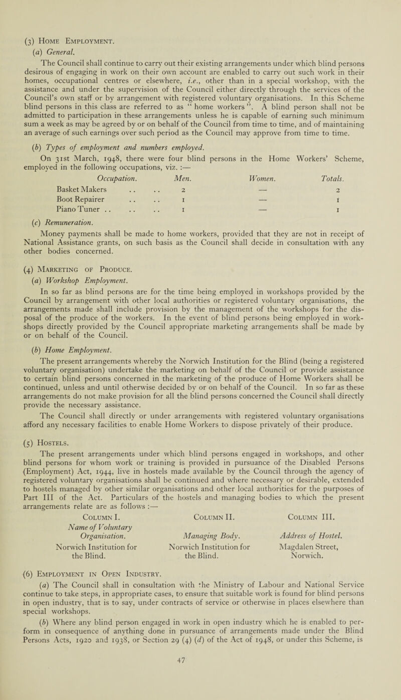 (3) Home Employment. (a) General. The Council shall continue to carry out their existing arrangements under which blind persons desirous of engaging in work on their own account are enabled to carry out such work in their homes, occupational centres or elsewhere, i.e., other than in a special workshop, with the assistance and under the supervision of the Council either directly through the services of the Council’s own staff or by arrangement with registered voluntary organisations. In this Scheme blind persons in this class are referred to as “ home workers”. A blind person shall not be admitted to participation in these arrangements unless he is capable of earning such minimum sum a week as may be agreed by or on behalf of the Council from time to time, and of maintaining an average of such earnings over such period as the Council may approve from time to time. (b) Types of employment and numbers employed. On 31st March, 1948, there were employed in the following occupations, four blind viz. :— persons in the Home Workers’ Scheme, Occupation. Men. Women. Totals. Basket Makers 2 — 't Boot Repairer 1 — 1 Piano Tuner .. (c) Remuneration. 1 1 Money payments shall be made to home workers, provided that they are not in receipt of National Assistance grants, on such basis as the Council shall decide in consultation with any other bodies concerned. (4) Marketing of Produce. (a) Workshop Employment. In so far as blind persons are for the time being employed in workshops provided by the Council by arrangement with other local authorities or registered voluntary organisations, the arrangements made shall include provision by the management of the workshops for the dis¬ posal of the produce of the workers. In the event of blind persons being employed in work¬ shops directly provided by the Council appropriate marketing arrangements shall be made by or on behalf of the Council. (b) Home Employment. The present arrangements whereby the Norwich Institution for the Blind (being a registered voluntary organisation) undertake the marketing on behalf of the Council or provide assistance to certain blind persons concerned in the marketing of the produce of Home Workers shall be continued, unless and until otherwise decided by or on behalf of the Council. In so far as these arrangements do not make provision for all the blind persons concerned the Council shall directly provide the necessary assistance. The Council shall directly or under arrangements with registered voluntary organisations afford any necessary facilities to enable Home Workers to dispose privately of their produce. (5) Hostels. The present arrangements under which blind persons engaged in workshops, and other blind persons for whom work or training is provided in pursuance of the Disabled Persons (Employment) Act, 1944, live in hostels made available by the Council through the agency of registered voluntary organisations shall be continued and where necessary or desirable, extended to hostels managed by other similar organisations and other local authorities for the purposes of Part III of the Act. Particulars of the hostels and managing bodies to which the present arrangements relate are as follows :— Column I. Column II. Column III. Name of Voluntary Organisation. Norwich Institution for the Blind. Managing Body. Norwich Institution for the Blind. Address of Hostel. Magdalen Street, Norwich. (6) Employment in Open Industry. (a) The Council shall in consultation with the Ministry of Labour and National Service continue to take steps, in appropriate cases, to ensure that suitable work is found for blind persons in open industry, that is to say, under contracts of service or otherwise in places elsewhere than special workshops. (b) Where any blind person engaged in work in open industry which he is enabled to per¬ form in consequence of anything done in pursuance of arrangements made under the Blind Persons Acts, 1920 and 1938, or Section 29 (4) (d) of the Act of 1948, or under this Scheme, is