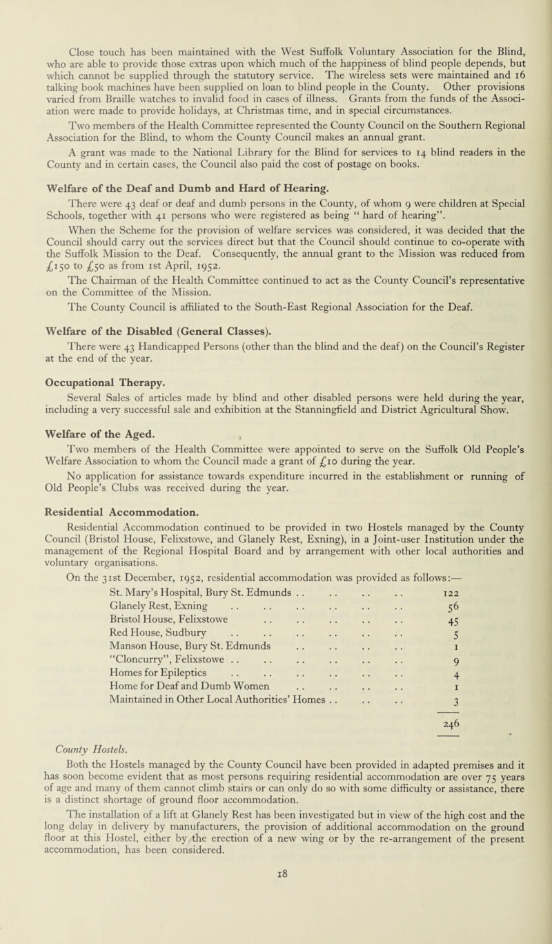 Close touch has been maintained with the West Suffolk Voluntary Association for the Blind, who are able to provide those extras upon which much of the happiness of blind people depends, but which cannot be supplied through the statutory service. The wireless sets were maintained and 16 talking book machines have been supplied on loan to blind people in the County. Other provisions varied from Braille watches to invalid food in cases of illness. Grants from the funds of the Associ¬ ation were made to provide holidays, at Christmas time, and in special circumstances. Two members of the Health Committee represented the County Council on the Southern Regional Association for the Blind, to whom the County Council makes an annual grant. A grant was made to the National Library for the Blind for services to 14 blind readers in the County and in certain cases, the Council also paid the cost of postage on books. Welfare of the Deaf and Dumb and Hard of Hearing. There were 43 deaf or deaf and dumb persons in the County, of whom 9 were children at Special Schools, together with 41 persons who were registered as being “ hard of hearing”. When the Scheme for the provision of welfare services was considered, it was decided that the Council should carry out the services direct but that the Council should continue to co-operate with the Suffolk Mission to the Deaf. Consequently, the annual grant to the Mission was reduced from £150 to £50 as from 1st April, 1952. The Chairman of the Health Committee continued to act as the County Council’s representative on the Committee of the Mission. The County Council is affiliated to the South-East Regional Association for the Deaf. Welfare of the Disabled (General Classes). There were 43 Handicapped Persons (other than the blind and the deaf) on the Council’s Register at the end of the year. Occupational Therapy. Several Sales of articles made by blind and other disabled persons were held during the year, including a very successful sale and exhibition at the Stanningfield and District Agricultural Show. Welfare of the Aged. , Two members of the Health Committee were appointed to serve on the Suffolk Old People’s Welfare Association to whom the Council made a grant of £10 during the year. No application for assistance towards expenditure incurred in the establishment or running of Old People’s Clubs was received during the year. Residential Accommodation. Residential Accommodation continued to be provided in two Hostels managed by the County Council (Bristol House, Felixstowe, and Glanely Rest, Exning), in a Joint-user Institution under the management of the Regional Hospital Board and by arrangement with other local authorities and voluntary organisations. On the 31st December, 1952, residential accommodation was provided as follows:— St. Mary’s Hospital, Bury St. Edmunds .. .. . . . . 122 Glanely Rest, Exning . . . . .. .. . . .. 56 Bristol House, Felixstowe .. .. . . .. . . 45 Red House, Sudbury . . . . . . .. .. . . 5 Manson House, Bury St. Edmunds .. .. .. . . 1 “Cloncurry”, Felixstowe .. .. .. .. .. .. 9 Homes for Epileptics .. .. .. .. .. .. 4 Home for Deaf and Dumb Women . . .. . . .. 1 Maintained in Other Local Authorities’ Homes 246 County Hostels. Both the Hostels managed by the County Council have been provided in adapted premises and it has soon become evident that as most persons requiring residential accommodation are over 75 years of age and many of them cannot climb stairs or can only do so with some difficulty or assistance, there is a distinct shortage of ground floor accommodation. The installation of a lift at Glanely Rest has been investigated but in view of the high cost and the long delay in delivery by manufacturers, the provision of additional accommodation on the ground floor at this Hostel, either by the erection of a new wing or by the re-arrangement of the present accommodation, has been considered.