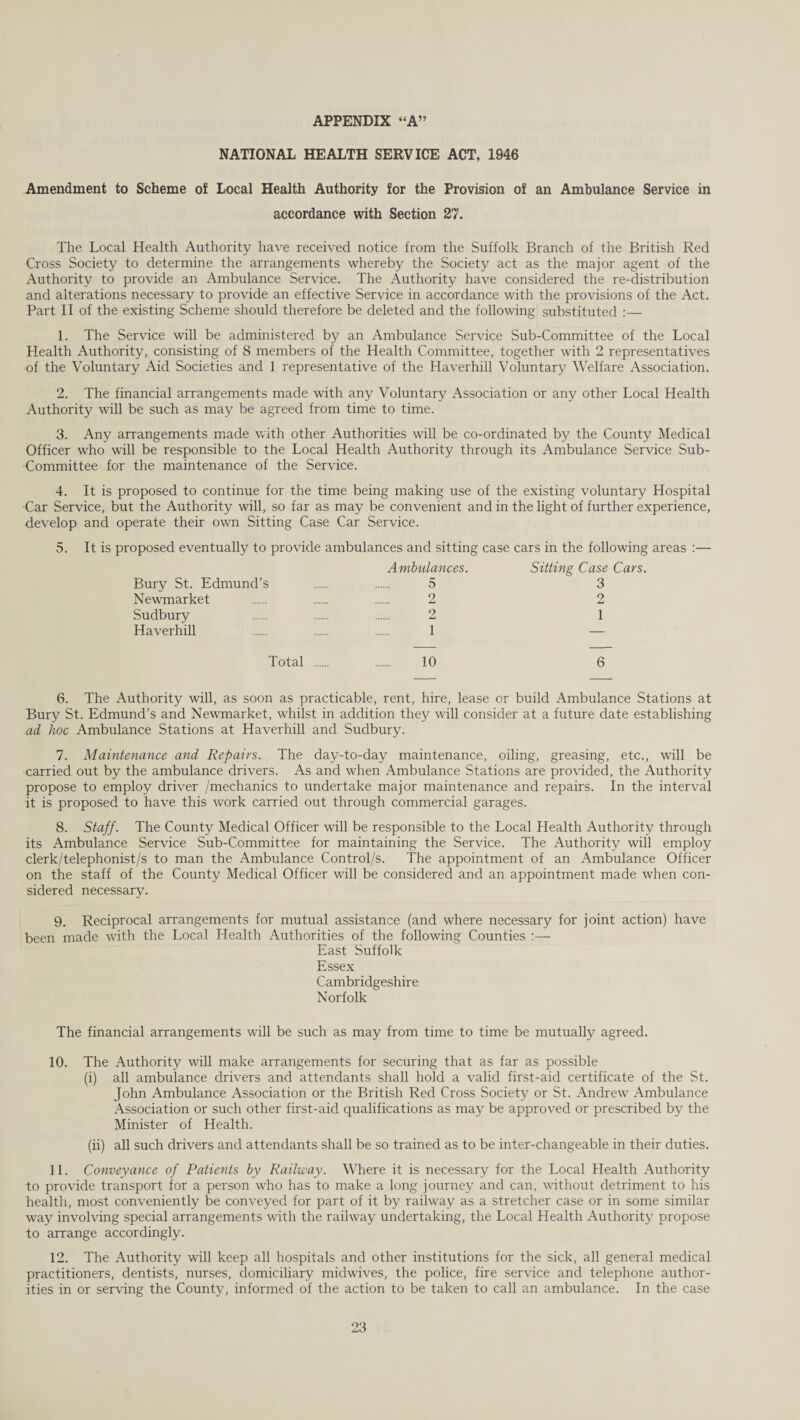 NATIONAL HEALTH SERVICE ACT, 1946 Amendment to Scheme of Local Health Authority for the Provision of an Ambulance Service in accordance with Section 27. The Local Health Authority have received notice from the Suffolk Branch of the British Red Cross Society to determine the arrangements whereby the Society act as the major agent of the Authority to provide an Ambulance Service. The Authority have considered the re-distribution and alterations necessary to provide an effective Service in accordance with the provisions of the Act. Part II of the existing Scheme should therefore be deleted and the following substituted :— 1. The Service will be administered by an Ambulance Service Sub-Committee of the Local Health Authority, consisting of 8 members of the Health Committee, together with 2 representatives of the Voluntary Aid Societies and 1 representative of the Haverhill Voluntary Welfare Association. 2. The financial arrangements made with any Voluntary Association or any other Local Health Authority will be such as may be agreed from time to time. 3. Any arrangements made with other Authorities will be co-ordinated by the County Medical Officer who will be responsible to the Local Health Authority through its Ambulance Service Sub- Committee for the maintenance of the Service. 4. It is proposed to continue for the time being making use of the existing voluntary Hospital Car Service, but the Authority will, so far as may be convenient and in the light of further experience, develop and operate their own Sitting Case Car Service. 5. It is proposed eventually to provide ambulances and sitting case cars in the following areas :— Ambulances. Sitting Case Cars. Bury St. Edmund’s . 5 3 Newmarket . 2 2 Sudbury 2 1 Haverhill 1 — Total . 10 6 6. The Authority will, as soon as practicable, rent, hire, lease or build Ambulance Stations at Bury St. Edmund’s and Newmarket, whilst in addition they will consider at a future date establishing ad hoc Ambulance Stations at Haverhill and Sudbury. 7. Maintenance and Repairs. The day-to-day maintenance, oiling, greasing, etc., will be carried out by the ambulance drivers. As and when Ambulance Stations are provided, the Authority propose to employ driver /mechanics to undertake major maintenance and repairs. In the interval it is proposed to have this work carried out through commercial garages. 8. Staff. The County Medical Officer will be responsible to the Local Health Authority through its Ambulance Service Sub-Committee for maintaining the Service. The Authority will employ clerk/telephonist/s to man the Ambulance Control/s. The appointment of an Ambulance Officer on the staff of the County Medical Officer will be considered and an appointment made when con¬ sidered necessary. 9. Reciprocal arrangements for mutual assistance (and where necessary for joint action) have been made with the Local Health Authorities of the following Counties :— East Suffolk Essex Cambridgeshire Norfolk The financial arrangements will be such as may from time to time be mutually agreed. 10. The Authority will make arrangements for securing that as far as possible (i) all ambulance drivers and attendants shall hold a valid first-aid certificate of the St. John Ambulance Association or the British Red Cross Society or St. Andrew’ Ambulance Association or such other first-aid qualifications as may be approved or prescribed by the Minister of Health. (ii) all such drivers and attendants shall be so trained as to be inter-changeable in their duties. 11. Conveyance of Patients by Railway. Where it is necessary for the Local Health Authority to provide transport for a person who has to make a long journey and can, without detriment to his health, most conveniently be conveyed for part of it by railway as a stretcher case or in some similar way involving special arrangements with the railway undertaking, the Local Health Authority propose to arrange accordingly. 12. The Authority will keep all hospitals and other institutions for the sick, all general medical practitioners, dentists, nurses, domiciliary midwives, the police, fire service and telephone author¬ ities in or serving the County, informed of the action to be taken to call an ambulance. In the case