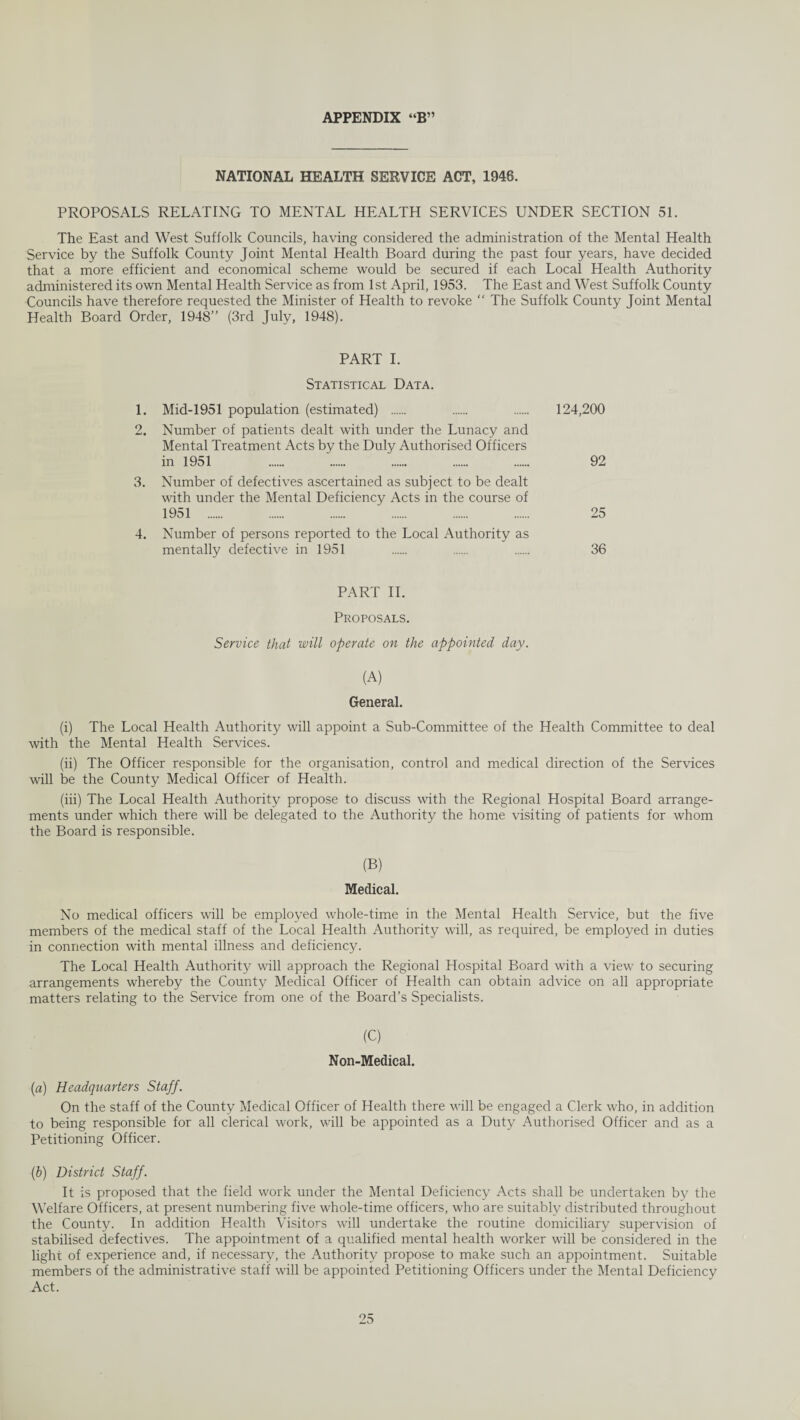 NATIONAL HEALTH SERVICE ACT, 1946. PROPOSALS RELATING TO MENTAL HEALTH SERVICES UNDER SECTION 51. The East and West Suffolk Councils, having considered the administration of the Mental Health Service by the Suffolk County Joint Mental Health Board during the past four years, have decided that a more efficient and economical scheme would be secured if each Local Health Authority administered its own Mental Health Service as from 1st April, 1953. The East and West Suffolk County Councils have therefore requested the Minister of Health to revoke “ The Suffolk County Joint Mental Health Board Order, 1948” (3rd July, 1948). PART I. Statistical Data. 1. Mid-1951 population (estimated) . . . 124,200 2. Number of patients dealt with under the Lunacy and Mental Treatment Acts by the Duly Authorised Officers in 1951 . . . . . 92 3. Number of defectives ascertained as subject to be dealt with under the Mental Deficiency Acts in the course of 1951 . 25 4. Number of persons reported to the Local Authority as mentally defective in 1951 . . . 36 PART II. Proposals. Service that will operate on the appointed day. (A) General. (i) The Local Health Authority will appoint a Sub-Committee of the Health Committee to deal with the Mental Health Services. (ii) The Officer responsible for the organisation, control and medical direction of the Services will be the County Medical Officer of Health. (iii) The Local Health Authority propose to discuss with the Regional Hospital Board arrange¬ ments under which there will be delegated to the Authority the home visiting of patients for whom the Board is responsible. (B) Medical. No medical officers will be employed whole-time in the Mental Health Service, but the five members of the medical staff of the Local Health Authority will, as required, be employed in duties in connection with mental illness and deficiency. The Local Health Authority will approach the Regional Hospital Board with a view to securing arrangements whereby the County Medical Officer of Health can obtain advice on all appropriate matters relating to the Service from one of the Board’s Specialists. (C) Non-Medical. (a) Headquarters Staff. On the staff of the County Medical Officer of Health there will be engaged a Clerk who, in addition to being responsible for all clerical work, will be appointed as a Duty Authorised Officer and as a Petitioning Officer. (b) District Staff. It is proposed that the field work under the Mental Deficiency Acts shall be undertaken by the Welfare Officers, at present numbering five whole-time officers, who are suitably distributed throughout the County. In addition Health Visitors will undertake the routine domiciliary supervision of stabilised defectives. The appointment of a qualified mental health worker will be considered in the light of experience and, if necessary, the Authority propose to make such an appointment. Suitable members of the administrative staff will be appointed Petitioning Officers under the Mental Deficiency Act.
