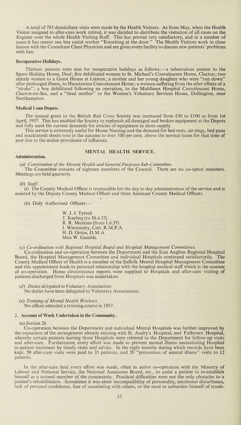 A totaFof 783 domiciliary visits were made by the Health Visitors. As from May, when the Health Visitor assigned to after-care work retired, it was decided to distribute the visitation of all cases on the Register over the whole Health Visiting Staff. This has proved very satisfactory, and in a number of cases it has meant one less social worker “Knocking at the door.” The Health Visitors work in close liaison with the Consultant Chest Physician and are given every facility to discuss new patients’ problems with him. Recuperative Holidays. Thirteen persons were sent for recuperative holidays as follows:—a tuberculous patient to the Spero Holiday Home, Deal; five debilitated women to St. Michael’s Convalescent Home, Clacton; two elderly women to a Guest House at Leiston; a mother and her young daughter who were “run down” after prolonged illness, to Hunstanton Convalescent Home; a woman suffering from the after effects of a “stroke”; a boy debilitated following an operation, to the Middlesex Hospital Convalescent Home, Clacton-on-Sea, and a “tired mother” to the Women’s Voluntary Services Home, Dallington, near Northampton. Medical Loan Depots. The annual grant to the British Red Cross Society was increased from £50 to £100 as from 1st April, 1957. This has enabled the Society to replenish all damaged and broken equipment at the Depots and fully meet the current demands for articles of equipment in short supply. This service is extremely useful for Home Nursing and the demand for bed rests, air rings, bed pans and mackintosh sheets rose in the autumn to over 100 per cent, above the normal loans for that time of year due to the undue prevalence of influenza. MENTAL HEALTH SERVICE. Administration. (а) Constitution of the Mental Health and General Purposes Sub-Committee. The Committee consists of eighteen members of the Council. There are no co-opted members. Meetings are held quarterly. (б) Staff. (i) The County Medical Officer is responsible for the day to day administration of the service and is assisted by the Deputy County Medical Officer and three Assistant County Medical Officers. J (ii) Duly Authorised Officers:— W. J. J. Tyrrell T. Keeling (to 30.4.57) R. R. Meakins (from 1.6.57) J. Winstanley, Cert. R.M.P.A. H. D. Orriss, D.M.A. Miss W. Gamble. (c) Co-ordination with Regional Hospital Board and Hospital Management Committees. Co-ordination and co-operation between the Department and the East Anglian Regional Hospital Board, the Hospital Management Committee and individual Hospitals continued satisfactorily. The County Medical Officer of Health is a member of the Suffolk Mental Hospital Management Committee and this appointment leads to personal relationship with the hospital medical staff which is the essence of co-operation. Home circumstance reports were supplied to Hospitals and after-care visiting of patients discharged from Hospitals was undertaken. (d) Duties delegated to Voluntary Associations. No duties have been delegated to Voluntary Associations. (e) Training of Mental Health Workers. No officer attended a training course in 1957. 2. Account of Work Undertaken in the Community. (a) Section 28. Co-operation between the Department and individual Mental Hospitals was further improved by the expansion of the arrangement already existing with St. Audry’s Hospital, and Fulbourn Hospital, whereby certain patients leaving those Hospitals were referred to the Department for follow-up visits and after-care. Furthermore, every effort was made to prevent mental illness necessitating Hospital in-patient treatment by timely visits and advice. In the eight months during which records have been kept, 59 after-care visits were paid to 35 patients, and 20 “prevention of mental illness” visits to 12 patients. In the after-care field every effort was made, often in active co-operation with the Ministry of Labour and National Service, the National Assistance Board, etc., to assist a patient to re-establish himself as a normal member of the community. Practical difficulties were not the only obstacles to a patient’s rehabilitation. Sometimes it was sheer incompatibility of personality, emotional disturbance, lack of personal confidence, fear of associating with others, or the need to unburden himself of troub-