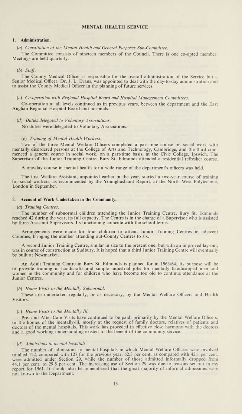 MENTAL HEALTH SERVICE I. Administration. (a) Constitution of the Mental Health and General Purposes Sub-Committee. The Committee consists of nineteen members of the Council. There is one co-opted member. Meetings are held quarterly. (b) Staff. The County Medical Officer is responsible for the overall administration of the Service but a Senior Medical Officer, Dr. J. L. Evans, was appointed to deal with the day-to-day administration and to assist the County Medical Officer in the planning of future services. (c) Co-operation with Regional Hospital Board and Hospital Management Committees. Co-operation at all levels continued as in previous years, between the department and the East Anglian Regional Hospital Board and hospitals. (d) Duties delegated to Voluntary Associations. No duties were delegated to Voluntary Associations. (e) Training of Mental Health Workers. Two of the three Mental Welfare Officers completed a part-time course on social work with mentally disordered persons at the College of Arts and Technology, Cambridge, and the third com¬ menced a general course in social work, on a part-time basis, at the Civic College, Ipswich. The Supervisor of the Junior Training Centre, Bury St. Edmunds attended a residential refresher course. A one-day course in mental health for a wide range of the department’s officers was held. The first Welfare Assistant, appointed earlier in the year, started a two-year course of training for social workers, as recommended by the Younghusband Report, at the North West Polytechnic, London in September. 2. Account of Work Undertaken in the Community. (a) Training Centres. The number of subnormal children attending the Junior Training Centre, Bury St. Edmunds reached 42 during the year, its full capacity. The Centre is in the charge of a Supervisor who is assisted by three Assistant Supervisors. Its functioning coincide with the school terms. Arrangements were made for four children to attend Junior Training Centres in adjacent Counties, bringing the number attending out-County Centres to six. A second Junior Training Centre, similar in size to the present one, but with an improved lay-out, was in course of construction at Sudbury. It is hoped that a third Junior Training Centre will eventually be built at Newmarket. An Adult Training Centre in Bury St. Edmunds is planned for in 1963/64. Its purpose will be to provide training in handicrafts and simple industrial jobs for mentally handicapped men and women in the community and for children who have become too old to continue attendance at the Junior Centres. (b) Home Visits to the Mentally Subnormal. These are undertaken regularly, or as necessary, by the Mental Welfare Officers and Health Visitors. (c) Home Visits to the Mentally III. Pre- and After-Care Visits have continued to be paid, primarily by the Mental Welfare Officers, to the homes of the mentally-ill. mostly at the request of family doctors, relatives of patients and doctors of the mental hospitals. This work has proceded in effective close harmony with the doctors and a good working understanding existed to the benefit of the community service. (d) Admissions to mental hospitals. The number of admissions to mental hospitals in which Mental Welfare Officers were involved totalled 122, compared with 127 for the previous year. 62.3 per cent, as compared with 42.1 per cent, were admitted under Section 29, while the number of those admitted informally dropped from 44.1 per cent, to 29.5 per cent. The increasing use of Section 29 was due to reasons set out in my report for 1961. It should also be remembered that the great majority of informal admissions were not known to the Department.