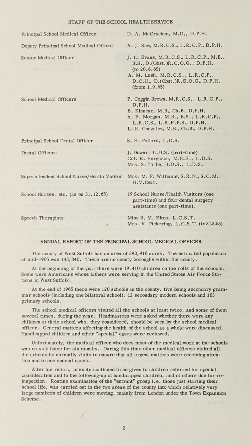 STAFF OF THE SCHOOL HEALTH SERVICE Principal School Medical Officer Deputy Principal School Medical Officer Senior Medical Officer School Medical Officers Principal School Dental Officer Dental Officers Superintendent School Nurse/Health Visitor School Nurses, etc. (as on 31.12.65) Speech Therapists D. A. McCracken, M.D., D.P.H. A. J. Rae, M.R.C.S., L.R.C.P., D.P.H. J. L. Evans, M.R.C.S., L.R.C.P., M.B., B.S., D.(Obst.)R.C.O.G., D.P.H. (to 20.6.65) A. M. Lush, M.R.C.S., L.R.C.P., D.C.H., D.(Obst.)R.C.O.G., D.P.H. (from 1.9.65) P. Coggin Brown, M.R.C.S., L.R.C.P., D.P.H. E. Kinnear, M.B., Ch.B., D.P.H. A. F. Morgan, M.B., B.S., L.R.C.P., L.R.C.S., L.R.F.P.S., D.P.H. L. B. Gonzalez, M.B., Ch.B., D.P.H. S. H. Pollard, L.D.S. J. Dewar, L.D.S. (part-time) Col. E. Ferguson, M.B.E., L.D.S. Mrs. S. Tribe, B.D.S., L.D.S. Mrs. M. P. Williams, S.R.N., S.C.M., H.V.Cert. 19 School Nurse/Health Visitors (one part-time) and four dental surgery assistants (one part-time). Miss B. M. Elton, L.C.S.T. Mrs. V. Pickering, L.C.S.T. (to3l.3.65) ANNUAL REPORT OF THE PRINCIPAL SCHOOL MEDICAL OFFICER The county of West Suffolk has an area of 390,916 acres. The estimated population at mid-1965 was 143, 340. There are no county boroughs within the county. At the beginning of the year there were 19,410 children on the rolls of the schools. Some were Americans whose fathers were serving in the United States Air Force Sta¬ tions in West Suffolk. At the end of 1965 there were 120 schools in the county, five being secondary gram¬ mar schools (including one bilateral school), 12 secondary modem schools and 103 primary schools. The school medical officers visited all the schools at least twice, and some of them several times, during the year. Headmasters were asked whether there were any children at their school who, they considered, should be seen by the school medical officer. General matters affecting the health of the school as a whole were discussed. Handicapped children and other special cases were reviewed. Unfortunately, the medical officer who does most of the medical work at the schools was on sick leave for six months. During this time other medical officers visited all the schools he normally visits to ensure that all urgent matters were receiving atten¬ tion and to see special cases. After his return, priority continued to be given to children referred for special consideration and to the following-up of handicapped children, and of others due for re¬ inspection. Routine examination of the entrant group i.e. those just starting their school life, was carried out in the two areas of the county into which relatively very large numbers of children were moving, mainly from London under the Town Expansion Scheme.
