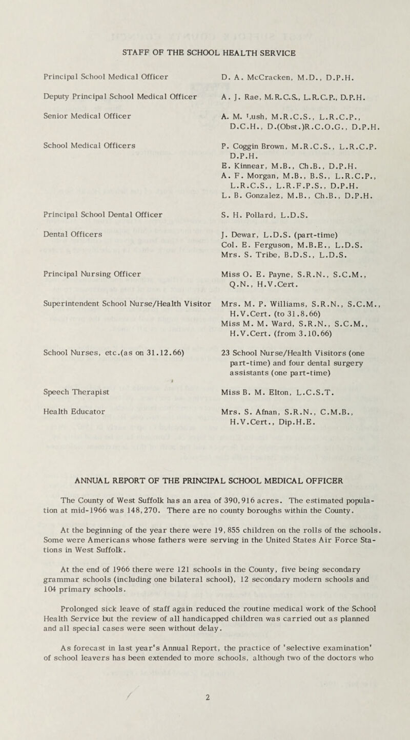 STAFF OF THE SCHOOL HEALTH SERVICE Principal School Medical Officer Deputy Principal School Medical Officer Senior Medical Officer School Medical Officers Principal School Dental Officer Dental Officers Principal Nursing Officer Superintendent School Nurse/Health Visitor School Nurses, etc.(as on 31.12.66) I Speech Therapist Health Educator D. A. McCracken, M.D., D.P.H. A. J. Rae, M.R.C.S., L.R.C.P., D.P.H. A. M. Lush, M.R.C.S., L.R.C.P., D.C.H., D.(Obst.)R.C.O.G., D.P.H P. Coggin Brown, M.R.C.S., L.R.C.P. D.P.H. E. Kinnear, M.B., Ch.B., D.P.H. A. F. Morgan, M.B., B.S., L.R.C.P., L.R.C.S., L.R.F.P.S., D.P.H. L. B. Gonzalez, M.B., Ch.B., D.P.H. S. H. Pollard, L.D.S. J. Dewar, L.D.S. (part-time) Col. E. Ferguson, M.B.E., L.D.S. Mrs. S. Tribe, B.D.S., L.D.S. Miss O. E. Payne, S.R.N., S.C.M., Q.N., H.V.Cert. Mrs. M. P. Williams, S.R.N., S.C.M. H.V.Cert. (to 31.8.66) MissM. M. Ward, S.R.N., S.C.M., H.V.Cert. (from 3.10.66) 23 School Nurse/Health Visitors (one part-time) and four dental surgery assistants (one part-time) Miss B. M. Elton, L.C.S.T. Mrs. S. Afnan, S.R.N., C.M.B., H.V.Cert., Dip.H.E. ANNUAL REPORT OF THE PRINCIPAL SCHOOL MEDICAL OFFICER The County of West Suffolk has an area of 390,916 acres. The estimated popula¬ tion at mid-1966 was 148,270. There are no county boroughs within the County. At the beginning of the year there were 19, 855 children on the rolls of the schools Some were Americans whose fathers were serving in the United States Air Force Sta¬ tions in West Suffolk. At the end of 1966 there were 121 schools in the County, five being secondary grammar schools (including one bilateral school), 12 secondary modern schools and 104 primary schools. Prolonged sick leave of staff again reduced the routine medical work of the School Health Service but the review of all handicapped children was carried out as planned and all special cases were seen without delay. As forecast in last year's Annual Report, the practice of 'selective examination' of school leavers has been extended to more schools, although two of the doctors who
