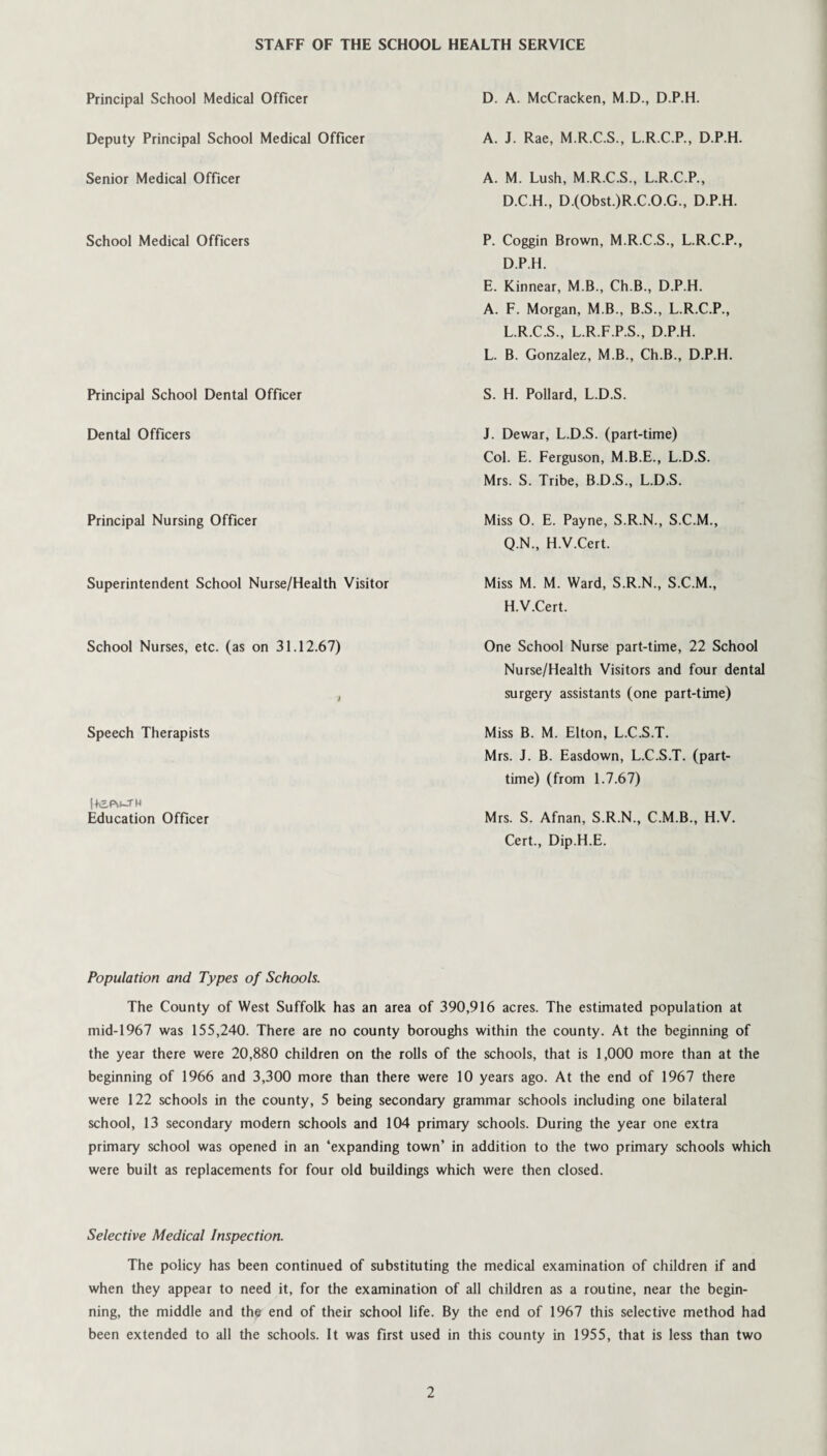 STAFF OF THE SCHOOL HEALTH SERVICE Principal School Medical Officer Deputy Principal School Medical Officer Senior Medical Officer School Medical Officers Principal School Dental Officer Dental Officers Principal Nursing Officer Superintendent School Nurse/Health Visitor School Nurses, etc. (as on 31.12.67) 4 Speech Therapists ifoPU-TM Education Officer D. A. McCracken, M.D., D.P.H. A. J. Rae, M.R.C.S., L.R.C.P., D.P.H. A. M. Lush, M.R.C.S., L.R.C.P., D.C.H., D.(Obst.)R.C.O.G., D.P.H. P. Coggin Brown, M.R.C.S., L.R.C.P., D.P.H. E. Kinnear, M.B., Ch.B., D.P.H. A. F. Morgan, M.B., B.S., L.R.C.P., L.R.C.S., L.R.F.P.S., D.P.H. L. B. Gonzalez, M.B., Ch.B., D.P.H. S. H. Pollard, L.D.S. J. Dewar, L.D.S. (part-time) Col. E. Ferguson, M.B.E., L.D.S. Mrs. S. Tribe, B.D.S., L.D.S. Miss O. E. Payne, S.R.N., S.C.M., Q.N., H.V.Cert. Miss M. M. Ward, S.R.N., S.C.M., H.V.Cert. One School Nurse part-time, 22 School Nurse/Health Visitors and four dental surgery assistants (one part-time) Miss B. M. Elton, L.C.S.T. Mrs. J. B. Easdown, L.C.S.T. (part- time) (from 1.7.67) Mrs. S. Afnan, S.R.N., C.M.B., H.V. Cert., Dip.H.E. Population and Types of Schools. The County of West Suffolk has an area of 390,916 acres. The estimated population at mid-1967 was 155,240. There are no county boroughs within the county. At the beginning of the year there were 20,880 children on the rolls of the schools, that is 1,000 more than at the beginning of 1966 and 3,300 more than there were 10 years ago. At the end of 1967 there were 122 schools in the county, 5 being secondary grammar schools including one bilateral school, 13 secondary modern schools and 104 primary schools. During the year one extra primary school was opened in an ‘expanding town’ in addition to the two primary schools which were built as replacements for four old buildings which were then closed. Selective Medical Inspection. The policy has been continued of substituting the medical examination of children if and when they appear to need it, for the examination of all children as a routine, near the begin¬ ning, the middle and the end of their school life. By the end of 1967 this selective method had been extended to all the schools. It was first used in this county in 1955, that is less than two