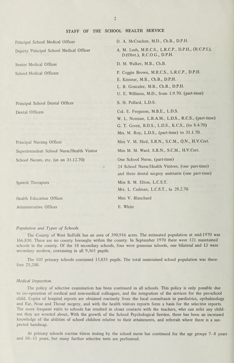 STAFF OF THE SCHOOL HEALTH SERVICE Principal School Medical Officer Deputy Principal School Medical Officer Senior Medical Officer School Medical Officers Principal School Dental Officer Dental Officers Principal Nursing Officer Superintendent School Nurse/Health Visitor School Nurses, etc. (as on 31.12.70) Speech Therapists Health Education Officer Administrative Officer D. A. McCracken, M.D., Ch.B., D.P.H. A. M. Lush, M.R.C.S., L.R.C.P., D.P.H., (R.C.P.I.), D.(Obst.), R.C.O.G., D.P.H. D. M. Walker, M.B., Ch.B. P. Coggin Brown, M.R.C.S., L.R.C.P., D.P.H. E. Kinnear, M.B., Ch.B., D.P.H. L. B. Gonzalez, M.B., Ch.B., D.P.H. U. E. Williams, M.D., from 1.9.70. (part-time) S. H. Pollard, L.D.S. Col. E. Ferguson, M.B.E., L.D.S. W. L. Norman, L.R.A.M., L.D.S., R.C.S., (part-time) G. T. Green, B.D.S., L.D.S., K.C.S., (to 8.4.70) Mrs. M. Roy, L.D.S., (part-time) to 31.1.70. Miss V. M. Hird, S.R.N., S.C.M., Q.N., H.V.Cert. Miss M. M. Ward, S.R.N., S.C.M., H.V.Cert. One School Nurse, (part-time) 24 School Nurse/Health Visitors, (one part-time) and three dental surgery assistants (one part-time) Miss B. M. Elton, L.C.S.T. Mrs. L. Cadman, L.C.S.T., to 28.2.70 Miss V. Blanchard E. White Population and Types of Schools. The County of West Suffolk has an area of 390,916 acres. The estimated population at mid-1970 was 166,830. There are no county boroughs within the county. In September 1970 there were 121 maintained schools in the county. Of the 18 secondary schools, four were grammar schools, one bilateral and 13 were secondary modern, containing in all 9,365 pupils. The 103 primary schools contained 15,835 pupils. The total maintained school population was there¬ fore 25,200. Medical Inspection. The policy of selective examination has been continued in all schools. This policy is only possible due to co-operation of medical and non-medical colleagues, and the integration of the services for the pre-school child. Copies of hospital reports are obtained routinely from the local consultants in paediatrics, opthalmology and Ear, Nose and Throat surgery, and with the health visitors reports form a basis for the selective reports. The more frequent visits to schools has resulted in closer contacts with the teachers, who can refer any child¬ ren they are worried about, With the growth of the School Psychological Service, there has been an increased knowledge of the abilities of school children relative to their attainments, and referrals where there is a sus¬ pected handicap. At primary schools routine Vision testing by the school nurse has continued for the age groups 7—8 years and 10—11 years, but many further selective tests are performed.