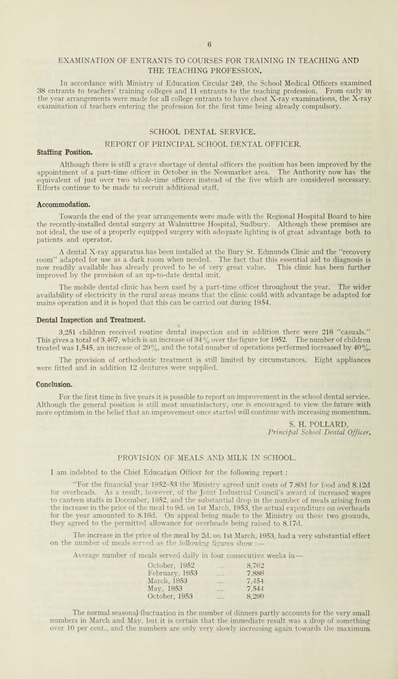 EXAMINATION OF ENTRANTS TO COURSES FOR TRAINING IN TEACHING AND THE TEACHING PROFESSION. In accordance with Ministry of Education Circular 249, the School Medical Officers examined 38 entrants to teachers’ training colleges and 11 entrants to the teaching profession. From early in the year arrangements were made for all college entrants to have chest X-ray examinations, the X-ray examination of teachers entering the profession for the first time being already compulsory. SCHOOL DENTAL SERVICE. REPORT OF PRINCIPAL SCHOOL DENTAL OFFICER. Staffing Position. Although there is still a grave shortage of dental officers the position has been improved by the appointment of a part-time officer in October in the Newmarket area. The Authority now has the equivalent of just over two whole-time officers instead of the five which are considered necessary. Efforts continue to be made to recruit additional staff. Accommodation. Towards the end of the year arrangements were made with the Regional Hospital Board to hire the recently-installed dental surgery at Walnuttree Hospital, Sudbury. Although these premises are not ideal, the use of a properly equipped surgery with adequate lighting is of great advantage both to patients and operator. A dental X-ray apparatus has been installed at the Bury St. Edmunds Clinic and the “recovery room’’ adapted for use as a dark room when needed. The fact that this essential aid to diagnosis is now readily available has already proved to be of very great value. This clinic has been further improved by the provision of an up-to-date dental unit. The mobile dental clinic has been used by a part-time officer throughout the year. The wider availability of electricity in the rural areas means that the clinic could with advantage be adapted for mains operation and it is hoped that this can be carried out during 19.54. Dental Inspection and Treatment. 3,251 children received routine dental inspection and in addition there were 216 “casuals.’’ This gives a total of 3,467, which is an increase of 34% over the figure for 1952. The number of children treated was 1,545, an increase of 20%, and the total number of operations performed increased by 40%. The provision of orthodontic treatment is still limited by circumstances. Eight appliances were fitted and in addition 12 dentures were supplied. Conclusion. For the first time in five years it is possible to report an improvement in the school dental service. Although the general position is still most unsatisfactory, one is encouraged to view the future with more optimism in the belief that an improvement once started will continue with increasing momentum. S. H. POLLARD, Principal School Dental Officer. PROVISION OF MEALS AND MILK IN SCHOOL. I am indebted to the Chief Education Officer for the following report : “For the financial year 1952-53 the Ministry agreed unit costs of 7.80d for food and 8.12d for overheads. As a result, however, of the Joint Industrial Council’s award of increased wages to canteen staffs in December, 1952, and the substantial drop in the number of meals arising from the increase in the price of the meal to 9d. on 1st March, 1953, the actual expenditure on overheads for the year amounted to 8.16d. On appeal being made to the Ministry on these two grounds, they agreed to the permitted allowance for overheads being raised to 8.17d. The increase in the price of the meal by 2d. on 1st March, 1953, had a very substantial effect on the number of meals served as the following figures show : — Average number of meals served daily in four consecutive weeks in— October, 1952 8,762 February, 1953 7,886 March, 1953 7,454 May, 1953 7,544 October, 1953 8,290 The normal seasonaj fluctuation in the number of dinners partly accounts for the very small numbers in March and May, but it is certain that the immediate result was a drop of something over 10 per cent., and the numbers are only very slowly increasing again towards the maximum