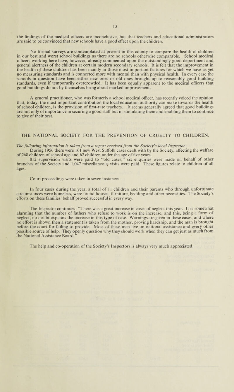 the findings of the medical officers are inconclusive, but that teachers and educational administrators are said to be convinced that new schools have a good effect upon the children. No formal surveys are contemplated at present in this county to compare the health of children in our best and worst school buildings as there are no schools otherwise comparable. School medical officers working here have, however, already commented upon the outstandingly good deportment and general alertness of the children at certain modern secondary schools. It is felt that the improvement in the health of these children has been mainly in those most important features for which we have as yet no measuring standards and is connected more with mental than with physical health. In every case the schools in question have been either new ones or old ones brought up to reasonably good building standards, even if temporarily overcrowded. It has been equally apparent to the medical officers that good buildings do not by themselves bring about marked improvement. A general practitioner, who was formerly a school medical officer, has recently voiced the opinion that, today, the most important contribution the local education authority can make towards the health of school children, is the provision of first-rate teachers. It seems generally agreed that good buildings are not only of importance in securing a good staff but in stimulating them and enabling them to continue to give of their best. THE NATIONAL SOCIETY FOR THE PREVENTION OF CRUELTY TO CHILDREN. The following information is taken from a report received from the Society’s local Inspector. During 1956 there were 161 new West Suffolk cases dealt with by the Society, affecting the welfare of 268 children of school age and 62 children under the age of five years. 812 supervision visits were paid to “old cases,” six enquiries were made on behalf of other branches of the Society and 1,047 miscellaneous visits were paid. These figures relate to children of all ages. Court proceedings were taken in seven instances. In four cases during the year, a total of 11 children and their parents who through unfortunate circumstances were homeless, were found houses, furniture, bedding and other necessities. The Society’s efforts on these families’ behalf proved successful in every way. The Inspector continues: “There was a great increase in cases of neglect this year. It is somewhat alarming that the number of fathers who refuse to work is on the increase, and this, being a form of neglect, no doubt explains the increase in this type of case. Warnings are given in these cases, and where no effort is shown then a statement is taken from the mother, proving hardship, and the man is brought before the court for failing to provide. Most of these men live on national assistance and every other possible source of help. They openly question why they should work when they can get just as much from the National Assistance Board.” The help and co-operation of the Society’s Inspectors is always very much appreciated.