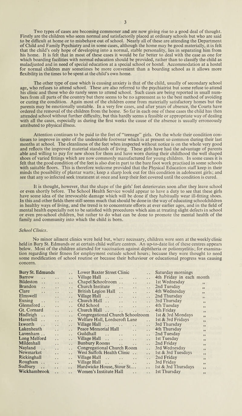 Two types of cases are becoming commoner and are now giving rise to a good deal of thought. Firstly are the children who seem normal and satisfactorily placed at ordinary schools but who are said to be difficult at home or to misbehave out of school. Nearly all of these are attending the Department of Child and Family Psychiatry and in some cases, although the home may be good materially, it is felt that the child’s only hope of developing into a normal, stable personality, lies in separating him from his home. It is felt that in most of these cases it would be far better to deal with the case as one for which boarding facilities with normal education should be provided, rather than to classify the child as maladjusted and in need of special education at a special school or hostel. Accommodation at a hostel for normal children may sometimes be more convenient than a boarding school as it allows more flexibility in the times to be spent at the child’s own home. The other type of case which is causing anxiety is that of the child, usually of secondary school age, who refuses to attend school. These are also referred to the psychiatrist but some refuse to attend his clinic and those who do rarely seem to attend school. Such cases are being reported in small num¬ bers from all parts of the country but there seems to be no agreement as to the best method of avoiding or curing the condition. Again most of the children come from materially satisfactory homes but the parents may be emotionally unstable. In a very few cases, and after years of absence, the Courts have ordered the removal of the children from the home. So far in each one of these cases the child has then attended school without further difficulty, but this hardly seems a feasible or appropriate way of dealing with all the cases, especially as during the first weeks the cause of the absence is usually erroneously attributed to physical illness. Attention continues to be paid to the feet of “teenage” girls. On the whole their condition con¬ tinues to improve in spite of the undesirable footwear which is at present so common during their last months at school. The cleanliness of the feet when inspected without notice is on the whole very good and reflects the improved material standards of living. These girls have had the advantage of parents able and willing to pay for new shoes for them and have worn during their childhood the well shaped shoes of varied fittings which are now commonly manufactured for young children. In some cases it is felt that the good condition of the feet is also due in part to the bare foot work practised in some schools with suitable floors. This is therefore welcome provided that the Physical Education staff keep in their minds the possibility of plantar warts; keep a sharp look out for this condition in adolescent girls; and see that any so infected seek treatment at once and keep their feet covered until the condition is cured. It is thought, however, that the shape of the girls’ feet deteriorates soon after they leave school or even shortly before. The School Health Service would appear to have a duty to see that these girls have some idea of the irrevocable damage which will be done if they habitually wear ill-fitting shoes. In this and other fields there still seems much that should be done in the way of educating schoolchildren in healthy ways of living, and the trend is to concentrate efforts at ever earlier ages, and in the field of mental health especially not to be satisfied with procedures which aim at treating slight defects in school or even pre-school children, but rather to do what can be done to promote the mental health of the family and community into which the child is born. School Clinics. No minor ailment clinics were held but, where necessary, children were seen at the weekly clinic held in Bury St. Edmunds or at certain child welfare centres. An up-to-date list of these centres appears below. Most of the children attended for vaccination against diphtheria or poliomyelitis; for examina¬ tion regarding their fitness for employment outside school hours; because they were thought to need some modification of school routine or because their behaviour or educational progress was causing concern. Bury St. Edmunds .. Lower Baxter Street Clinic Saturday mornings Barrow .. Village Hall. 4th Friday in each mont Bildeston .. Chapel Schoolroom .. 1st Wednesday 99 Brandon .. Church Institute 2nd Tuesday 99 Clare .. British Legion Hall .. 4th Wednesday 99 Elmswell .. Village Hall. 2nd Thursday 99 Exning .. Church Hall .. 3rd Thursday 99 Glemsford .. Old School 4th Tuesday 99 Gt. Cornard .. Church Hall .. 4th Friday 59 Hadleigh .. Congregational Church Schoolroom 1st & 3rd Mondays 99 Haverhill .. Welfare Hall, Lordscroft Lane 1st & 3rd Fridays 99 Ixworth .. Village Hall. 3rd Thursday 99 Lakenheath .. Peace Memorial Hall 4th Thursday 99 Lavenham .. Guildhall 2nd Tuesday 99 Long Melford .. Village Hall .. 1st Tuesday 99 Mildenhall .. Bunbury Rooms 2nd Friday 99 Nayland .. Congregational Church Room 3rd Wednesday 99 Newmarket .. West Suffolk Health Clinic .. 1st & 3rd Tuesdays 99 Rickinghall .. Village Hall. 2nd Friday 99 Rougham .. Village Hall. 3rd Friday >9 Sudbury .. Hardwicke House, Stour St... 1st & 3rd Thursdays 9 9 Wickhambrook .. .. Women’s Institute Hall 1st Thursday 99