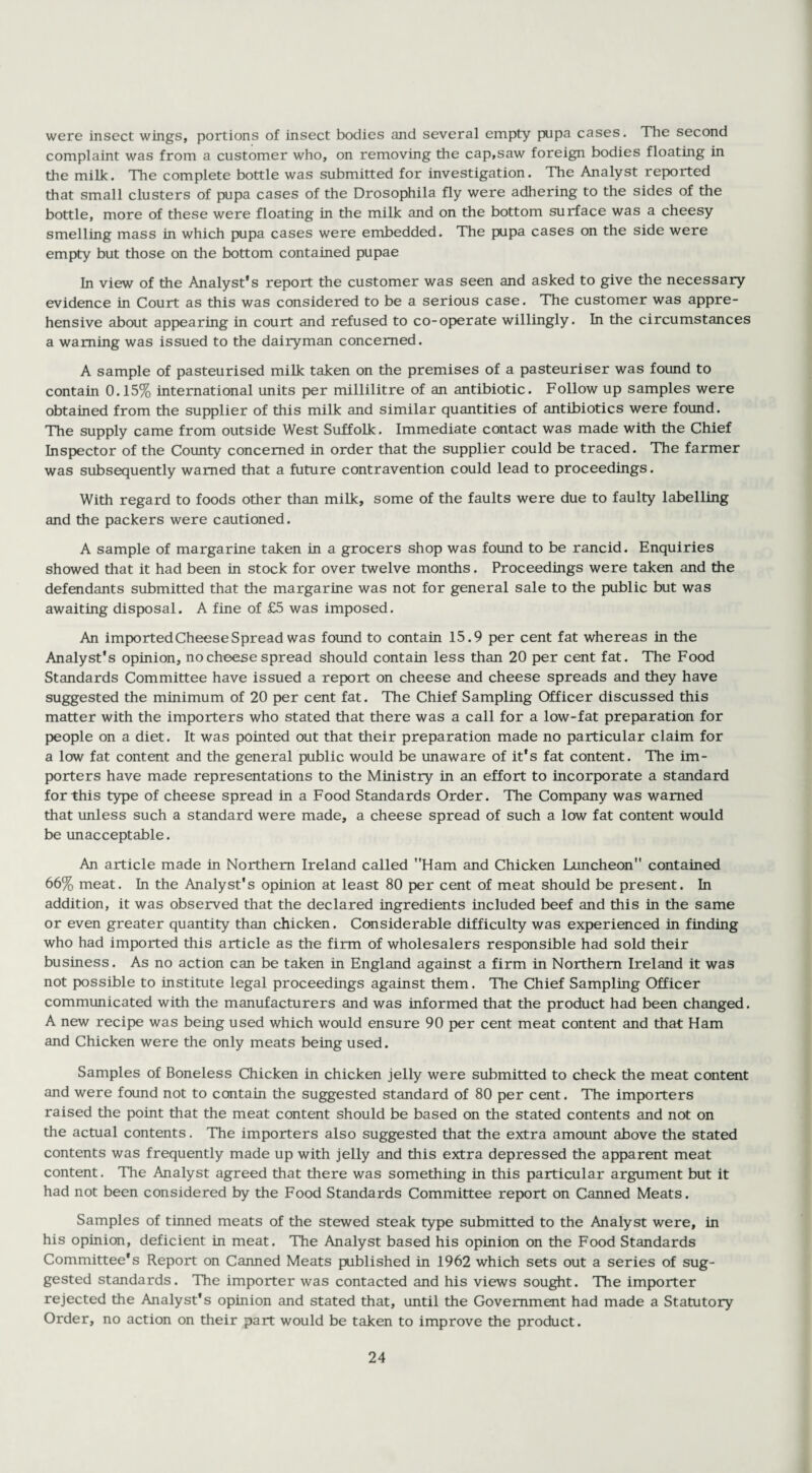 were insect wings, portions of insect bodies and several empty pupa cases. The second complaint was from a customer who, on removing the cap,saw foreign bodies floating in the milk. The complete bottle was submitted for investigation. The Analyst reported that small clusters of pupa cases of the Drosophila fly were adhering to the sides of the bottle, more of these were floating in the milk and on the bottom surface was a cheesy smelling mass in which pupa cases were embedded. The pupa cases on the side were empty but those on the bottom contained pupae In view of the Analyst’s report the customer was seen and asked to give the necessary evidence in Court as this was considered to be a serious case. The customer was appre¬ hensive about appearing in court and refused to co-operate willingly. In the circumstances a warning was issued to the dairyman concerned. A sample of pasteurised milk taken on the premises of a pasteuriser was found to contain 0.15% international units per millilitre of an antibiotic. Follow up samples were obtained from the supplier of this milk and similar quantities of antibiotics were found. The supply came from outside West Suffolk. Immediate contact was made with the Chief Inspector of the County concerned in order that the supplier could be traced. The farmer was subsequently warned that a future contravention could lead to proceedings. With regard to foods other than milk, some of the faults were due to faulty labelling and the packers were cautioned. A sample of margarine taken in a grocers shop was found to be rancid. Enquiries showed that it had been in stock for over twelve months. Proceedings were taken and the defendants submitted that the margarine was not for general sale to the public but was awaiting disposal. A fine of £5 was imposed. An imported Cheese Spread was found to contain 15.9 per cent fat whereas in the Analyst's opinion, no cheese spread should contain less than 20 per cent fat. The Food Standards Committee have issued a report on cheese and cheese spreads and they have suggested the minimum of 20 per cent fat. The Chief Sampling Officer discussed this matter with the importers who stated that there was a call for a low-fat preparation for people on a diet. It was pointed out that their preparation made no particular claim for a low fat content and the general public would be unaware of it’s fat content. The im¬ porters have made representations to the Ministry in an effort to incorporate a standard for this type of cheese spread in a Food Standards Order. The Company was warned that unless such a standard were made, a cheese spread of such a low fat content would be unacceptable. An article made in Northern Ireland called Ham and Chicken Luncheon contained 66% meat. In the Analyst's opinion at least 80 per cent of meat should be present. In addition, it was observed that the declared ingredients included beef and this in the same or even greater quantity than chicken. Considerable difficulty was experienced in finding who had imported this article as the firm of wholesalers responsible had sold their business. As no action can be taken in England against a firm in Northern Ireland it was not possible to institute legal proceedings against them. The Chief Sampling Officer communicated with the manufacturers and was informed that the product had been changed. A new recipe was being used which would ensure 90 per cent meat content and that Ham and Chicken were the only meats being used. Samples of Boneless Chicken in chicken jelly were submitted to check the meat content and were found not to contain the suggested standard of 80 per cent. The importers raised the point that the meat content should be based on the stated contents and not on the actual contents. The importers also suggested that the extra amount above the stated contents was frequently made up with jelly and this extra depressed the apparent meat content. The Analyst agreed that there was something in this particular argument but it had not been considered by the Food Standards Committee report on Canned Meats. Samples of tinned meats of the stewed steak type submitted to the Analyst were, in his opinion, deficient in meat. The Analyst based his opinion on the Food Standards Committee's Report on Canned Meats published in 1962 which sets out a series of sug¬ gested standards. The importer was contacted and his views sought. The importer rejected the Analyst's opinion and stated that, until the Government had made a Statutory Order, no action on their part would be taken to improve the product.