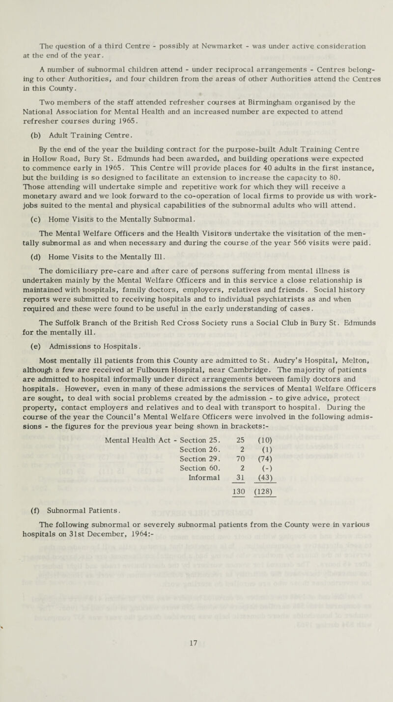 The question of a third Centre - possibly at Newmarket - was under active consideration at the end of the year. A number of subnormal children attend - under reciprocal arrangements - Centres belong¬ ing to other Authorities, and four children from the areas of other Authorities attend the Centres in this County. Two members of the staff attended refresher courses at Birmingham organised by the National Association for Mental Health and an increased number are expected to attend refresher courses during 1965. (b) Adult Training Centre. By the end of the year the building contract for the purpose-built Adult Training Centre in Hollow Road, Bury St. Edmunds had been awarded, and building operations were expected to commence early in 1965. This Centre will provide places for 40 adults in the first instance, but the building is so designed to facilitate an extension to increase the capacity to 80. Those attending will undertake simple and repetitive work for which they will receive a monetary award and we look forward to the co-operation of local firms to provide us with work- jobs suited to the mental and physical capabilities of the subnormal adults who will attend. (c) Home Visits to the Mentally Subnormal. The Mental Welfare Officers and the Health Visitors undertake the visitation of the men¬ tally subnormal as and when necessary and during the course .of the year 566 visits were paid. (d) Home Visits to the Mentally Ill. The domiciliary pre-care and after care of persons suffering from mental illness is undertaken mainly by the Mental Welfare Officers and in this service a close relationship is maintained with hospitals, family doctors, employers, relatives and friends. Social history reports were submitted to receiving hospitals and to individual psychiatrists as and when required and these were found to be useful in the early understanding of cases. The Suffolk Branch of the British Red Cross Society runs a Social Club in Bury St. Edmunds for the mentally ill. (e) Admissions to Hospitals. Most mentally ill patients from this County are admitted to St. Audry's Hospital, Melton, although a few are received at Fulboum Hospital, near Cambridge. The majority of patients are admitted to hospital informally under direct arrangements between family doctors and hospitals. However, even in many of these admissions the services of Mental Welfare Officers are sought, to deal with social problems created by the admission - to give advice, protect property, contact employers and relatives and to deal with transport to hospital. During the course of the year the Council's Mental Welfare Officers were involved in the following admis¬ sions - the figures for the previous year being shown in brackets:- Mental Health Act - Section 25. 25 (10) Section 26. 2 (1) Section 29. 70 (74) Section 60. 2 (-) Informal 31 (43) 130 (128) (f) Subnormal Patients. The following subnormal or severely subnormal patients from the County were in various hospitals on 31st December, 1964:-