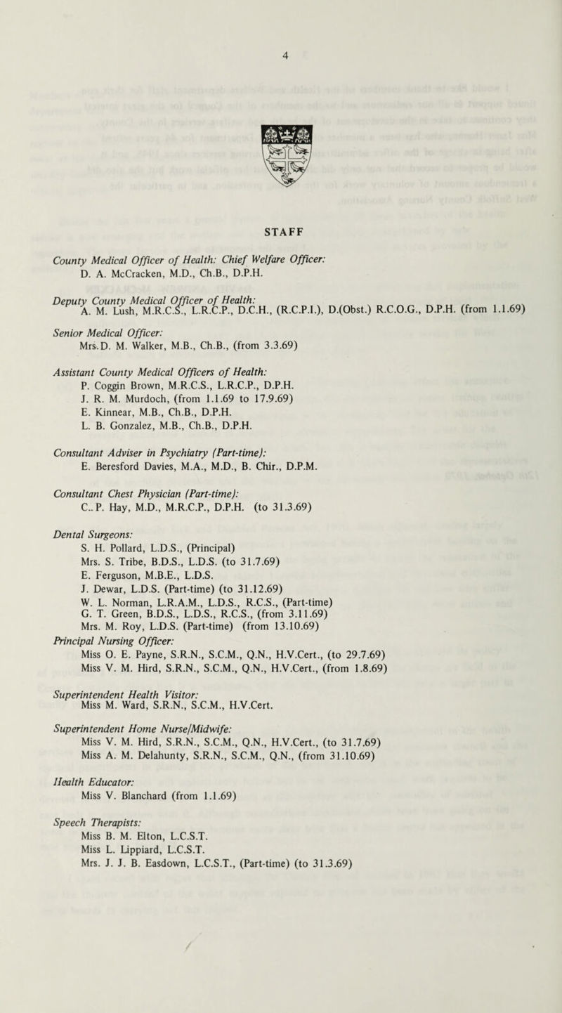 STAFF County Medical Officer of Health: Chief Welfare Officer: D. A. McCracken, M.D., Ch.B., D.P.H. Deputy County Medical Officer of Health: A. M. Lush, M.R.C.S., L.R.C.P., D.C.H., (R.C.P.I.), D.(Obst.) R.C.O.G., D.P.H. (from 1 Senior Medical Officer: Mrs.D. M. Walker, M.B., Ch.B., (from 3.3.69) Assistant County Medical Officers of Health: P. Coggin Brown, M.R.C.S., L.R.C.P., D.P.H. J. R. M. Murdoch, (from 1.1.69 to 17.9.69) E. Kinnear, M.B., Ch.B., D.P.H. Consultant Adviser in Psychiatry (Part-time): E. Beresford Davies, M.A., M.D., B. Chir., D.P.M. Consultant Chest Physician (Part-time): C..P. Hay, M.D., M.R.C.P., D.P.H. (to 31.3.69) Dental Surgeons: S. H. Pollard, L.D.S., (Principal) Mrs. S. Tribe, B.D.S., L.D.S. (to 31.7.69) E. Ferguson, M.B.E., L.D.S. J. Dewar, L.D.S. (Part-time) (to 31.12.69) W. L. Norman, L.R.A.M., L.D.S., R.C.S., (Part-time) G. T. Green, B.D.S., L.D.S., R.C.S., (from 3.11.69) Mrs. M. Roy, L.D.S. (Part-time) (from 13.10.69) Principal Nursing Officer: Miss 0. E. Payne, S.R.N., S.C.M., Q.N., H.V.Cert., (to 29.7.69) Miss V. M. Hird, S.R.N., S.C.M., Q.N., H.V.Cert., (from 1.8.69) Superintendent Health Visitor: Miss M. Ward, S.R.N., S.C.M., H.V.Cert. Superintendent Home Nurse/Midwife: Miss V. M. Hird, S.R.N., S.C.M., Q.N., H.V.Cert., (to 31.7.69) Miss A. M. Delahunty, S.R.N., S.C.M., Q.N., (from 31.10.69) Health Educator: Miss V. Blanchard (from 1.1.69) Speech Therapists: Miss B. M. Elton, L.C.S.T. Miss L. Lippiard, L.C.S.T. Mrs. J. J. B. Easdown, L.C.S.T., (Part-time) (to 31.3.69) .1.69)