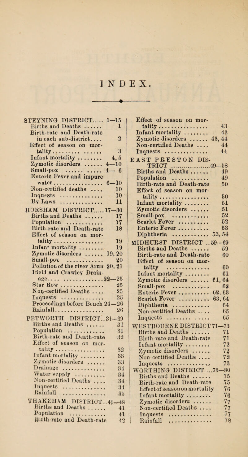 INDEX ♦ STEYNING DISTRICT. 1—15 Births and Deaths. 1 Birth-rate and Death-rate in each sub-district.... 2 Effect of season on mor¬ tality ... 3 Infant mortality. 4, 5 Zymotic disorders . 4—10 Small-pox .4— 6 Enteric Fever and impure water. 6—10 Non-certified deaths .... 10 Inquests . 10 By Laws . 11 HORSHAM DISTRICT.17—30 Births and Deaths . 17 Population . 17 Birth-rate and Death-rate 18 Effect of season on mor¬ tality . 19 Infant mortality. 19 Zymotic disorders . 19, 20 Small pox . 20 Pollution of the river Arun 20,21 Ifield and Crawley Drain¬ age .22—25 Star Row. 25 Noq-certified Deaths_ 25 Inquests . 25 Proceedings before Bench 24—26 Rainfall. 26 PET WORTH DISTRICT...31—39 Births and Deaths . 31 Population . 31 Birth-rate and Death-rate 82 Effect of season on mor¬ tality . 32 Infant mortality .... 33 Zymotic disorders 33 Drainage . 34 Water supply . 84 Non-certifted Deaths 34 Inquests . 34 Rainfall . 35 THAKEHAM DISTRICT. ..4J--48 Births and Deaths. 41 Population . 41 Rirth-rate and Death-rate 42 Effect of season on mor¬ tality . 43 Infant mortality. 43 Zymotic disorders . 43, 44 Non-certified Deaths .... 44 Inquests . 44 EAST PRESTON DIS¬ TRICT .49—58 Births and Deaths. 49 Population . 49 Birth-rate and Death-rate 50 Effect of season on mor¬ tality . 50 Infant mortality .. 51 Zymotic disorders . 51 Small-pox . 52 8carlet Fever . 52 Enteric Fever. 53 Diphtheria . 53, 54 MIDHURST DISTRICT ...59—69 Births and Deaths. 59 Birth-rate and Death-rate 60 Effect of season on mor¬ tality . 60 Infant mortality. 61 Zymotic disorders. 61, 64 Small-pox . 62 Enteric Fever 62, 63 Scarlet Fever . 63, 64 Diphtheria . 64 Non-certified Deaths .... 65 Inquests . 65 WESTBOURNE DISTRICT 71—73 Births and Deaths. 71 Birth-rate and DGath-rate 71 Infant mortality. 72 Zymotic disorders . 72 Non-certified Deaths .... 72 Inquests . 73 WORTHING DISTRICT ...75—80 Births and Deaths . 75 Birth-rate and Death-rate 75 Effectof season on mortality 76 Infant mortality ... 76 Zymotic disorders . 77 Non-certified Heaths .... 77 Inquests .. 77 • Rainfall 78