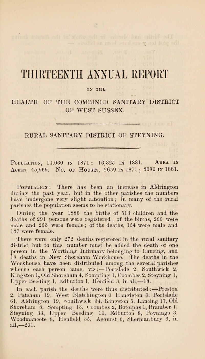 THIRTEENTH ANNUAL REPORT OX THE HEALTH OF THE COMBINED SANITARY DISTRICT OF WEST SUSSEX. RURAL SANITARY DISTRICT OF STEYNING. Population, 14,060 in 1871 ; 16,325 in 1881. Area in Acres, 45,969. No. of Houses, 2659 in 1871 ; 3080 in 1881. Population : There has heen an increase in Aldrington during the past year, hut in the other parishes the numbers have undergone very slight alteration; in many of the rural parishes the population seems to be stationary. During the year 1886 the births of 513 children and the deaths of 291 persons were registered; of the births, 260 were male and 253 were female; of the deaths, 154 were male and 137 were female. There were only 272 deaths registered in the rural sanitary district but to this number must be added the death of one person in the Worthing Infirmary belonging to Lancing, and 18 deaths in New Shoreham Workhouse. The deaths in the Workhouse have been distributed among the several parishes whence each person came, viz:—Portslade 2, Southwick 2, Kingston 1, Old Shoreham 4, Sompting 1, Coombes 2, Steyniug 1, Upper Beeding 1, Edburton 1, Henfield 3, in all,—18. In each parish the deaths were thus distributed :—Preston 2, Patcham 19, West Blatchington 0 Hangleton 0, Portslade 61, Aldrington 19, southwick 34, Kingston 5, Lancing 17, Old Shoreham 8, Sompting 13, ( oombes Z, Botolphs 1, Bramber 1, Steyning 33, Upper Beeding 10, Edburton 8, Poynings 3, Woodmancote 8, Henfield 35, Astiurst 6, Shermanbury 6, in all,—291.