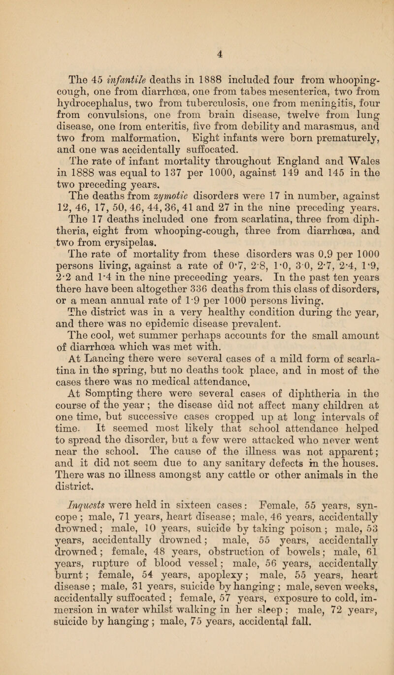 The 45 infantile deaths in 1888 included four from whooping- cough, one from diarrhoea, one from tabes mesenterica, two from hydrocephalus, two from tuberculosis, oue from meningitis, four from convulsions, one from brain disease, twelve from lung disease, one from enteritis, five from debility and marasmus, and two from malformation, Eight infants were born prematurely, and one was accidentally suffocated. The rate of infant mortality throughout England and Wales in 1888 was equal to 137 per 1000, against 149 and 145 in the two preceding years. The deaths from zymotic disorders were 17 in number, against 12, 46, 17, 50, 46, 44, 36, 41 and 27 in the nine preceding years. The 17 deaths included one from scarlatina, three from diph¬ theria, eight from whooping-cough, three from diarrhoea, and two from erysipelas. The rate of mortality from these disorders was 0.9 per 1000 persons living, against a rate of 0*7, 2-8, 1*0, 3 0, 2*7, 2*4, T9, 2*2 and T4 in the nine preceeding years. In the past ten years there have been altogether 336 deaths from this class of disorders, or a mean annual rate of T9 per 1000 persons living. The district was in a very healthy condition during the year, and there was no epidemic disease prevalent. The cool, wet summer perhaps accounts for the small amount of diarrhoea which was met with. At Lancing there were several cases of a mild form of scarla¬ tina in the spring, but no deaths took place, and in most of the cases there was no medical attendance, At Sompting there were several cases of diphtheria in the course of the year ; the disease did not affect many children at one time, but successive cases cropped up at long intervals of time. It seemed most likely that school attendance helped to spread the disorder, but a few were attacked who never went near the school. The cause of the illness was not apparent; and it did not seem due to any sanitary defects in the houses. There was no illness amongst any cattle or other animals in the district. Inquests were held in sixteen cases: Female, 55 years, syn¬ cope ; male, 71 years, heart disease; male, 46 years, accidentally drowned; male, 10 years, suicide by taking poison ; male, 53 years, accidentally drowned; male, 55 years, accidentally drowned; female, 48 years, obstruction of bowels; male, 61 years, rupture of blood vessel; male, 56 years, accidentally burnt; female, 54 years, apoplexy; male, 55 years, heart disease; male, 31 years, suicide by hanging; male, seven weeks, accidentally suffocated ; female, 57 years, exposure to cold, im¬ mersion in water whilst walking in her sleep ; male, 72 years, suicide by hanging; male, 75 years, accidental fall.