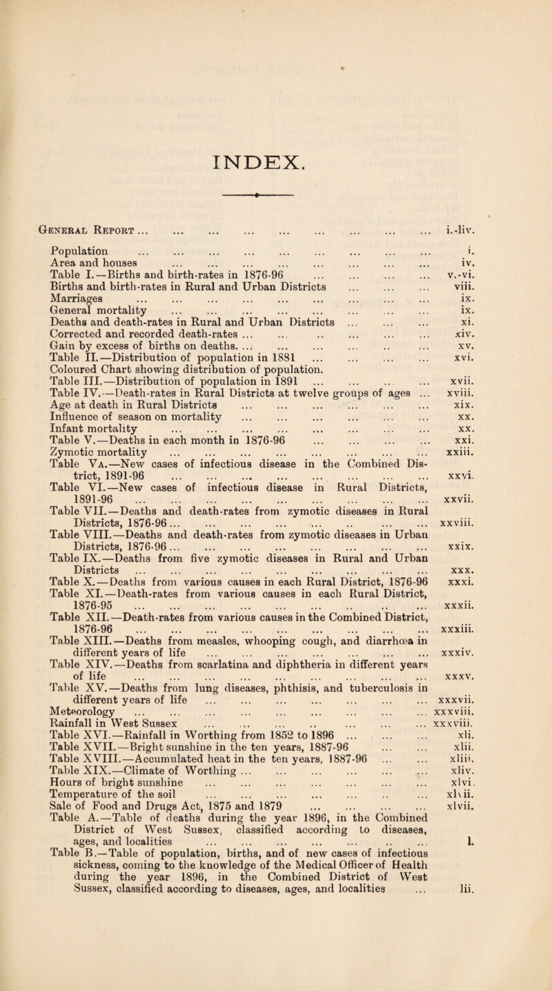 INDEX. ♦ General Report... i.-liv. Population Area and houses Table I.—Births and birth-rates in 1876-96 Births and birth-rates in Rural and Urban Districts Marriages General mortality Deaths and death-rates in Rural and Urban Districts ... Corrected and recorded death-rates ... Gain by excess of births on deaths. ..; Table II.—Distribution of population in 1881 Coloured Chart showing distribution of population. Table III.—Distribution of population in 1891 Table IV.—Death-rates in Rural Districts at twelve groups of ages ... Age at death in Rural Districts Influence of season on mortality Infant mortality Table V.—Deaths in each month in 1876-96 Zymotic mortality Table Va.—New cases of infectious disease in the Combined Dis¬ trict, 1891-96 Table VI.—New cases of infectious disease in Rural Districts, 1891-96 . Table VII.—Deaths and death-rates from zymotic diseases in Rural Districts, 1876-96 . Table VIII.—Deaths and death-rates from zymotic diseases in Urban Districts, 1876-96... Table IX.—Deaths from five zymotic diseases in Rural and Urban Districts Table X.—Deaths from various causes in each Rural District, 1876-96 Table XI.—Death-rates from various causes in each Rural District, 1876-95 . Table XII.—Death-rates from various causes in the Combined District, 1876-96 . Table XIII.—Deaths from measles, whooping cough, and diarrhoea in different years of life Table XIV.—Deaths from scarlatina and diphtheria in different years of life . Table XV.—Deaths from lung diseases, phthisis, and tuberculosis in different years of life Meteorology Rainfall in West Sussex Table XVI.—Rainfall in Worthing from 1852 to 1896 ... Table XVII.—Bright sunshine in the ten years, 1887-96 Table XVIII.—Accumulated heat in the ten years, 1887-96 Table XIX.—Climate of Worthing... Hours of bright sunshine Temperature of the soil Sale of Food and Drugs Act, 1875 and 1879 Table A.—Table of deaths during the year 1896, in the Combined District of West Sussex, classified according to diseases, ages, and localities Table B.—Table of population, births, and of new cases of infectious sickness, coming to the knowledge of the Medical Officer of Health during the year 1896, in the Combined District of West Sussex, classified according to diseases, ages, and localities i. iv. v.-vi. viii. ix. ix. xi. xiv. xv. xvi. xvii. xviii. xix. xx. xx. xxi. xxiii. xx vi. xxvii. xxviii. xxix. xxx. xxxi. xxxii. xxxiii. xxxiv. xxxv. xxxvii. xxxviii. xxxviii. xli. xlii. xliii. xliv. xlvi. xl\ ii. xlvii. 1. lii,