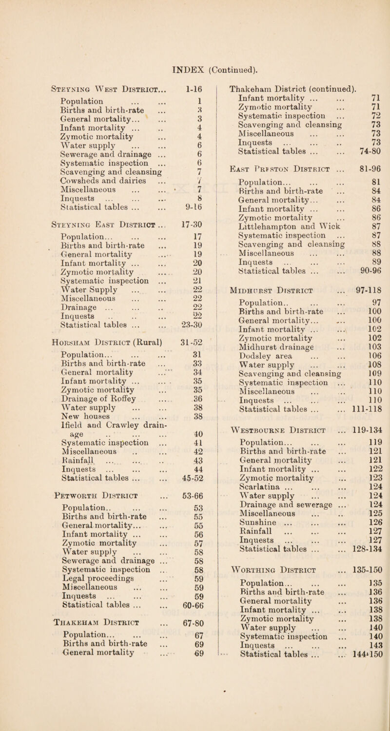 Steyning West District... 1-16 Population ... ... 1 Births and birth-rate ... 3 General mortality... ... 3 Infant mortality ... .. 4 Zymotic mortality ... 4 Water supply ... ... 6 Sewerage and drainage ... 6 Systematic inspection ... 6 Scavenging and cleansing 7 Cowsheds and dairies ... 7 Miscellaneous ... ... * 7 Inquests ... ... ... 8 Statistical tables ... ... 9-16 Steyning East District..,. 17-30 Population... ... ... 17 Births and birth-rate ... 19 General mortality ... 19 Infant mortality ... ... 20 Zymotic mortality ... 20 Systematic inspection ... 21 Water Supply ... ... 22 Miscellaneous ... ... 22 Drainage ... ... .. 22 Inquests .. .. ... 22 Statistical tables ... ... 23-30 Horsham District (Rural) Population... Births and birth-rate General mortality Infant mortality ... Zymotic mortality Drainage of Roffey Water supply New houses lfield and Crawley drain¬ age .. Systematic inspection Miscellaneous Rainfall Inquests Statistical tables ... Petworth District Population.. Births and birth-rate General mortality... Infant mortality ... Zymotic mortality Water supply Sewerage and drainage ... Systematic inspection Legal proceedings Miscellaneous Inquests Statistical tables ... 31-52 31 33 34 35 35 36 38 38 40 41 42 43 44 45-52 53-66 53 55 55 56 57 58 58 58 59 59 59 60-66 Thakeham District ... 67-80 Population... ... ... 67 Births and birth-rate ... 69 General mortality ... 69 Thakeham District (continued). Infant mortality ... ... 71 Zymotic mortality ... 71 Systematic inspection ... 72 Scavenging and cleansing 73 Miscellaneous ... ... 73 Inquests ... ... .. 73 Statistical tables ... ... 74-80 East Prfston District ... 81-96 Population... ... ... 81 Births and birth-rate ... 84 General mortality... ... 84 Infant mortality ... ... 86 Zymotic mortality ... 86 Littlehampton and Wick 87 Systematic inspection ... 87 Scavenging and cleansing 88 Miscellaneous ... ... 88 Inquests ... ... ... 89 Statistical tables ... ... 90-96 Midhurst District ... 97-118 Population.. ... ... 97 Births and birth-rate ... 100 General mortality..,. ... 100 Infant mortality ... ... 102 Zymotic mortality ... 102 Midhurst drainage ... 103 Dodsley area ... ... 106 Water supply ... ... 108 Scavenging and cleansing 109 Systematic inspection ... 110 Miscellaneous ... ... 110 Inquests ... ... ... 110 Statistical tables ... ... 111-118 Westbourne District ... 119-134 Population... ... ... 119 Births and birth-rate ... 121 General mortality ... 121 Infant mortality ... ... 122 Zymotic mortality ... 123 Scarlatina ... ... ... 124 Water supply ... ... 124 Drainage and sewerage ... 124 Miscellaneous ... .. 125 Sunshine ... ... ... 126 Rainfall ... ... ... 127 Inquests ... ... ... 127 Statistical tables ... ... 128-134 Worthing District ... 135-150 Population... Births and birth-rate General mortality Infant mortality ... Zymotic mortality Water supply Systematic inspection Inquests Statistical tables ... 135 136 136 138 138 140 140 143 144*150