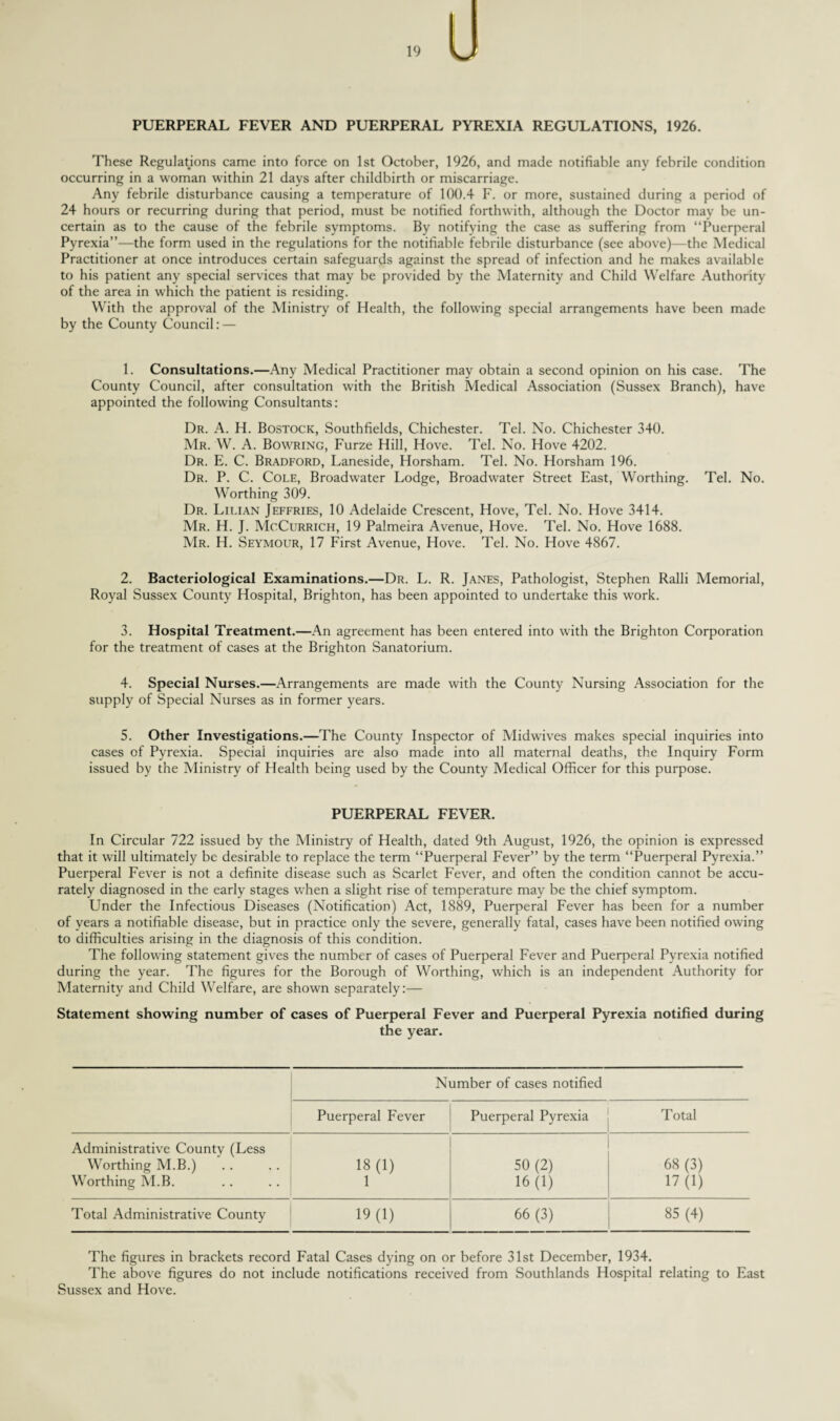 PUERPERAL FEVER AND PUERPERAL PYREXIA REGULATIONS, 1926. These Regulations came into force on 1st October, 1926, and made notifiable any febrile condition occurring in a woman within 21 days after childbirth or miscarriage. Any febrile disturbance causing a temperature of 100.4 F. or more, sustained during a period of 24 hours or recurring during that period, must be notified forthwith, although the Doctor may be un¬ certain as to the cause of the febrile symptoms. By notifying the case as suffering from “Puerperal Pyrexia”—the form used in the regulations for the notifiable febrile disturbance (see above)—the Medical Practitioner at once introduces certain safeguards against the spread of infection and he makes available to his patient any special services that may be provided by the Maternity and Child Welfare Authority of the area in which the patient is residing. With the approval of the Ministry of Health, the following special arrangements have been made by the County Council: — 1. Consultations.—Any Medical Practitioner may obtain a second opinion on his case. The County Council, after consultation with the British Medical Association (Sussex Branch), have appointed the following Consultants: Dr. A. H. Bostock, Southfields, Chichester. Tel. No. Chichester 340. Mr. W. A. Bowring, Furze Hill, Hove. Tel. No. Hove 4202. Dr. E. C. Bradford, Laneside, Horsham. Tel. No. Horsham 196. Dr. P. C. Cole, Broadwater Lodge, Broadwater Street East, Worthing. Tel. No. Worthing 309. Dr. Lilian Jeffries, 10 Adelaide Crescent, Hove, Tel. No. Hove 3414. Mr. H. J. McCurrich, 19 Palmeira Avenue, Hove. Tel. No. Hove 1688. Mr. H. Seymour, 17 First Avenue, Hove. Tel. No. Hove 4867. 2. Bacteriological Examinations.—Dr. L. R. Janes, Pathologist, Stephen Ralli Memorial, Royal Sussex County Hospital, Brighton, has been appointed to undertake this work. 3. Hospital Treatment.—An agreement has been entered into with the Brighton Corporation for the treatment of cases at the Brighton Sanatorium. 4. Special Nurses.—Arrangements are made with the County Nursing Association for the supply of Special Nurses as in former years. 5. Other Investigations.—The County Inspector of Midwives makes special inquiries into cases of Pyrexia. Special inquiries are also made into all maternal deaths, the Inquiry Form issued by the Ministry of Health being used by the County Medical Officer for this purpose. PUERPERAL FEVER. In Circular 722 issued by the Ministry of Health, dated 9th August, 1926, the opinion is expressed that it will ultimately be desirable to replace the term “Puerperal Fever” by the term “Puerperal Pyrexia.” Puerperal Fever is not a definite disease such as Scarlet Fever, and often the condition cannot be accu¬ rately diagnosed in the early stages when a slight rise of temperature may be the chief symptom. Under the Infectious Diseases (Notification) Act, 1889, Puerperal Fever has been for a number of years a notifiable disease, but in practice only the severe, generally fatal, cases have been notified owing to difficulties arising in the diagnosis of this condition. The following statement gives the number of cases of Puerperal Fever and Puerperal Pyrexia notified during the year. The figures for the Borough of Worthing, which is an independent Authority for Maternity and Child Welfare, are shown separately:— Statement showing number of cases of Puerperal Fever and Puerperal Pyrexia notified during the year. Number of cases notified Puerperal Fever Puerperal Pyrexia Total Administrative County (Less Worthing M.B.) 18(1) 50 (2) 68 (3) Worthing M.B. 1 16(1) 17(1) Total Administrative County 19(1) 66 (3) 85 (4) The figures in brackets record Fatal Cases dying on or before 31st December, 1934. The above figures do not include notifications received from Southlands Hospital relating to East Sussex and Hove.