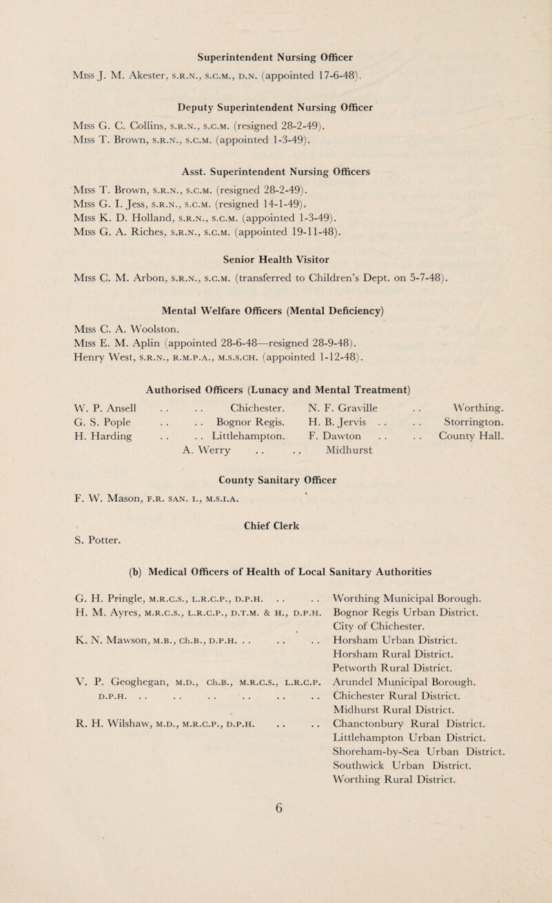 Superintendent Nursing Officer Miss J. M. Akester, s.r.n., s.c.m., d.n. (appointed 17-6-48). Deputy Superintendent Nursing Officer Miss G. C. Collins, s.r.n., s.g.m. (resigned 28-2-49). Miss T. Brown, s.r.n.; s.c.m. (appointed 1-3-49). Asst. Superintendent Nursing Officers Miss T. Brown, s.r.n.; s.c.m. (resigned 28-2-49). Miss G. I. Jess; s.r.n., s.c.m. (resigned 14-1-49).- Miss K. D. Holland, s.r.n., s.c.m. (appointed 1-3-49). Miss G. A. Riches, s.r.n., s.c.m. (appointed 19-11-48). Senior Health Visitor Miss C. M. Arbon, s.r.n., s.c.m. (transferred to Children’s Dept, on 5-7-48). Mental Welfare Officers (Mental Deficiency) Miss C. A. Woolston. Miss E. M. Aplin (appointed 28-6-48—resigned 28-9-48). Henry West, s.r.n., r.m.p.a., m.s.s.ch. (appointed 1-12-48). Authorised Officers (Lunacy and Mental Treatment) W. P. Ansell G. S. Pople H. Harding Chichester. Bognor Regis. . . Littlehampton. A. Werry N. F. Graville H. B. Jervis F. Dawton Midhurst Worthing. Storrington. County Hall. County Sanitary Officer F. W. Mason, f.r. san. i., m.s.i.a. S. Potter. Chief Clerk (b) Medical Officers of Health of Local Sanitary Authorities G. H. Pringle, m.r.c.s., l.r.c.p., d.p.h. H. M. Ayres, m.r.c.s., l.r.c.p., d.t.m. & h., K. N. Mawson, m.b., ch.B., d.p.h. V. P. Geoghegan, m.d., ch.B., m.r.c.s., l D.P.H. R. H. Wilshaw, m.d., m.r.c.p., d.p.h. Worthing Municipal Borough. d.p.h. Bognor Regis Urban District. City of Chichester. Horsham Urban District. Horsham Rural District. Petworth Rural District. .R.c.p. Arundel Municipal Borough. Chichester Rural District. Midhurst Rural District. . . Chanctonbury Rural District. Littlehampton Urban District. Shoreham-by-Sea Urban District. Southwick Urban District. Worthing Rural District.