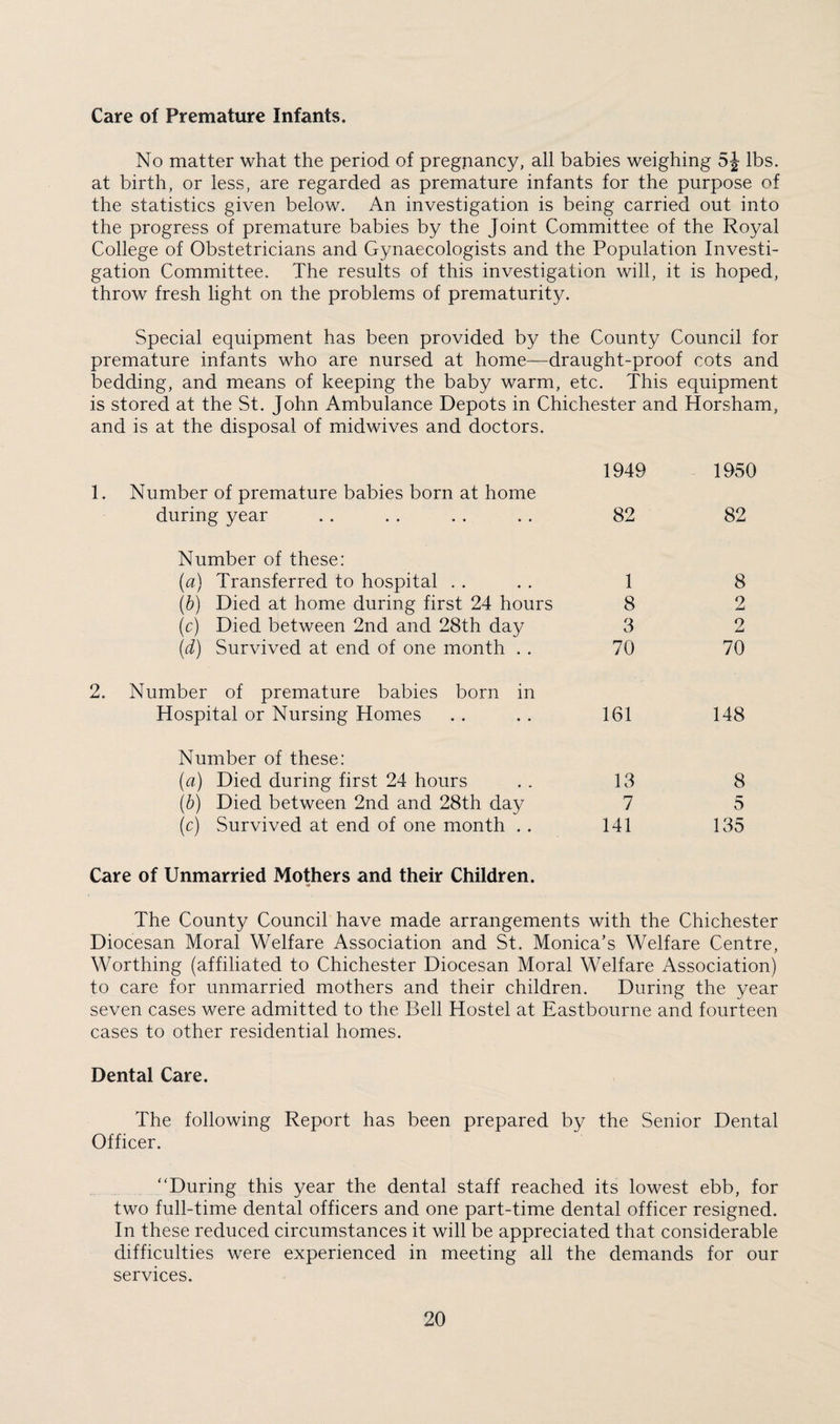 Care of Premature Infants. No matter what the period of pregnancy, all babies weighing 5J lbs. at birth, or less, are regarded as premature infants for the purpose of the statistics given below. An investigation is being carried out into the progress of premature babies by the Joint Committee of the Royal College of Obstetricians and Gynaecologists and the Population Investi¬ gation Committee. The results of this investigation will, it is hoped, throw fresh light on the problems of prematurity. Special equipment has been provided by the County Council for premature infants who are nursed at home—draught-proof cots and bedding, and means of keeping the baby warm, etc. This equipment is stored at the St. John Ambulance Depots in Chichester and Horsham, and is at the disposal of midwives and doctors. Number of premature babies born at home 1949 1950 during year 82 82 Number of these: (a) Transferred to hospital 1 8 (b) Died at home during first 24 hours 8 2 (c) Died between 2nd and 28th day 3 9 (d) Survived at end of one month . . 70 70 Number of premature babies born in Hospital or Nursing Homes 161 148 Number of these: (a) Died during first 24 hours 13 8 (b) Died between 2nd and 28th day 7 5 (c) Survived at end of one month . . 141 135 Care of Unmarried Mothers and their Children. The County Council have made arrangements with the Chichester Diocesan Moral Welfare Association and St. Monica’s Welfare Centre, Worthing (affiliated to Chichester Diocesan Moral Welfare Association) to care for unmarried mothers and their children. During the year seven cases were admitted to the Bell Hostel at Eastbourne and fourteen cases to other residential homes. Dental Care. The following Report has been prepared by the Senior Dental Officer. “During this year the dental staff reached its lowest ebb, for two full-time dental officers and one part-time dental officer resigned. In these reduced circumstances it will be appreciated that considerable difficulties were experienced in meeting all the demands for our services.