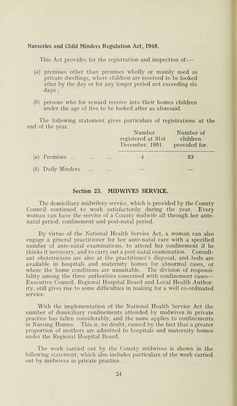 Nurseries and Child Minders Regulation Act, 1948. This Act provides for the registration and inspection of:— {a) premises other than premises wholly or mainly used as private dwellings, where children are received to be looked after by the day or for any longer period not exceeding six days ; (b) persons who for reward receive into their homes children under the age of five to be looked after as aforesaid. The following statement gives particulars of registrations at the end of the year. Number Number of registered at 31st children December, 1951. provided for. (a) Premises ...... 4 53 [b) Daily Minders .... — — Section 23. MIDWIVES SERVICE. The domiciliary midwifery service, which is provided by the County Council continued to work satisfactorily during the year. Every woman can have the service of a County midwife all through her ante¬ natal period, confinement and post-natal period. By virtue of the National Health Service Act, a woman can also engage a general practitioner for her ante-natal care with a specified number of ante-natal examinations, to attend her confinement if he thinks it necessary, and to carry out a post-natal examination. Consult¬ ant obstetricians are also at the practitioner’s disposal, and beds are available in hospitals and maternity homes for abnormal cases, or where the home conditions are unsuitable. The division of responsi¬ bility among the three authorities concerned with confinement cases— Executive Council, Regional Hospital Board and Local Health Author¬ ity, still gives rise to some difficulties in making for a well co-ordinated service. With the implementation of the National Health Service Act the number of domiciliary confinements attended by midwives in private practice has fallen considerably, and the same applies to confinements in Nursing Homes. This is, no doubt, caused by the fact that a greater proportion of mothers are admitted to hospitals and maternit}' homes under the Regional Hospital Board. The work carried out by the County midwives is shown in the following statement, which also includes particulars of the work carried out by mid wives in private practice.