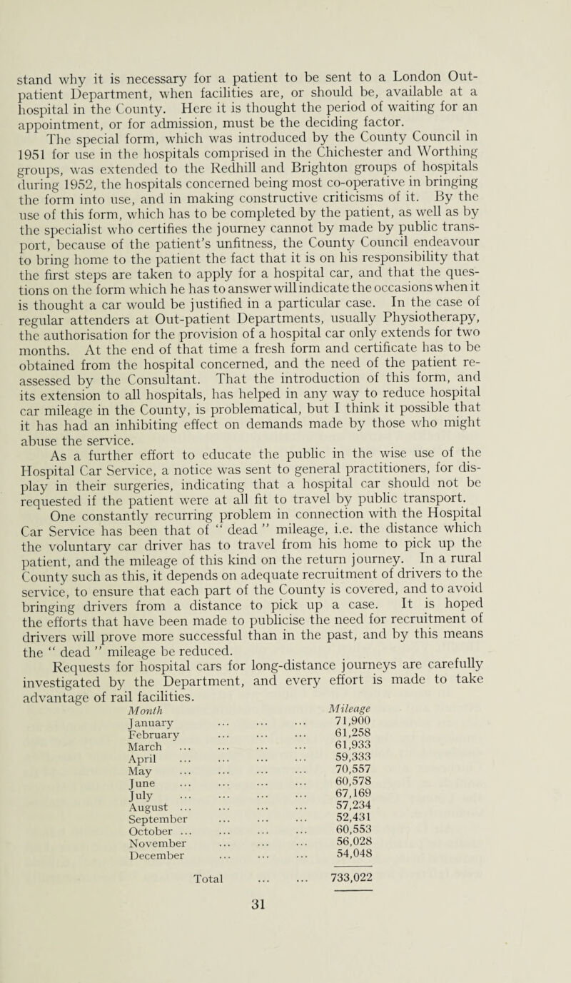stand why it is necessary for a patient to be sent to a London Out¬ patient Department, when facilities are, or should be, available at a hospital in the County. Here it is thought the period of waiting for an appointment, or for admission, must be the deciding factor. The special form, which was introduced by the County Council in 1951 for use in the hospitals comprised in the Chichester and Worthing groups, was extended to the Redhill and Brighton groups of hos])itals during 1952, the hospitals concerned being most co-operative in bringing the form into use, and in making constructive criticisms of it. By the use of this form, which has to be completed by the patient, as well as by the specialist who certifies the journey cannot by made by public trans¬ port, because of the patient’s unfitness, the County Council endeavour to bring home to the patient the fact that it is on his responsibility that the first steps are taken to apply for a hospital car, and that the ques¬ tions on the form which he has to answer will indicate the occasions when it is thought a car would be justified in a particular case. In the case of regular attenders at Out-patient Departments, usually Physiotherapy, the authorisation for the provision of a hospital car only extends for two months. At the end of that time a fresh form and certificate has to be obtained from the hospital concerned, and the need of the patient re¬ assessed by the Consultant. That the introduction of this form, and its extension to all hospitals, has helped in any way to reduce hospital car mileage in the County, is problematical, but I think it possible that it has had an inhibiting effect on demands made by those who might abuse the service. As a further effort to educate the public in the wise use of the Hospital Car Service, a notice was sent to general practitioners, for dis¬ play in their surgeries, indicating that a hospital car should not be requested if the patient were at all fit to travel by public transport. One constantly recurring problem in connection with the Hospital Car Service has been that of “ dead ” mileage, i.e. the distance which the voluntary car driver has to travel from his home to pick up the patient, and the mileage of this kind on the return journey. In a rural County such as this, it depends on adequate recruitment of drivers to the service, to ensure that each part of the County is covered, and to avoid bringing drivers from a distance to pick up a case. It is hoped the efforts that have been made to publicise the need for recruitment of drivers will prove more successful than in the past, and by this means the “ dead ” mileage be reduced. Requests for hospital cars for long-distance journeys are carefully investigated by the Department, and every effort is made to take advantage of rail facilities. M onth January February March April May Tune July August September October ... November December M ileage 71,900 61,258 61,933 59,333 70,557 60,578 67,169 57,234 52,431 60,553 56,028 54,048 Total . 733,022