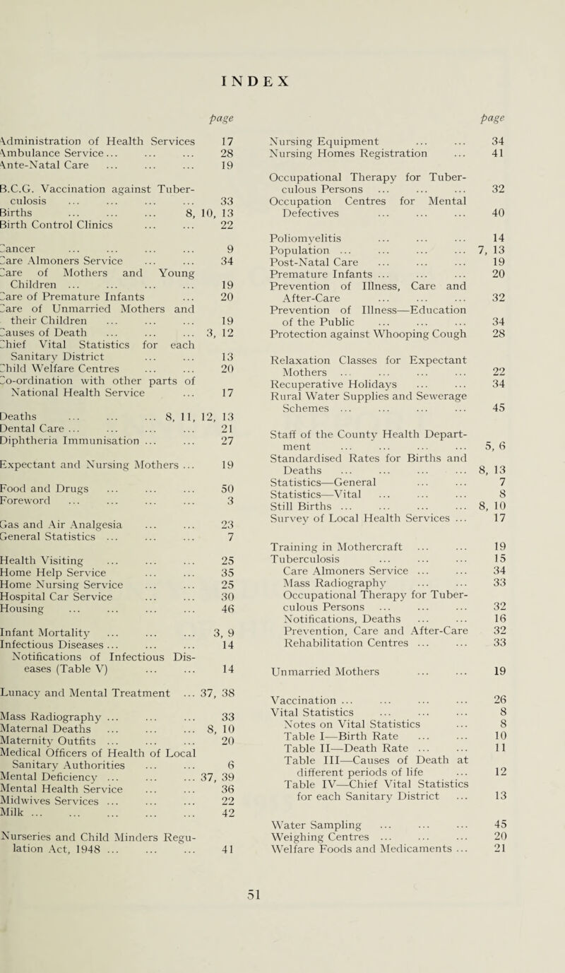 INDEX page \ciministration of Health Services 17 \mbulance Service... ... ... 28 \nte-Natal Care ... ... ... 19 B.C.G. Vaccination against Tuber¬ culosis ... ... ... ... 33 Births 8, 10. 13 Birth Control Clinics ... ... 22 ancer ... ... ... ... 9 Sare Almoners Service ... ... 34 Hare of Mothers and Young Children ... ... ... ... 19 Sare of Premature Infants ... 20 3are of Unmarried Mothers and their Children ... ... ... 19 Hanses of Death ... ... ... 3, 12 Hhief Vital Statistics for each Sanitary District ... ... 13 Hhild Welfare Centres ... ... 20 Ho-ordination with other parts of National Health Service ... 17 Deaths ... ... ... 8,11,12,13 Dental Care ... ... ... ... 21 Diphtheria Immunisation ... ... 27 Expectant and Nursing Mothers ... 19 Food and Drugs ... ... ... 50 Foreword ... ... ... ... 3 Gas and Air Analgesia ... ... 23 General Statistics ... ... ... 7 Health Visiting ... ... ... 25 Home Help Service ... ... 35 Home Nursing Service ... ... 25 Hospital Car Service ... ... 30 Housing ... ... ... ... 46 Infant Mortalit} ... ... ... 3,9 Infectious Diseases... ... ... 14 Notifications of Infectious Dis¬ eases (Table V) ... ... 14 Lunacy and Mental Treatment ... 37, 38 Mass Radiography ... ... ... 33 Maternal Deaths ... ... ... 8, 10 Maternity Outfits ... ... ... 20 Medical Officers of Health of Local Sanitary Authorities ... ... 6 Mental Deficiency ... ... ... 37, 39 Mental Health Service ... ... 36 Midwives Services ... ... ... 22 IMilk ... ... ... ... ... 42 Nurseries and Child Minders Regu¬ lation .\ct, 1948 . 41 page Nursing Equipment ... ... 34 Nursing Homes Registration ... 41 Occupational Therapy for Tuber¬ culous Persons ... ... ... 32 Occupation Centres for Mental Defectives ... ... ... 40 Poliomyelitis ... ... ... 14 Population ... ... ... ... 7, 13 Post-Natal Care ... ... ... 19 Premature Infants ... ... ... 20 Prevention of Illness, Care and After-Care ... ... ... 32 Prevention of Illness—Education of the Public ... ... ... 34 Protection against Whooping Cough 28 Relaxation Classes for Expectant Mothers ... ... ... ... 22 Recuperative Holidays ... ... 34 Rural Water Supplies and Sewerage Schemes ... ... ... ... 45 Staff of the County Health Depart¬ ment ... ... ... ... 5, 6 Standardised Rates for Births and Deaths ... ... ... ... 8, 13 Statistics—General ... ... 7 Statistics—Vital ... ... ... 8 Still Births ... ... ... ... 8, 10 Survey of Local Health Services ... 17 Training in Mothercraft ... ... 19 Tuberculosis ... ... ... 15 Care Almoners Service ... ... 34 IMass Radiography ... ... 33 Occupational Therapy for Tuber¬ culous Persons ... ... ... 32 Notifications, Deaths ... ... 16 Pre\’ention, Care and After-Care 32 Rehabilitation Centres ... ... 33 Unmarried Mothers ... ... 19 Vaccination ... ... ... ... 26 Vital Statistics ... ... ... 8 Notes on Vital Statistics ... 8 Table I—Birth Rate ... ... 10 Table H—Death Rate ... ... 11 Table HI—Causes of Death at different periods of life ... 12 Table IV—Chief Vital Statistics for each Sanitary District ... 13 Water Sampling ... ... ... 45 Weighing Centres ... ... ... 20 Welfare Foods and Medicaments ... 21