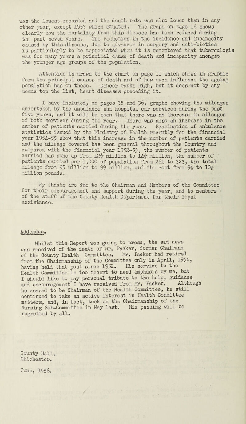 was the lowest recorded and the death rate was also lower than in any other year, except 1953 which equated. The graph on page 13 shows clearly how the mortality from this disease has been reduced during the past seven years. The reduction in the incidence and incapacity caused by this disease, due to advances in surgery and anti-biotics is particularly to be appreciated when it is remembered that tuberculosis was for many years a principal cause of death and incapacity amongst the younger age groups of the population. Attention is drawn to the chart on page 11 which shows in graphic form the principal causes of death and of how much influence the ageing population has on those. Cancer ranks high, but it docs not by any moans top the list, heart diseases preceding it. I have included, on pages 35 and 36, graphs showing the mileages undertaken by the ambulance and hospital car services during the past five years, and it will be seen that there was an increase in mileages of both Services during the year. There was also an increase in the number of patients carried during the year. Examination of ambulance statistics issued by the Ministry of Health recently for the financial year 1954-55 show that this increase in the number of patients carried and the mileage covered has been general throughout the Country and compared with the financial year 1952-53? the number of patients carried has gone up from 12-g- million to 14g' million, the number of ‘ patients carried per 1,000 of population from 281 to 323, the total mileage from 95 million to 99 million, and the cost from 9y to 10g- million pounds. Hy thanks are duo to the Chairman and Members of the Committee for their encouragement and support during the year, and to members of the staff of the County Health Department for their loyal assistance. Addendum. Whilst this Report was going to press, the sad news was received of the death of Mr. Packer, former Chairman of the County Health Committee. Mr. Packer had retired from the Chairmanship of the Committee only in April, 1956, having held that post since 1952. His service to the Health Committee is too recent to need emphasis by me, but I should like to pay personal tribute to the help, guidance and encouragement I have received from Mr. Packer. Although he ceased to be Chairman of the Health Committee, he still continued to take an active interest in Health Committee matters, and, in fact, took on the Chairmanship of the Nursing Sub-Committee in May last. Ms passing will be regretted by all. County Hall, Chichester. June, 1956.