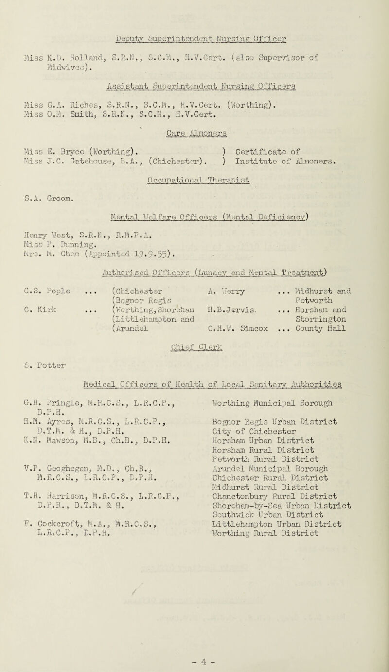 Deputy Sup orintondent Pursing 0 fit cor Miss K.D. Holland, S.R.U., S.C.M., H.V.Cert. (also Supervisor of Mid-wives). Assistant Superintendent Nursing Officers Miss G.A. Riches, S.R.N., S.C.M., H.V.Cert. (Worthing). Miss O.M. Smith, S.R.N., S.C.M., H.V.Cert. Care Almoners Miss E. Bryce (Worthing). ) Certificate of Miss J.C. Gatehouse, B.A., (Chichester). ) Institute of Almoners. 0 ccupational Thoranist S.A. Groom. Mental Welfare Officers (Mental Deficiency) Henry West, S.R.N., R.M.P.A. Miss P. Dunning. Mrs. Ml. Ghom (Appointed 19.9*55) • Authorised Officers (Lunacy and Mental Treatment) G.S. Pople C. Kirk S. Potter (Chichester (Bognor Regis (Wo r thing, Sno r chain (Littlehampton and (Arundel Chief A. Worry H.B. Jervis. C.H.W. Simcox lerk ... Miidhurst and Petworth ... Horsham and Storrington ... County Hall Miedical Officers of Health of Local Sanitary Authorities G. H. Pringle, M.R.C.S., L.R.C.P., D.P.H. H. M. Ayres, M.R.C.S., L.R.C.P., D.T.M. &H., D.P.H. K. N. 14avson, M. B., Ch. B., D.P.H. V.P. Geoghegan, M.D., Ch.B., M.R.C.S., L.R.C.P., D.P.H. T.H. Harrison, M.R.C.S., L.R.C.P., D.P.H., D.T.M. & H. F. Cockcroft, Mi.A., M.R.C.S., L.R.C.P., D.P.H. Worthing Municipal Borough Bognor Regis Urban District City of Chichester Horsham Urban District Horsham Rural District Petworth Rural District Arundel Municipal Borough Chichester Rural District Midhurst Rural District Chanctonbury Rural District Shoreham-by-Sea Urban District Southwick Urban District Littlehampton Urban District Worthing Rural District