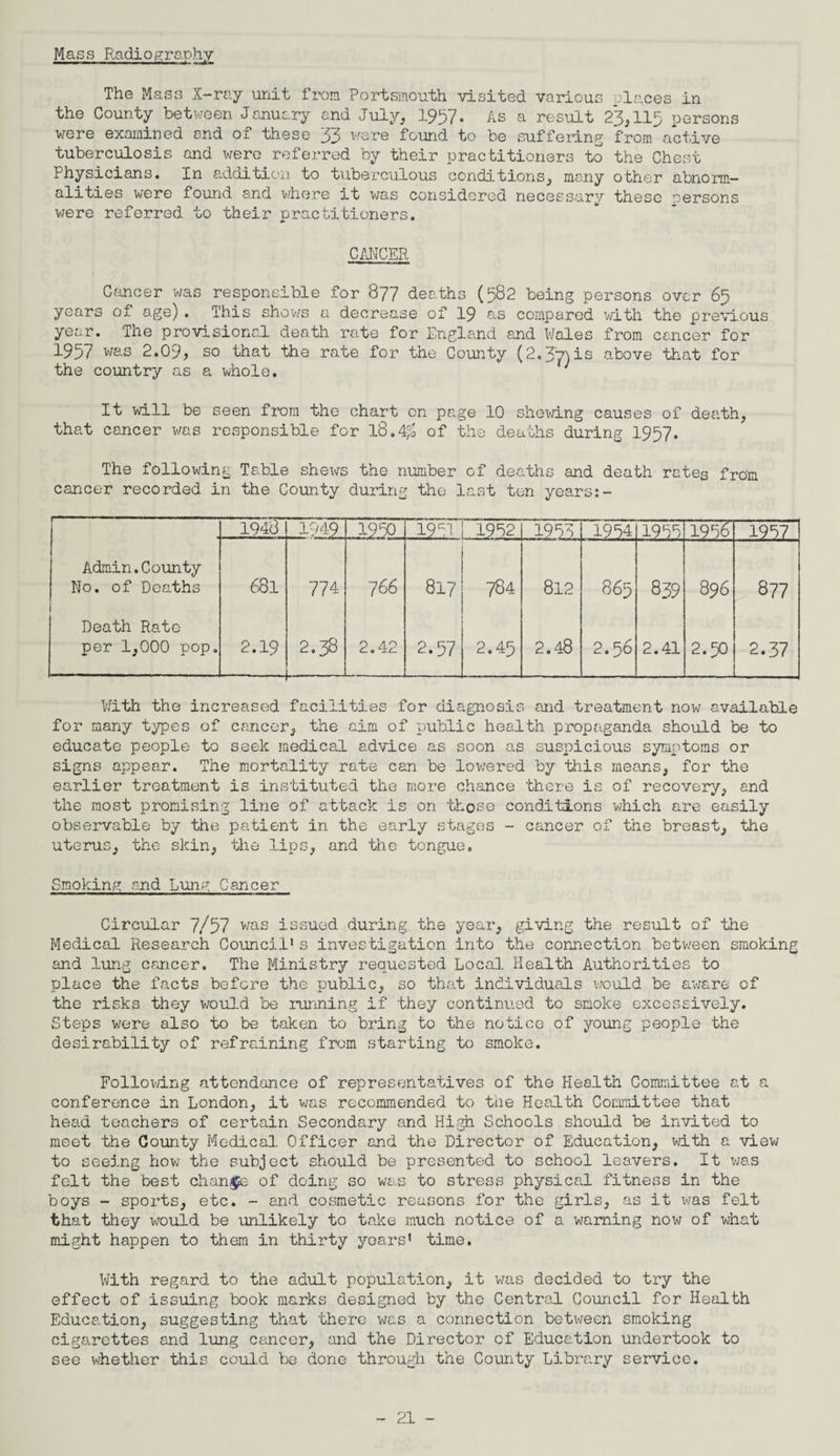 Mass Radiography The Mass X-ray unit from Portsmouth visited various olaces in the County between January and July, 1957. As a result 2*3,115 persons were examined and of these 33 were found to be suffering from active tuberculosis and were referred by their practitioners to the Chest Physicians. In addition to tuberculous conditions, many other abnorm¬ alities were found and where it was considered necessary these persons were referred to their practitioners. CANCER Cancer was responsible for 877 deaths (582 being persons over 65 years of age). This shows u decrease of 19 as compared with the previous year. The provisional death rate for England and Wales from cancer for 1957 was 2.09, so that the rate for the County (2.37)is above that for the country as a whole. It will be seen from the chart on page 10 shoving causes of death, that cancer was responsible for 18.4$ of the deaths during 1957. The following Table shews the number of deaths and death rates from cancer recorded in the County during the last ten years:- 1948 1949 1950 19 1952 1955 1954 1955 ‘1956 1957 Admin.County No. of Deaths 681 774 7 66 817 784 812 865 839 896 877 Death Rate per 1,000 pop. 2.19 2.38 2.42 2.57 2.45 2.48 2.56 2.41 2.50 2.37 With the increased facilities for diagnosis and treatment now available for many types of cancer, the aim of public health propaganda should be to educate people to seek medical advice as soon as suspicious symptoms or signs appear. The mortality rate can be lowered by this means, for the earlier treatment is instituted the more chance there is of recovery, and the most promising line of attack is on those conditions -which are easily observable by the patient in the early stages - cancer of the breast, the uterus, the skin, the lips, and the tongue. Smoking and Lung Cancer Circular 7/57 was issued during the year, giving the result of the Medical Research Council* s investigation into the connection between smoking and lung cancer. The Ministry requested Local Health Authorities to place the facts before the public, so that individuals would be aware of the risks they would be running if they continued to smoke excessively. Steps were also to be taken to bring to the notice of young people the desirability of refraining from starting to smoke. Following attendance of representatives of the Health Committee at a conference in London, it was recommended to the Health Committee that head teachers of certain Secondary and High Schools should be invited to meet the County Medical Officer and the Director of Education, with a view to seeing how the subject should be presented to school leavers. It was felt the best change of doing so was to stress physical fitness in the boys - sports, etc. - end cosmetic reasons for the girls, as it v^as felt that they would be unlikely to take much notice of a warning now of what might happen to them in thirty yoars* time. With regard to the adult population, it was decided to try the effect of issuing book marks designed by the Central Council for Health Education, suggesting that there was a connection between smoking cigarettes and lung cancer, and the Director of Education undertook to see whether this could be done through the County Library service.