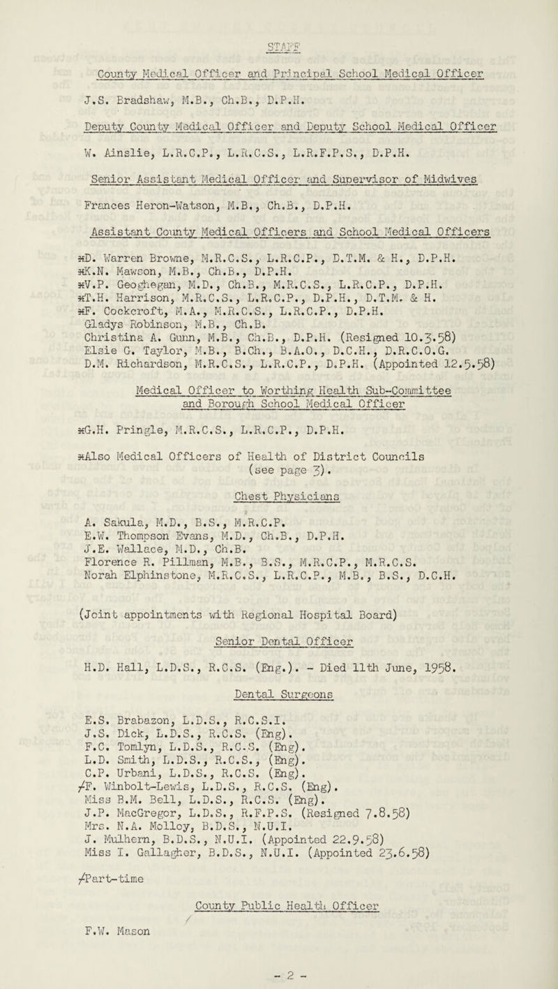 STAFF County Medical Officer and Principal School Medical Officer J.S. Bradshaw, M.B., Ch.B., D.P.H. Deputy County Medical Officer and Deputy School Medical Officer W. Ainslie, L.E.C.P., L.R.C.S., L.R.F.P.S., D.P.H. Senior Assistant Medical Officer and Supervisor of Midwives Frances Heron-Watson, M.B., Ch.B., D.P.H. Assistant County Medical Officers and School Medical Officers «D. Warren Browne, M.R.C.S., L.R.C.P., D.T.M. & H., D.P.H. seK.N. Mawson, M.B., Ch.B., D.P.H. kV.P. Geoghegan, M.D., Ch.B., M.R.C.S., L.R.C.P., D.P.H. •kT.H. Harrison, M.R.C.S., L.R.C.P., D.P.H., D.T.M. 8c H. kF. Cockcroft, M.A., M.R.C.S., L.R.C.P., D.P.H. G1adys Robin son, M.B., Ch.B. Christina A. Gunn, M.B., Ch.B., D.P.H. (Resigned 10.3*58) Elsie G. Taylor, M.B., B.Ch., B.A.O., D.C.H., D.R.C.O.G. D.M. Richardson, M.R.C.S., L.R.C.P., D.P.H. (Appointed 12.5*58) Medical Officer to Worthing Health Sub-Committee and Borough School Medical Officer *G.H. Pringle, M.R.C.S., L.R.C.P., D.P.H. stAlso Medical Officers of Health of District Councils (see page 3)• Chest Physicians A. Sakula, M.D., B.S., M.R.C.P. E.W. Thompson Evans, M.D., Ch.B., D.P.H. J.E. Wallace, M.D., Ch.B. Florence R. Pillman, M.B., B.S., M.R.C.P., M.R.C.S. Norah Elphinstone, M.R.C.S., L.R.C.P., M.B., B.S., D.C.H. (Joint appointments with Regional Hospital Board) Senior Dental Officer H.D. Hall, L.D.S., R.C.S. (Eng.). - Died 11th June, 1958. Dental Surgeons E. S. Brabazon, L.D.S., R.C.S.I. J.S. Dick, L.D.S., R.C.S. (Eng). F. C. Tomlyn, L.D.S., R.C.S. (Eng). L.D. Smith, L.D.S., R.C.S., (Eng). C.P. Urbani, L.D.S., R.C.S. (Eng). /F. Winbolt-Lewis, L.D.S., R.C.S. (Eng). Miss B.M. Bell, L.D.S., R.C.S. (Eng). J.P. MacGregor, L.D.S., R.F.P.S. (Resigned 7*8.58) Mrs. M.A. Molloy, B.D.S., N.U.I. J. Mulhern, B.D.S., N.U.I. (Appointed 22,9*58) Miss I. Gallagher, B.D.S., N.U.I. (Appointed 23.6.58) /Part-time F.W. Mason County Public Health Officer