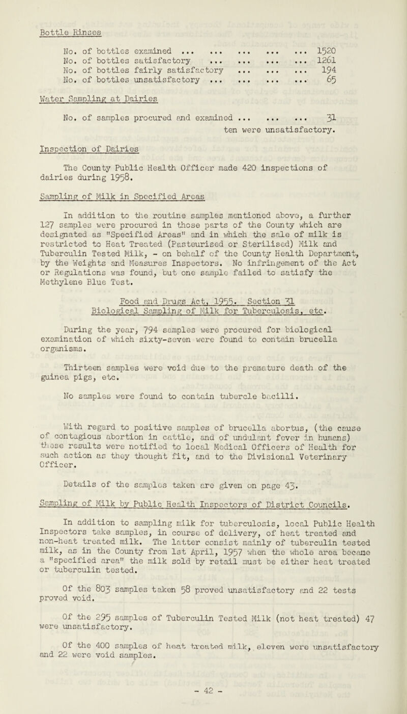 Bottle Rinses No. of bottles examined ... ... No. of bottles satisfactory ... No. of bottles fairly satisfactory No. of bottles unsatisfactory ... ... 1520 ... 1261 194 65 Water Sampling at Dairies No. of samples procured and examined ... 31 ten were unsatisfactory. Inspection of Dairies The County Public Health Officer made 420 inspections of dairies during 1958* Sampling of Milk in Specified Areas In addition to the routine samples mentioned above, a further 127 samples were procured in those parts of the County which are designated as Specified Areas and in which the sale of milk is restricted to Heat Treated (Pasteurised or Sterilised) Milk and Tuberculin Tested Milk, - on behalf of the County Health Department, by the Weights and Measures Inspectors. No infringement of the Act or Regulations was found, but one sample failed to satisfy the Methylene Blue Test. Food and Drugs Act, 1933. Section 71 Biological Sampling of Milk for Tuberculosis, etc. During the year, 794 samples were procured for biological examination of which sixty-seven were found to contain brucella organisms. Thirteen samples were void due to the premature death of the guinea pigs, etc. No samples were found to contain tubercle bacilli. With regard to positive samples of brucella abortus, (the cause °r contagious abortion in cattle, and of undulant fever in humans) these results were notified to local Medical Officers of Health for such action as they thought fit, and to the Divisional Veterinary Officer. Details of the samples taken are given on page 43. Sampling of Milk by Public Health Inspectors of District Councils. In addition to sampling milk for tuberculosis, local Public Health Inspectors take samples, in course of delivery, of heat treated and non-heat treated milk. The latter consist mainly of tuberculin tested milk, as in the County from 1st April, 1957 when the whole area became a specified area the milk sold by retail must be either heat treated or tuberculin tested. Of the 803 samples taken 58 proved unsatisfactory and 22 tests proved void. Of the 295 samples of Tuberculin Tested Milk (not heat treated) 47 were unsatisfactory. Of the 400 samples of heat treated milk, eleven were unsatisfactory and 22 were void samples.