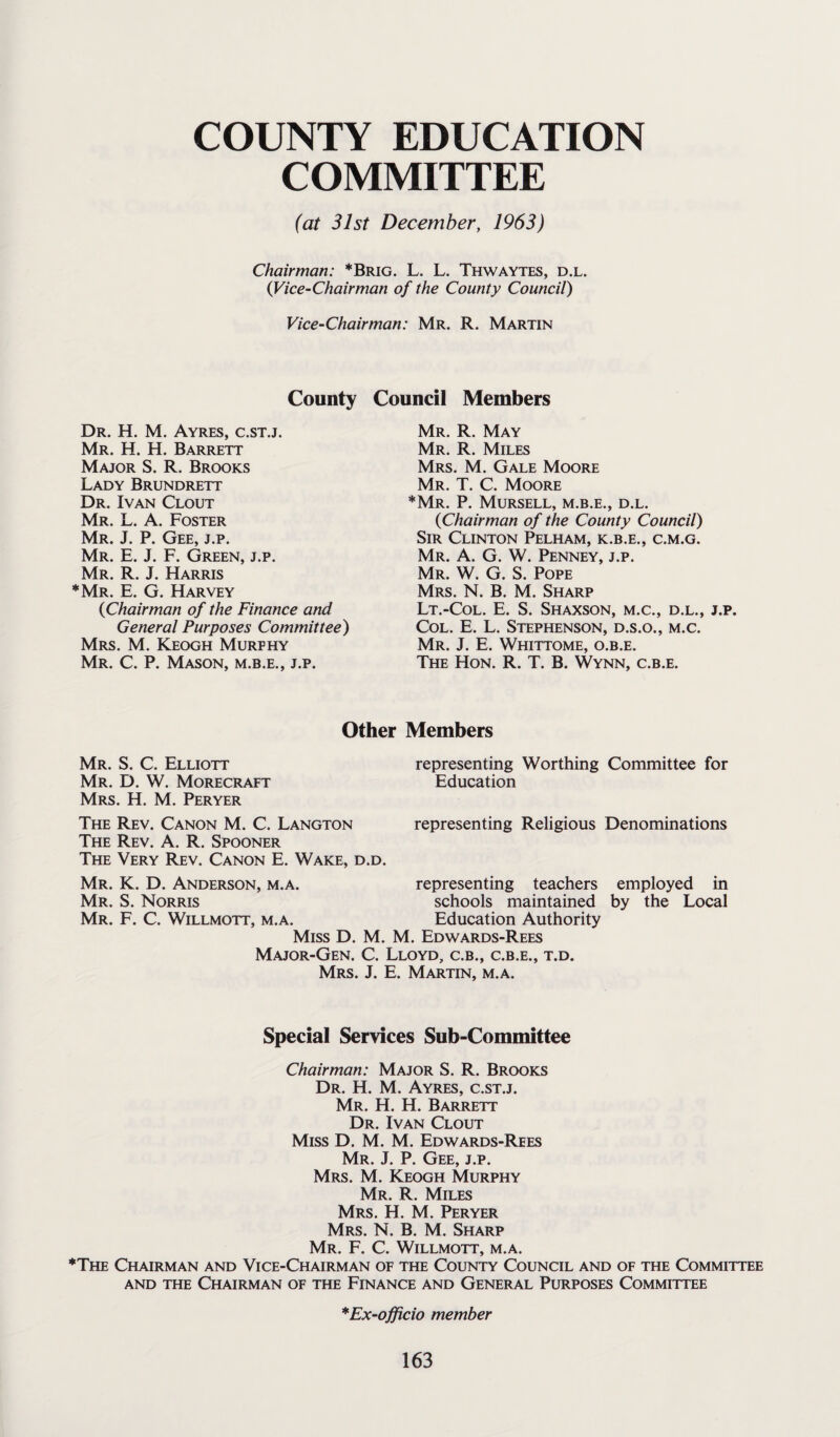 COUNTY EDUCATION COMMITTEE (at 31st December, 1963) Chairman: *Brig. L. L. Thwaytes, d.l. (Vice-Chairman of the County Council) Vice-Chairman: Mr. R. Martin County Council Members Dr. H. M. Ayres, c.st.j. Mr. H. H. Barrett Major S. R. Brooks Lady Brundrett Dr. Ivan Clout Mr. L. A. Foster Mr. J. P. Gee, j.p. Mr. E. J. F. Green, j.p. Mr. R. J. Harris *Mr. E. G. Harvey (Chairman of the Finance and General Purposes Committee) Mrs. M. Keogh Murphy Mr. C. P. Mason, m.b.e., j.p. Mr. R. May Mr. R. Miles Mrs. M. Gale Moore Mr. T. C. Moore *Mr. P. Mursell, m.b.e., d.l. (Chairman of the County Council) Sir Clinton Pelham, k.b.e., c.m.g. Mr. A. G. W. Penney, j.p. Mr. W. G. S. Pope Mrs. N. B. M. Sharp Lt.-Col. E. S. Shaxson, m.c., d.l., j.p. Col. E. L. Stephenson, d.s.o., m.c. Mr. J. E. Whittome, o.b.e. The Hon. R. T. B. Wynn, c.b.e. Other Members Mr. S. C. Elliott Mr. D. W. Morecraft Mrs. H. M. Peryer The Rev. Canon M. C. Langton The Rev. A. R. Spooner The Very Rev. Canon E. Wake, d.d. representing Worthing Committee for Education representing Religious Denominations Mr. K. D. Anderson, m.a. representing teachers employed in Mr. S. Norris schools maintained by the Local Mr. F. C. Willmott, m.a. Education Authority Miss D. M. M. Edwards-Rees Major-Gen. C. Lloyd, c.b., c.b.e., t.d. Mrs. J. E. Martin, m.a. Special Services Sub-Committee Chairman: Major S. R. Brooks Dr. H. M. Ayres, c.st.j. Mr. H. H. Barrett Dr. Ivan Clout Miss D. M. M. Edwards-Rees Mr. J. P. Gee, j.p. Mrs. M. Keogh Murphy Mr. R. Miles Mrs. H. M. Peryer Mrs. N. B. M. Sharp Mr. F. C. Willmott, m.a. *The Chairman and Vice-Chairman of the County Council and of the Committee and the Chairman of the Finance and General Purposes Committee *Ex-officio member