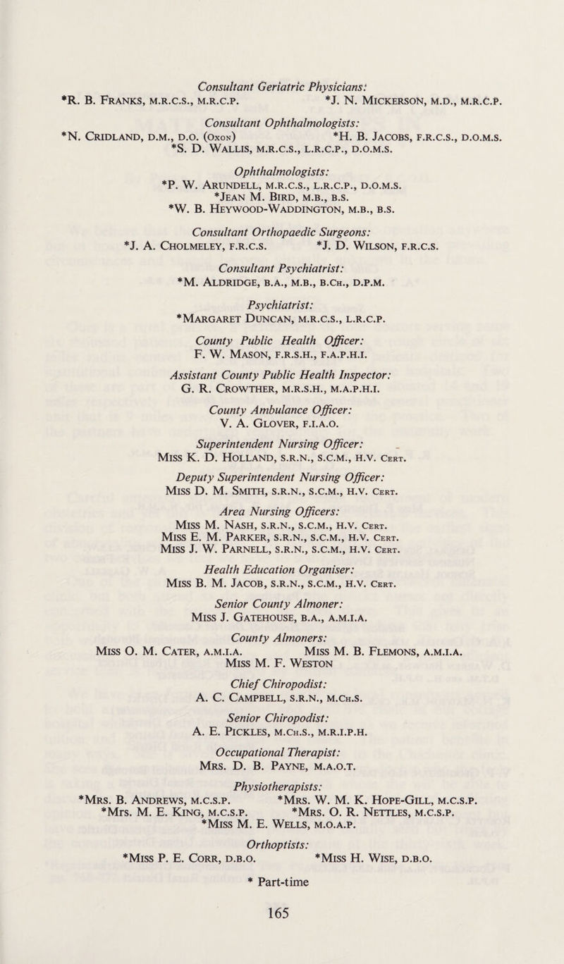 Consultant Geriatric Physicians: *R. B. Franks, m.r.c.s., m.r.c.p. *J. N. Mickerson, m.d., m.r.C.P. Consultant Ophthalmologists: *N. CRIDLAND, D.M., D.O. (Oxon) *H. B. JACOBS, F.R.C.S., D.O.M.S. *S. D. Wallis, m.r.c.s., l.r.c.p., d.o.m.s. Ophthalmologists: *P. W. Arundell, m.r.c.s., l.r.c.p., d.o.m.s. *Jean M. Bird, m.b., b.s. *W. B. Heywood-Waddington, m.b., b.s. Consultant Orthopaedic Surgeons: *J. A. Cholmeley, f.r.c.s. *J. D. Wilson, f.r.c.s. Consultant Psychiatrist: *M. Aldridge, b.a., m.b., b.ch., d.p.m. Psychiatrist: * Margaret Duncan, m.r.c.s., l.r.c.p. County Public Health Officer: F. W. Mason, f.r.s.h., f.a.p.h.i. Assistant County Public Health Inspector: G. R. CROWTHER, M.R.S.H., M.A.P.H.I. County Ambulance Officer: V. A. Glover, f.i.a.o. Superintendent Nursing Officer: Miss K. D. Holland, s.r.n., s.c.m., h.v. Cert. Deputy Superintendent Nursing Officer: Miss D. M. Smith, s.r.n., s.c.m., h.v. cert. Area Nursing Officers: Miss M. Nash, s.r.n., s.c.m., h.v. Cert. Miss E. M. Parker, s.r.n., s.c.m., h.v. cert. Miss J. W. Parnell, s.r.n., s.c.m., h.v. cert. Health Education Organiser: Miss B. M. Jacob, s.r.n., s.c.m., h.v. cert. Senior County Almoner: Miss J. Gatehouse, b.a., a.m.i.a. County Almoners: Miss O. M. Cater, a.m.i.a. Miss M. B. Flemons, a.m.i.a. Miss M. F. Weston Chief Chiropodist: A. C. Campbell, s.r.n., m.Ch.s. Senior Chiropodist: A. E. Pickles, m.Ch.s., m.r.i.p.h. Occupational Therapist: Mrs. D. B. Payne, m.a.o.t. Physiotherapists: *Mrs. B. Andrews, m.c.s.p. *Mrs. W. M. K. Hope-Gill, m.c.s.p. *Mrs. M. E. King, m.c.s.p. *Mrs. O. R. Nettles, m.c.s.p. *Miss M. E. Wells, m.o.a.p. Orthoptists: *Miss P. E. Corr, d.b.o. *Miss H. Wise, d.b.o. * Part-time