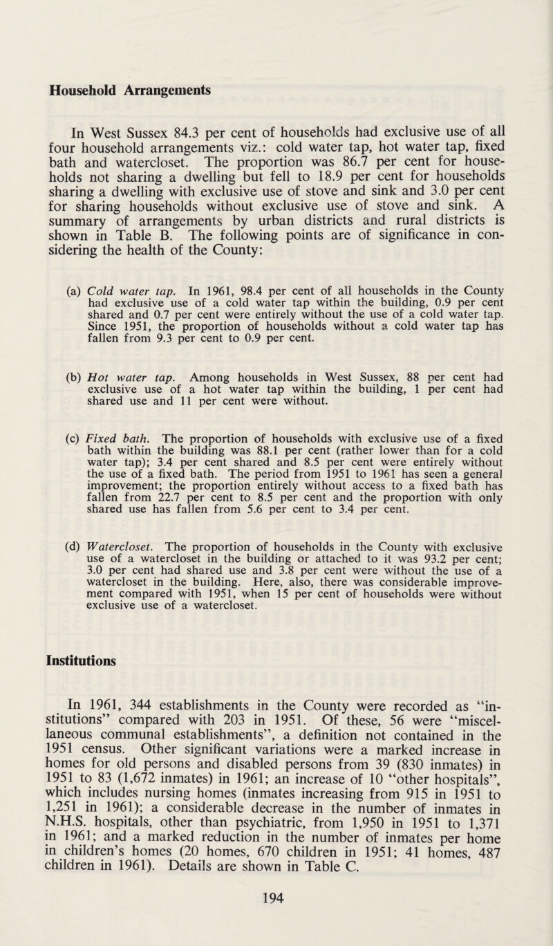 Household Arrangements In West Sussex 84.3 per cent of households had exclusive use of all four household arrangements viz.: cold water tap, hot water tap, fixed bath and watercloset. The proportion was 86.7 per cent for house¬ holds not sharing a dwelling but fell to 18.9 per cent for households sharing a dwelling with exclusive use of stove and sink and 3.0 per cent for sharing households without exclusive use of stove and sink. A summary of arrangements by urban districts and rural districts is shown in Table B. The following points are of significance in con¬ sidering the health of the County: (a) Cold water tap. In 1961, 98.4 per cent of all households in the County had exclusive use of a cold water tap within the building, 0.9 per cent shared and 0.7 per cent were entirely without the use of a cold water tap. Since 1951, the proportion of households without a cold water tap Iras fallen from 9.3 per cent to 0.9 per cent. (b) Hot water tap. Among households in West Sussex, 88 per cent had exclusive use of a hot water tap within the building, 1 per cent had shared use and 11 per cent were without. (c) Fixed bath. The proportion of households with exclusive use of a fixed bath within the building was 88.1 per cent (rather lower than for a cold water tap); 3.4 per cent shared and 8.5 per cent were entirely without the use of a fixed bath. The period from 1951 to 1961 has seen a general improvement; the proportion entirely without access to a fixed bath has fallen from 22.7 per cent to 8.5 per cent and the proportion with only shared use has fallen from 5.6 per cent to 3.4 per cent. (d) Watercloset. The proportion of households in the County with exclusive use of a watercloset in the building or attached to it was 93.2 per cent; 3.0 per cent had shared use and 3.8 per cent were without the use of a watercloset in the building. Here, also, there was considerable improve¬ ment compared with 1951, when 15 per cent of households were without exclusive use of a watercloset. Institutions In 1961, 344 establishments in the County were recorded as 4'in¬ stitutions” compared with 203 in 1951. Of these, 56 were “miscel¬ laneous communal establishments”, a definition not contained in the 1951 census. Other significant variations were a marked increase in homes for old persons and disabled persons from 39 (830 inmates) in 1951 to 83 (1,672 inmates) in 1961; an increase of 10 “other hospitals”, which includes nursing homes (inmates increasing from 915 in 1951 to 1,251 in 1961); a considerable decrease in the number of inmates in N.H.S. hospitals, other than psychiatric, from 1,950 in 1951 to 1,371 in 1961; and a marked reduction in the number of inmates per home in children’s homes (20 homes, 670 children in 1951; 41 homes, 487 children in 1961). Details are shown in Table C.