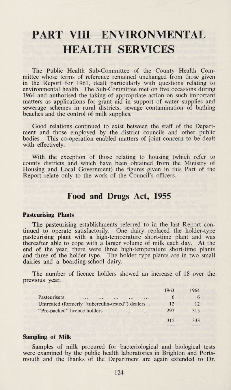 PART VIII—ENVIRONMENTAL HEALTH SERVICES The Public Health Sub-Committee of the County Health Com¬ mittee whose terms of reference remained unchanged from those given in the Report for 1961, dealt particularly with questions relating to environmental health. The Sub-Committee met on five occasions during 1964 and authorised the taking of appropriate action on such important matters as applications for grant aid in support of water supplies and sewerage schemes in rural districts, sewage contamination of bathing beaches and the control of milk supplies. Good relations continued to exist between the staff of the Depart¬ ment and those employed by the district councils and other public bodies. This co-operation enabled matters of joint concern to be dealt with effectively. With the exception of those relating to housing (which refer to county districts and which have been obtained from the Ministry of Housing and Local Government) the figures given in this Part of the Report relate only to the work of the Council’s officers. Food and Drugs Act, 1955 Pasteurising Plants The pasteurising establishments referred to in the last Report con¬ tinued to operate satisfactorily. One dairy replaced the holder-type pasteurising plant with a high-temperature short-time plant and was thereafter able to cope with a larger volume of milk each day. At the end of the year, there were three high-temperature short-time plants and three of the holder type. The holder type plants are in two small dairies and a boarding-school dairy. The number of licence holders showed an increase of 18 over the previous year. 1963 1964 Pasteurisers . 6 6 Untreated (formerly “tuberculin-tested”) dealers... 12 12 “Pre-packed” licence holders . 297 315 315 333 Sampling of Milk Samples of milk procured for bacteriological and biological tests were examined by the public health laboratories in Brighton and Ports¬ mouth and the thanks of the Department are again extended to Dr.