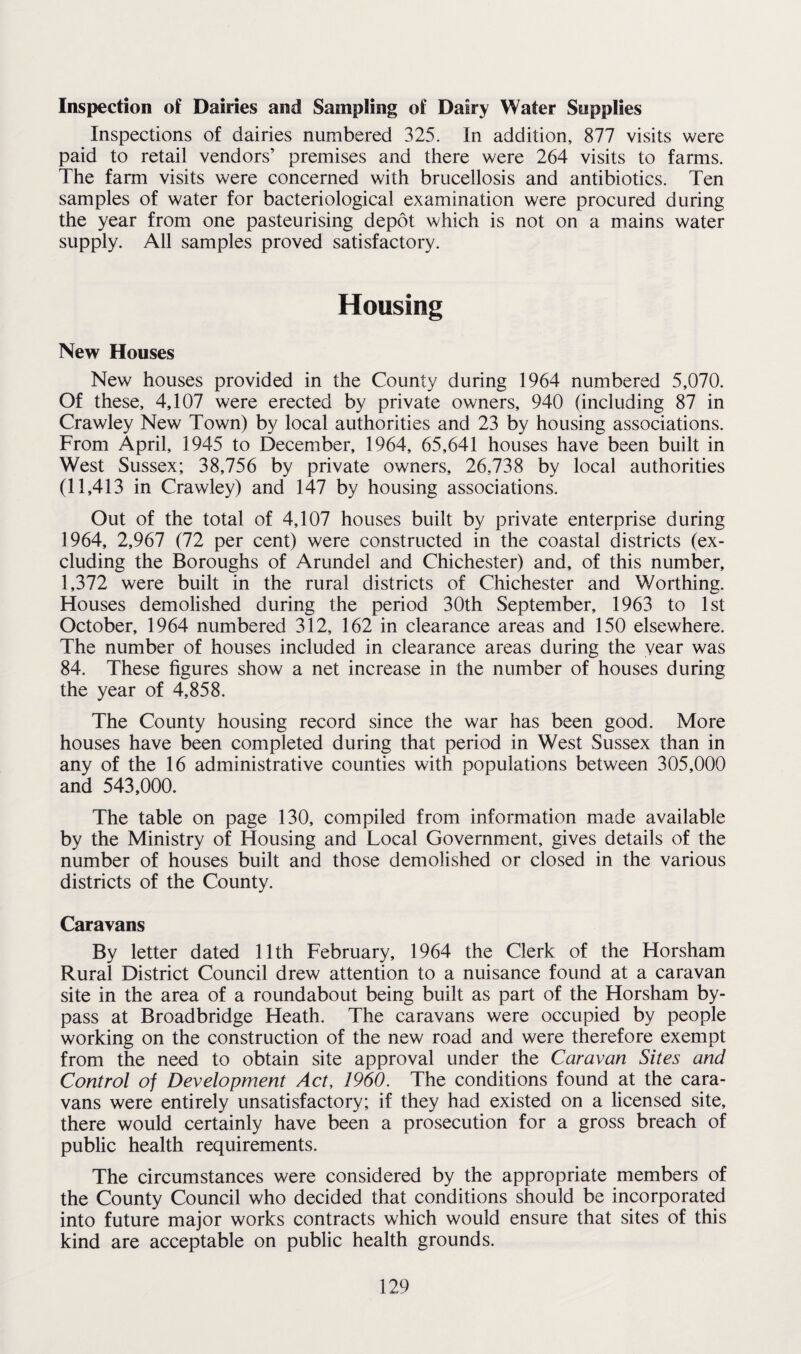 Inspection of Dairies and Sampling of Dairy Water Supplies Inspections of dairies numbered 325. In addition, 877 visits were paid to retail vendors’ premises and there were 264 visits to farms. The farm visits were concerned with brucellosis and antibiotics. Ten samples of water for bacteriological examination were procured during the year from one pasteurising depot which is not on a mains water supply. All samples proved satisfactory. Housing New Houses New houses provided in the County during 1964 numbered 5,070. Of these, 4,107 were erected by private owners, 940 (including 87 in Crawley New Town) by local authorities and 23 by housing associations. From April, 1945 to December, 1964, 65,641 houses have been built in West Sussex; 38,756 by private owners, 26,738 by local authorities (11,413 in Crawley) and 147 by housing associations. Out of the total of 4,107 houses built by private enterprise during 1964, 2,967 (72 per cent) were constructed in the coastal districts (ex¬ cluding the Boroughs of Arundel and Chichester) and, of this number, 1,372 were built in the rural districts of Chichester and Worthing. Houses demolished during the period 30th September, 1963 to 1st October, 1964 numbered 312, 162 in clearance areas and 150 elsewhere. The number of houses included in clearance areas during the year was 84. These figures show a net increase in the number of houses during the year of 4,858. The County housing record since the war has been good. More houses have been completed during that period in West Sussex than in any of the 16 administrative counties with populations between 305,000 and 543,000. The table on page 130, compiled from information made available by the Ministry of Housing and Local Government, gives details of the number of houses built and those demolished or closed in the various districts of the County. Caravans By letter dated 11th February, 1964 the Clerk of the Horsham Rural District Council drew attention to a nuisance found at a caravan site in the area of a roundabout being built as part of the Horsham by¬ pass at Broadbridge Heath. The caravans were occupied by people working on the construction of the new road and were therefore exempt from the need to obtain site approval under the Caravan Sites and Control of Development Act, I960. The conditions found at the cara¬ vans were entirely unsatisfactory; if they had existed on a licensed site, there would certainly have been a prosecution for a gross breach of public health requirements. The circumstances were considered by the appropriate members of the County Council who decided that conditions should be incorporated into future major works contracts which would ensure that sites of this kind are acceptable on public health grounds.