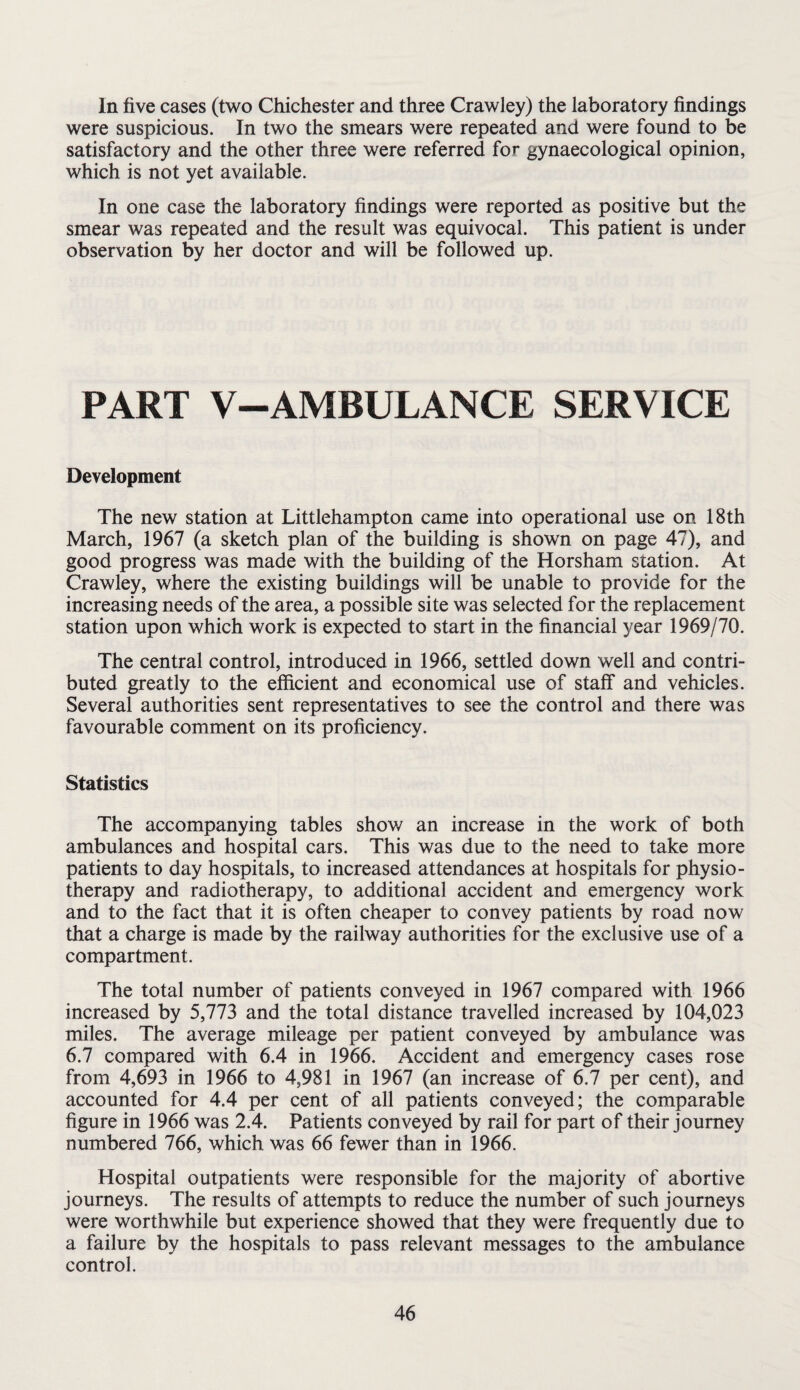 In five cases (two Chichester and three Crawley) the laboratory findings were suspicious. In two the smears were repeated and were found to be satisfactory and the other three were referred for gynaecological opinion, which is not yet available. In one case the laboratory findings were reported as positive but the smear was repeated and the result was equivocal. This patient is under observation by her doctor and will be followed up. PART V-AMBULANCE SERVICE Development The new station at Littlehampton came into operational use on 18th March, 1967 (a sketch plan of the building is shown on page 47), and good progress was made with the building of the Horsham station. At Crawley, where the existing buildings will be unable to provide for the increasing needs of the area, a possible site was selected for the replacement station upon which work is expected to start in the financial year 1969/70. The central control, introduced in 1966, settled down well and contri¬ buted greatly to the efficient and economical use of staff and vehicles. Several authorities sent representatives to see the control and there was favourable comment on its proficiency. Statistics The accompanying tables show an increase in the work of both ambulances and hospital cars. This was due to the need to take more patients to day hospitals, to increased attendances at hospitals for physio¬ therapy and radiotherapy, to additional accident and emergency work and to the fact that it is often cheaper to convey patients by road now that a charge is made by the railway authorities for the exclusive use of a compartment. The total number of patients conveyed in 1967 compared with 1966 increased by 5,773 and the total distance travelled increased by 104,023 miles. The average mileage per patient conveyed by ambulance was 6.7 compared with 6.4 in 1966. Accident and emergency cases rose from 4,693 in 1966 to 4,981 in 1967 (an increase of 6.7 per cent), and accounted for 4.4 per cent of all patients conveyed; the comparable figure in 1966 was 2.4. Patients conveyed by rail for part of their journey numbered 766, which was 66 fewer than in 1966. Hospital outpatients were responsible for the majority of abortive journeys. The results of attempts to reduce the number of such journeys were worthwhile but experience showed that they were frequently due to a failure by the hospitals to pass relevant messages to the ambulance control.