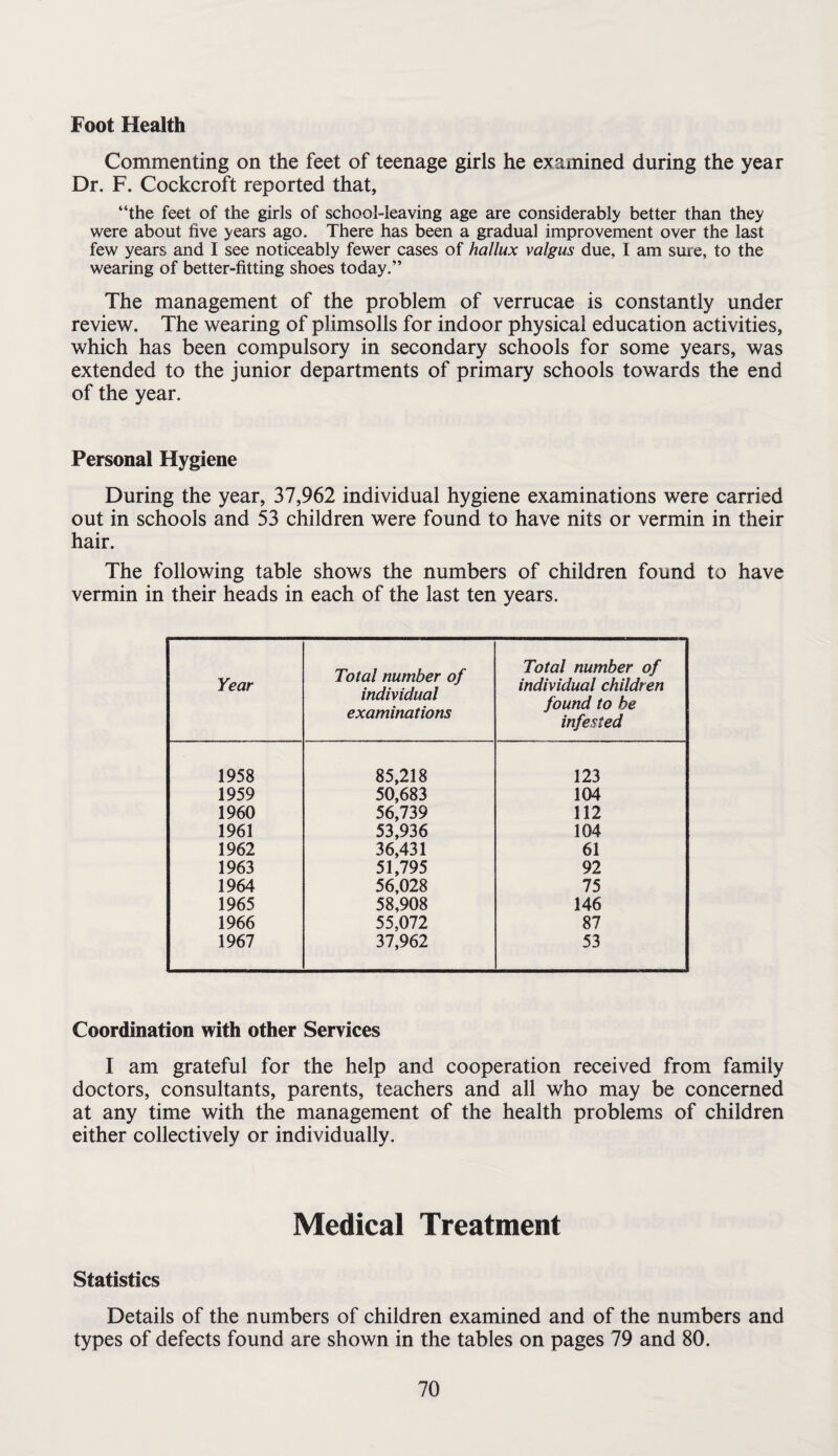 Foot Health Commenting on the feet of teenage girls he examined during the year Dr. F. Cockcroft reported that, “the feet of the girls of school-leaving age are considerably better than they were about five years ago. There has been a gradual improvement over the last few years and I see noticeably fewer cases of hallux valgus due, I am sure, to the wearing of better-fitting shoes today.” The management of the problem of verrucae is constantly under review. The wearing of plimsolls for indoor physical education activities, which has been compulsory in secondary schools for some years, was extended to the junior departments of primary schools towards the end of the year. Personal Hygiene During the year, 37,962 individual hygiene examinations were carried out in schools and 53 children were found to have nits or vermin in their hair. The following table shows the numbers of children found to have vermin in their heads in each of the last ten years. Year Total number of individual examinations Total number of individual children found to be infested 1958 85,218 123 1959 50,683 104 1960 56,739 112 1961 53,936 104 1962 36,431 61 1963 51,795 92 1964 56,028 75 1965 58,908 146 1966 55,072 87 1967 37,962 53 Coordination with other Services I am grateful for the help and cooperation received from family doctors, consultants, parents, teachers and all who may be concerned at any time with the management of the health problems of children either collectively or individually. Medical Treatment Statistics Details of the numbers of children examined and of the numbers and types of defects found are shown in the tables on pages 79 and 80.