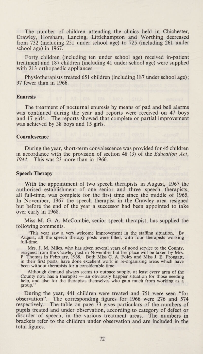 The number of children attending the clinics held in Chichester, Crawley, Horsham, Lancing, Littlehampton and Worthing decreased from 732 (including 251 under school age) to 725 (including 261 under school age) in 1967. Forty children (including ten under school age) received in-patient treatment and 187 children (including 41 under school age) were supplied with 213 orthopaedic appliances. Physiotherapists treated 651 children (including 187 under school age); 97 fewer than in 1966. Enuresis The treatment of nocturnal enuresis by means of pad and bell alarms was continued during the year and reports were received on 47 boys and 17 girls. The reports showed that complete or partial improvement was achieved by 38 boys and 15 girls. Convalescence During the year, short-term convalescence was provided for 45 children in accordance with the provision of section 48 (3) of the Education Act, 1944. This was 23 more than in 1966. Speech Therapy With the appointment of two speech therapists in August, 1967 the authorised establishment of one senior and three speech therapists, all full-time, was complete for the first time since the middle of 1965. In November, 1967 the speech therapist in the Crawley area resigned but before the end of the year a successor had been appointed to take over early in 1968. Miss M. G. A. McCombie, senior speech therapist, has supplied the following comments. “This year saw a very welcome improvement in the staffing situation. By August, all the speech therapy posts were filled, with four therapists working full-time. Mrs. J. M. Miles, who has given several years of good service to the County, resigned from the Crawley post in November but her place will be taken by Mrs. P. Thomas in February, 1968. Both Miss C. A. Foley and Miss J. E. Froggatt, in their first posts, have done excellent work in re-organizing areas which have been without therapists for a considerable time. Although demand always seems to outpace supply, at least every area of the County now has a therapist — an obviously happier situation for those needing help, and also for the therapists themselves who gain much from working as a group.” During the year, 441 children were treated and 751 were seen “for observation”. The corresponding figures for 1966 were 276 and 574 respectively. The table on page 73 gives particulars of the numbers of pupils treated and under observation, according to category of defect or disorder of speech, in the various treatment areas. The numbers in brackets refer to the children under observation and are included in the total figures.