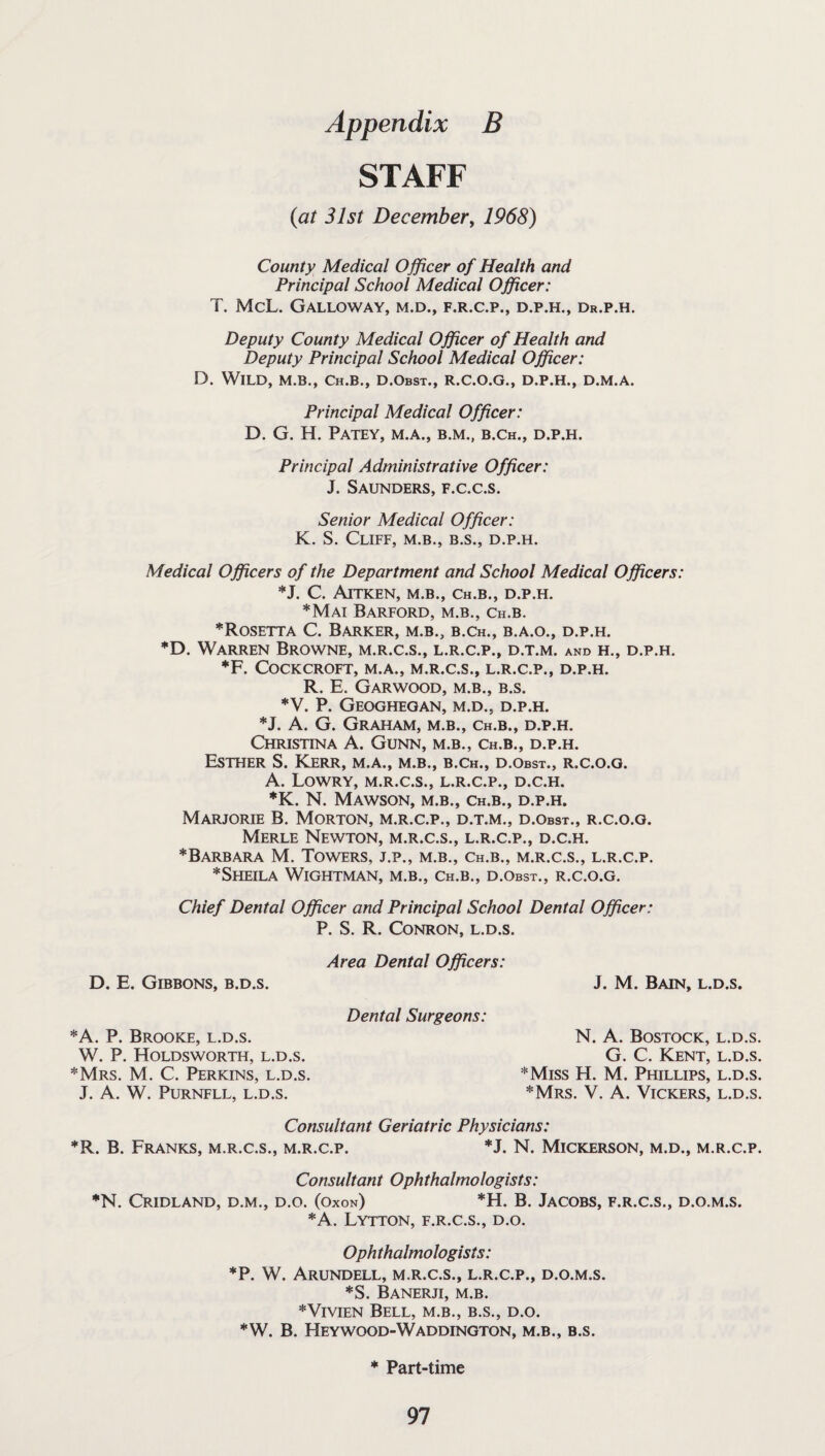 2^> STAFF {at 31st December, 1968) County Medical Officer of Health and Principal School Medical Officer: T. McL. Galloway, m.d., f.r.c.p., d.p.h., dr.p.h. Deputy County Medical Officer of Health and Deputy Principal School Medical Officer: D. Wild, m.b., Ch.b., d.Obst., r.c.o.g., d.p.h., d.m.a. Principal Medical Officer: D. G. H. Patey, M.A., B.M., b.Ch., d.p.h. Principal Administrative Officer: J. Saunders, f.c.c.s. Senior Medical Officer: K. S. Cliff, m.b., b.s., d.p.h. Medical Officers of the Department and School Medical Officers: *J. C. Aitken, m.b., Ch.B., d.p.h. *Mai Barford, M.B., Ch.b. *Rosetta C. Barker, m.b., b.Ch., b.a.o., d.p.h. *D. Warren Browne, m.r.c.s., l.r.c.p., d.t.m. and h., d.p.h. *F. Cockcroft, m.a., m.r.c.s., l.r.c.p., d.p.h. R. E. Garwood, m.b., b.s. *V. P. Geoghegan, m.d., D.P.H. *J. A. G. Graham, m.b., Ch.b., d.p.h. Christina A. Gunn, m.b., ch.b., d.p.h. Esther S. Kerr, m.a., m.b., b.Ch., d.Obst., r.c.o.g. A. Lowry, m.r.c.s., l.r.c.p., d.c.h. *K. N. Mawson, m.b., Ch.B., d.p.h. Marjorie B. Morton, m.r.c.p., d.t.m., d.Obst., r.c.o.g. Merle Newton, m.r.c.s., l.r.c.p., d.c.h. *Barbara M. Towers, j.p., m.b., Ch.b., m.r.c.s., l.r.c.p. *SHEILA WlGHTMAN, M.B., Ch.B., D.Obst., R.C.O.G. Chief Dental Officer and Principal School Dental Officer: P. S. R. CONRON, L.D.S. Area Dental Officers: D. E. Gibbons, b.d.s. J. M. Bain, l.d.s. Dental Surgeons: P. Brooke, l.d.s. N. A. Bostock, l.d.s. . P. Holdsworth, l.d.s. G. C. Kent, l.d.s. rs. M. C. Perkins, l.d.s. *Miss H. M. Phillips, l.d.s. J. A. W. Purnfll, l.d.s. *Mrs. V. A. Vickers, l.d.s. Consultant Geriatric Physicians: *R. B. Franks, m.r.c.s., m.r.c.p. *J. N. Mickerson, m.d., m.r.c.p. Consultant Ophthalmologists: *N. CRIDLAND, D.M., D.O. (Oxon) *H. B. JACOBS, F.R.C.S., D.O.M.S. *A. LYTTON, F.R.C.S., D.O. Ophthalmologists: *P. W. Arundell, m.r.c.s., L.R.C.P., D.O.M.S. *S. Banerji, m.b. * Vivien Bell, m.b., b.s., d.o. *W. B. HEYWOOD-WADDINGTON, M.B., B.S. * Part-time