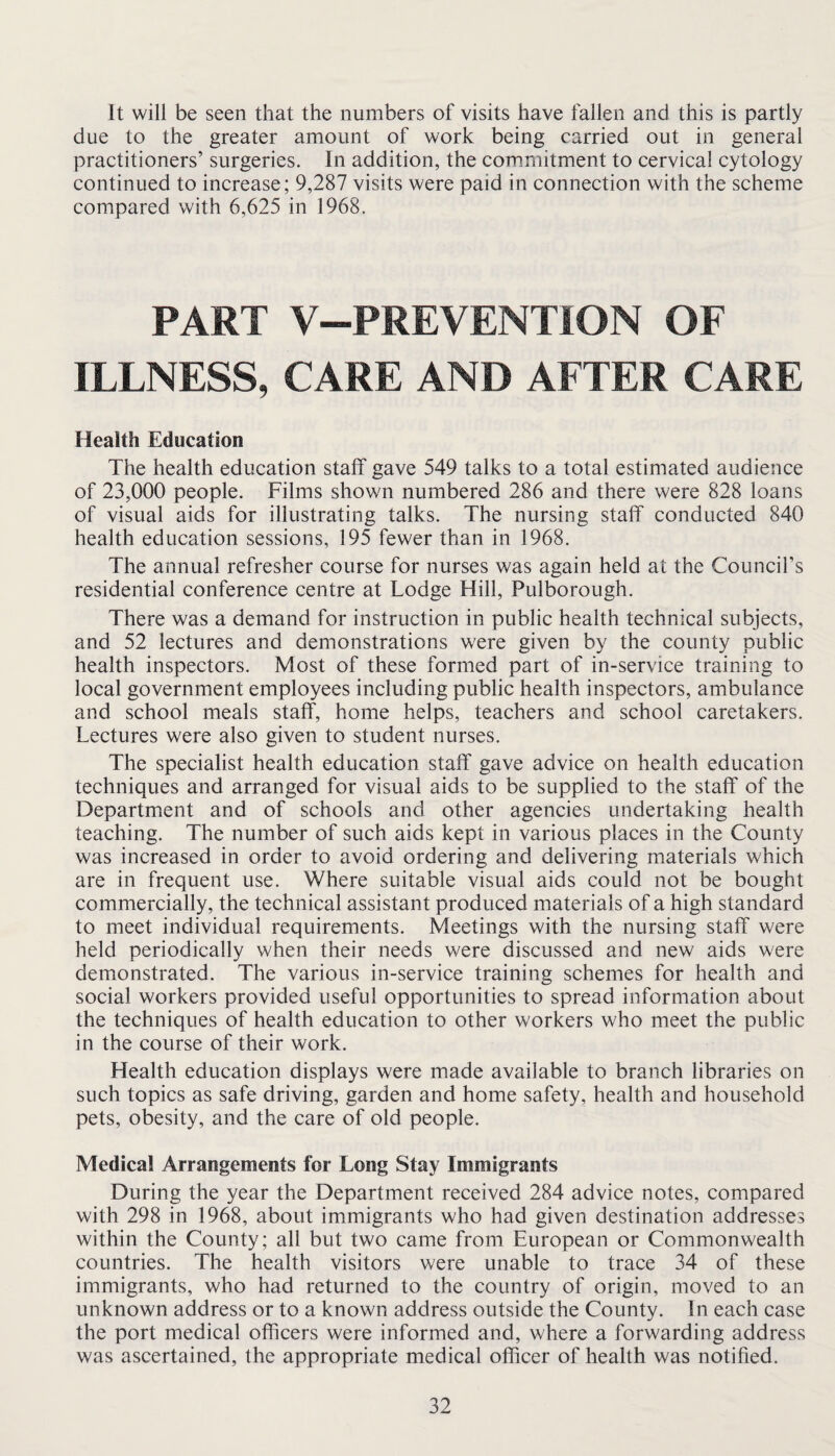 It will be seen that the numbers of visits have fallen and this is partly due to the greater amount of work being carried out in general practitioners’ surgeries. In addition, the commitment to cervical cytology continued to increase; 9,287 visits were paid in connection with the scheme compared with 6,625 in 1968. PART V-PREVENTION OF ILLNESS, CARE AND AFTER CARE Health Education The health education staff gave 549 talks to a total estimated audience of 23,000 people. Films shown numbered 286 and there were 828 loans of visual aids for illustrating talks. The nursing staff conducted 840 health education sessions, 195 fewer than in 1968. The annual refresher course for nurses was again held at the Council’s residential conference centre at Lodge Hill, Pulborough. There was a demand for instruction in public health technical subjects, and 52 lectures and demonstrations were given by the county public health inspectors. Most of these formed part of in-service training to local government employees including public health inspectors, ambulance and school meals staff, home helps, teachers and school caretakers. Lectures were also given to student nurses. The specialist health education staff gave advice on health education techniques and arranged for visual aids to be supplied to the staff of the Department and of schools and other agencies undertaking health teaching. The number of such aids kept in various places in the County was increased in order to avoid ordering and delivering materials which are in frequent use. Where suitable visual aids could not be bought commercially, the technical assistant produced materials of a high standard to meet individual requirements. Meetings with the nursing staff were held periodically when their needs were discussed and new aids were demonstrated. The various in-service training schemes for health and social workers provided useful opportunities to spread information about the techniques of health education to other workers who meet the public in the course of their work. Health education displays were made available to branch libraries on such topics as safe driving, garden and home safety, health and household pets, obesity, and the care of old people. Medical Arrangements for Long Stay Immigrants During the year the Department received 284 advice notes, compared with 298 in 1968, about immigrants who had given destination addresses within the County; all but two came from European or Commonwealth countries. The health visitors were unable to trace 34 of these immigrants, who had returned to the country of origin, moved to an unknown address or to a known address outside the County. In each case the port medical officers were informed and, where a forwarding address was ascertained, the appropriate medical officer of health was notified.