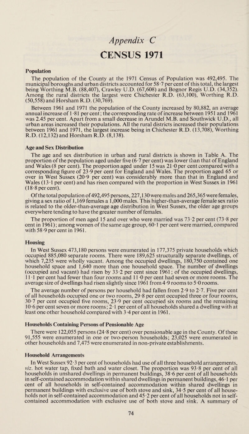 CENSUS 1971 Population The population of the County at the 1971 Census of Population was 492,495. The municipal boroughs and urban districts accounted for 58 -7 per cent of this total, the largest being Worthing M.B. (88,407), Crawley U.D. (67,608) and Bognor Regis U.D. (34,352). Among the rural districts the largest were Chichester R.D. (63,100), Worthing R.D. (50,558) and Horsham R.D. (30,769). Between 1961 and 1971 the population of the County increased by 80,882, an average annual increase of T81 per cent; the corresponding rate of increase between 1951 and 1961 was 2.45 per cent. Apart from a small decrease in Arundel M.B. and Southwick U.D., all urban areas increased their populations. All the rural districts increased their populations between 1961 and 1971, the largest increase being in Chichester R.D. (13,708), Worthing R.D. (12,132) and Horsham R.D. (8,138). Age and Sex Distribution The age and sex distribution in urban and rural districts is shown in Table A. The proportion of the population aged under five (6-7 per cent) was lower ihan that of England and Wales (8 per cent). The proportion aged under 15 was 21 -0 per cent compared with a corresponding figure of 23-9 per cent for England and Wales. The proportion aged 65 or over in West Sussex (20-9 per cent) was considerably more than that in England and Wales (13T per cent) and has risen compared with the proportion in West Sussex in 1961 (18-8 percent). Of the total population of492,495 persons, 227,130 were males and 265,365 were females, giving a sex ratio of 1,169 females a 1,000 males. This higher-than-average female sex ratio is related to the older-than-average age distribution in West Sussex, the older age groups everywhere tending to have the greater number of females. The proportion of men aged 15 and over who were married was 73 -2 per cent (73 -8 per cent in 1961); among women of the same age group, 60 T per cent were married, compared with 58-9 per cent in 1961. Housing In West Sussex 473,180 persons were enumerated in 177,375 private households which occupied 885,080 separate rooms. There were 189,625 structurally separate dwellings, of which 7,235 were wholly vacant. Among the occupied dwellings, 180,750 contained one household space and 1,640 more than one household space. The number of dwellings (occupied and vacant) had risen by 33-2 per cent since 1961; of the occupied dwellings, 111 per cent had fewer than four rooms and 11 -0 per cent had seven or more rooms. The average size of dwellings had risen slightly since 1961 from 4-9 rooms to 5 -0 rooms. The average number of persons per household had fallen from 2-9 to 2-7. Five per cent of all households occupied one or two rooms, 29-8 per cent occupied three or four rooms, 30-7 per cent occupied five rooms, 23-9 per cent occupied six rooms and the remaining 10-6 percent seven or more rooms; 2 1 per cent of all households shared a dwelling with at least one other household compared with 3 -4 per cent in 1961. Households Containing Persons of Pensionable Age There were 122,055 persons (24-8 per cent) over pensionable age in the County. Of these 91,555 were enumerated in one or two-person households; 23,025 were enumerated in other households and 7,475 were enumerated in non-private establishments. Household Arrangements In West Sussex 92-3 per cent of households had use of all three household arrangements, viz. hot water tap, fixed bath and water closet. The proportion was 93-8 per cent of all households in unshared dwellings in permanent buildings, 38 -6 per cent of all households in self-contained accommodation within shared dwellings in permanent buildings, 46T per cent of all households in self-contained accommodation within shared dwellings in permanent buildings with exclusive use of both stove and sink, 34-5 per cent of all house¬ holds not in self-contained accommodation and 45 -2 per cent of all households not in self- contained accommodation with exclusive use of both stove and sink. A summary of