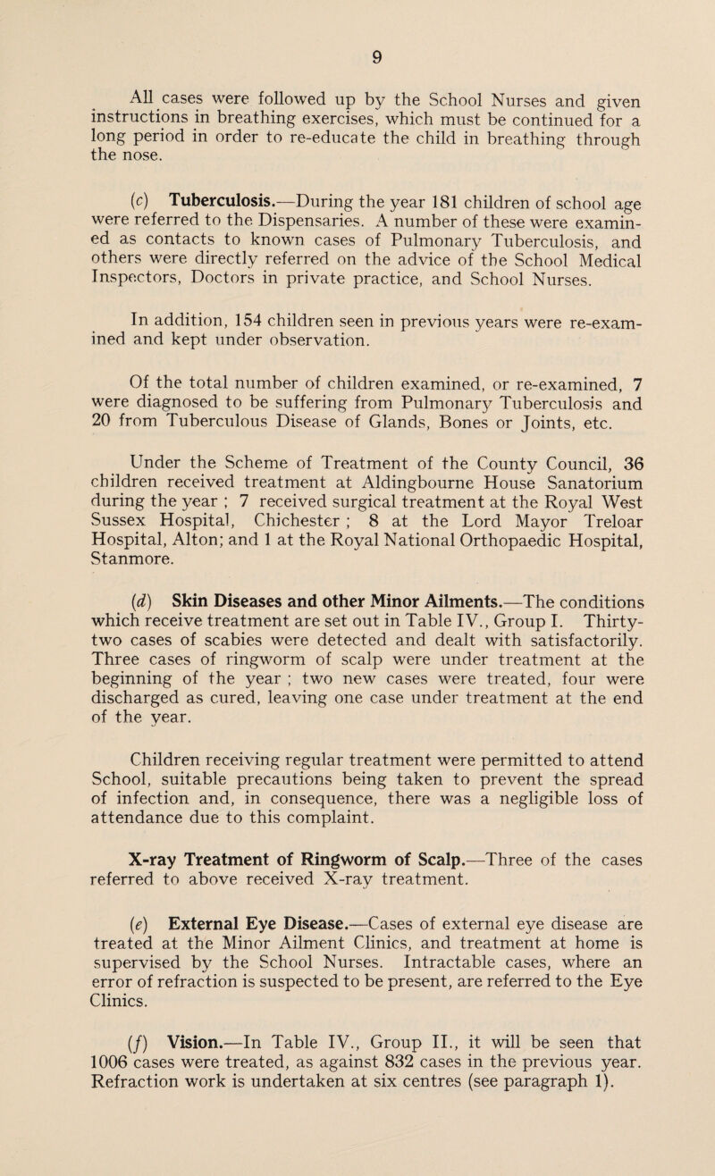 All cases were followed up by the School Nurses and given instructions in breathing exercises, which must be continued for a long period in order to re-educate the child in breathing through the nose. (c) Tuberculosis.—During the year 181 children of school age were referred to the Dispensaries. A number of these were examin¬ ed as contacts to known cases of Pulmonary Tuberculosis, and others were directly referred on the advice of the School Medical Inspectors, Doctors in private practice, and School Nurses. In addition, 154 children seen in previous years were re-exam¬ ined and kept under observation. Of the total number of children examined, or re-examined, 7 were diagnosed to be suffering from Pulmonary Tuberculosis and 20 from Tuberculous Disease of Glands, Bones or Joints, etc. Under the Scheme of Treatment of the County Council, 36 children received treatment at Aldingbourne House Sanatorium during the year ; 7 received surgical treatment at the Royal West Sussex Hospital, Chichester ; 8 at the Lord Mayor Treloar Hospital, Alton; and 1 at the Royal National Orthopaedic Hospital, Stanmore. (d) Skin Diseases and other Minor Ailments.—The conditions which receive treatment are set out in Table IV., Group I. Thirty- two cases of scabies were detected and dealt with satisfactorily. Three cases of ringworm of scalp were under treatment at the beginning of the year ; two new cases were treated, four were discharged as cured, leaving one case under treatment at the end of the year. Children receiving regular treatment were permitted to attend School, suitable precautions being taken to prevent the spread of infection and, in consequence, there was a negligible loss of attendance due to this complaint. X-ray Treatment of Ringworm of Scalp.—Three of the cases referred to above received X-ray treatment. (e) External Eye Disease.—Cases of external eye disease are treated at the Minor Ailment Clinics, and treatment at home is supervised by the School Nurses. Intractable cases, where an error of refraction is suspected to be present, are referred to the Eye Clinics. (/) Vision.—In Table IV., Group II., it will be seen that 1006 cases were treated, as against 832 cases in the previous year. Refraction work is undertaken at six centres (see paragraph 1).