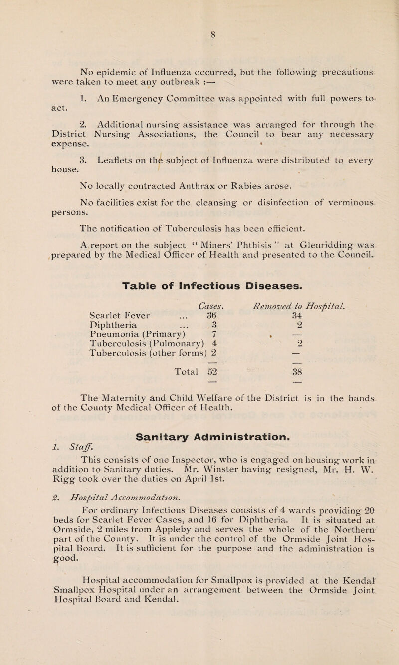 No epidemic of Influenza occurred, but the following- precautions were taken to meet any outbreak :— 1. An Emergency Committee was appointed with full powers to act. 2. Additional nursing assistance was arranged for through the District Nursing Associations, the Council to bear any necessary expense. « 3. Leaflets on the subject of Influenza were distributed to every house. No locally contracted Anthrax or Rabies arose. No facilities exist for the cleansing or disinfection of verminous persons. The notification of Tuberculosis has been efficient. A report on the subject “ Miners’ Phthisis ” at Glenridding was prepared by the Medical Officer of Health and presented to the Council. Table of Infectious Diseases. Cases. Scarlet Fever ... 36 Diphtheria ... 3 Pneumonia (Primary) 7 Tuberculosis (Pulmonary) 4 Tuberculosis (other forms) 2 Total 52 The Maternity and Child Welfare of the District is in the hands of the County Medical Officer of Health. Sanitary Administration. 1. Staff. This consists of one Inspector, who is engaged on housing work in addition to Sanitary duties. Mr. Winster having resigned, Mr. H. W. Rigg took over the duties on April 1st. 2. Hospital Accommodation. For ordinary Infectious Diseases consists of 4 wards providing 20 beds for Scarlet Fever Cases, and 16 for Diphtheria. It is situated at Ormside, 2 miles from Appleby and serves the whole of the Northern part of the County. It is under the control of the Ormside Joint Hos¬ pital Board. It is sufficient for the purpose and the administration is good. Removed to Hospital. 34 2 o 38 Hospital accommodation for Smallpox is provided at the Kendal Smallpox Hospital under an arrangement between the Ormside joint Hospital Board and Kendal.